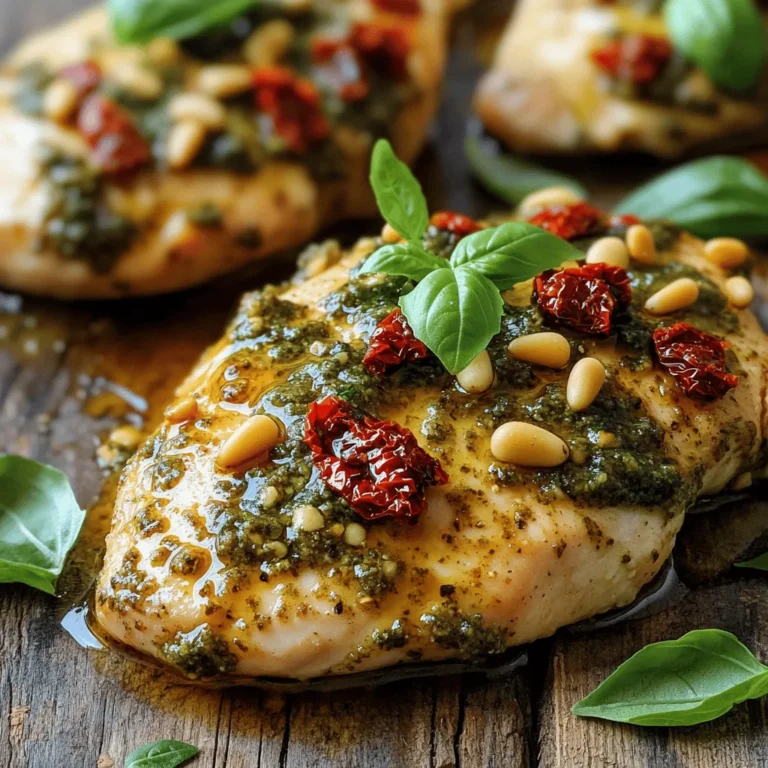 To make Sun-Dried Tomato Pesto Chicken, you need these main items: - 2 large chicken breasts - 1/2 cup sun-dried tomatoes in oil, drained and finely chopped - 1/3 cup fresh basil leaves, tightly packed - 1/4 cup grated Parmesan cheese - 1/4 cup pine nuts, lightly toasted - 2 cloves garlic, minced - 1/3 cup extra virgin olive oil - Salt and freshly ground black pepper to taste - Extra fresh basil leaves for garnish These ingredients bring bold flavors to your dish. The sun-dried tomatoes add a sweet tang, while the basil gives a fresh kick. Parmesan and pine nuts give richness and texture. You can add some optional items for extra flavor: - Lemon juice for brightness - Crushed red pepper for heat - Fresh spinach or arugula for added greens These ingredients can enhance your dish, making it even more special. A splash of lemon juice brightens the pesto, while greens add nutrition. If you don’t have some ingredients, here are easy swaps: - Chicken thighs instead of breasts for more flavor - Cashews or walnuts instead of pine nuts - Spinach instead of basil for a different taste These substitutions keep your dish tasty. You can adjust based on what you have at home. Remember, cooking is all about creativity! For the complete recipe, check the Full Recipe section. To make sun-dried tomato pesto, gather your ingredients first. You need sun-dried tomatoes, fresh basil, Parmesan cheese, pine nuts, garlic, and olive oil. Use a food processor for this task. Add the sun-dried tomatoes, basil, Parmesan, pine nuts, and garlic to the bowl. Pulse until the mix is coarsely blended. You want it to be well combined but not too smooth. Next, slowly drizzle in the olive oil while the processor runs. This helps the pesto become creamy. Stop to taste it. If it needs salt or pepper, add some now. Adjust it to your liking. Your pesto is now ready to use! Now, let's prepare the chicken. Start by preheating your oven to 375°F (190°C). Take your chicken breasts and pat them dry with a paper towel. This step makes the chicken sear better. Season both sides with salt and pepper. Heat a bit of olive oil in an oven-safe skillet over medium heat. Once it's hot, add the chicken. Sear the chicken for about 4-5 minutes on each side. Look for a nice golden-brown crust. This step locks in flavor and moisture. After searing, remove the skillet from heat. Spread the sun-dried tomato pesto evenly over the chicken. Make sure each piece is well-covered. This adds loads of flavor! Next, carefully move the skillet to your preheated oven. Bake the chicken for 20-25 minutes. It’s done when the internal temperature reaches 165°F (75°C). Once baked, take the skillet out and let the chicken rest for 5 minutes. This helps the juices settle. For a lovely touch, garnish with fresh basil before serving. This dish pairs well with roasted vegetables or a fresh salad. Enjoy your flavorful dinner! For the full recipe, refer to the above instructions. To keep your chicken juicy, start with fresh, high-quality breasts. Pat them dry before seasoning. This step helps the seasoning stick better. Use salt and pepper liberally for great flavor. Sear the chicken on medium heat for 4-5 minutes per side. Look for a golden crust; it adds taste and texture. After cooking, let your chicken rest for 5 minutes. This step locks in juices, ensuring each bite is soft and tender. For the best sun-dried tomato pesto, choose ripe tomatoes packed in oil. This oil adds depth to the flavor. Blend your ingredients until they are coarsely mixed, not pureed. This gives the pesto texture. When adding olive oil, do it slowly while blending. This creates a smooth, creamy pesto. Don’t forget to taste it! Adjust the salt and pepper based on your preference. Always store leftover pesto in the fridge in a sealed container. When serving, use a large, flat plate to showcase your chicken. Drizzle any leftover pesto over the top for a pop of color. Garnish with fresh basil leaves for a lively touch. Arrange some extra basil around the chicken for an elegant look. Pair it with roasted vegetables or a fresh salad to complete the meal. This makes for a beautiful and inviting dinner. For the full recipe, check the details above. {{image_4}} You can swap chicken for other proteins. Try using turkey breast or pork chops. Both options work well with sun-dried tomato pesto. For a vegetarian twist, use firm tofu or eggplant. Just ensure to adjust cooking times based on the protein you choose. Each option brings a unique flavor that enhances the dish. While sun-dried tomatoes shine in this recipe, you can explore other pesto flavors. Consider using roasted red peppers for a sweet twist. Spinach or kale can add depth and health benefits. You might also enjoy a classic basil pesto for a fresh taste. Each variation can bring a new life to your dinner! Serve this dish with a side of pasta or a fresh salad. Roasted vegetables add color and nutrients, balancing the meal. For a heartier option, pair it with quinoa or rice. You could also add crusty bread to soak up the pesto. This way, you create a complete dining experience that delights everyone at the table. To keep your sun-dried tomato pesto chicken fresh, store it in an airtight container. Make sure to let the chicken cool down before sealing it. This helps to avoid condensation. You can store it in the fridge for up to three days. When you’re ready to eat, reheat the chicken gently. You can use a microwave or an oven. If using a microwave, place the chicken on a plate and cover it with a damp paper towel. Heat for 1-2 minutes. If using an oven, preheat it to 350°F (175°C) and heat for about 10-15 minutes. If you want to save some for later, you can freeze the chicken. First, let it cool completely. Wrap each piece tightly in plastic wrap, then place them in a freezer bag. It can last up to three months in the freezer. When you’re ready to enjoy it, thaw it in the fridge overnight before reheating. For the full recipe, check the details above. You can use fresh tomatoes, but the taste will change. Sun-dried tomatoes bring a deep flavor that fresh tomatoes lack. If you choose fresh, roast them first to enhance the taste. This step adds sweetness and richness, making your dish more delicious. Homemade sun-dried tomato pesto lasts about one week in the fridge. Store it in an airtight container to keep it fresh. If you want to extend its life, freeze it in ice cube trays. This way, you can enjoy small portions later. Yes, this recipe is great for meal prep! Cook extra chicken and store it in the fridge. Pair it with veggies or pasta for quick meals throughout the week. The flavors also deepen as it sits, making each meal even tastier. For the full recipe, check the details above! This post covered how to make sun-dried tomato pesto and cook chicken well. I shared tips for juicy meat and best ways to serve your dish. You learned about ingredient options and storage methods. Finally, I answered common questions. With these steps, you can enjoy a tasty meal anytime. Now it’s your turn to try this recipe. Enjoy your cooking!