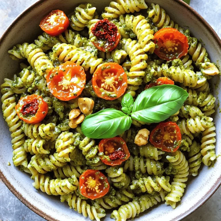 - 2 cups pasta (fusilli or penne) - 1 cup sun-dried tomatoes, packed in oil, drained and chopped - 1/2 cup fresh basil leaves, tightly packed - 1/4 cup walnuts, lightly toasted - 1/2 cup freshly grated Parmesan cheese - 1/4 cup extra virgin olive oil - 2 cloves garlic, finely minced - Salt and freshly cracked black pepper, to taste - Cherry tomatoes, halved (for garnish) - Extra fresh basil leaves, for garnish I love using fresh and simple ingredients for this dish. The sun-dried tomatoes add a rich flavor. They bring a sweet and tangy taste that pairs well with the pasta. Fresh basil adds a bright note. It gives a lovely aroma. Walnuts give a nice crunch and depth to the pesto. The Parmesan cheese melts into the dish, adding creaminess. Extra virgin olive oil binds everything together. It makes the pesto smooth and easy to mix. Garlic offers a bold kick, enhancing all the flavors. You can also add some optional ingredients. Red pepper flakes add a spicy touch. A splash of lemon juice gives a fresh brightness. Both can take your dish to the next level. For the full recipe, check out the sections below to see how to bring these flavors together! - Bring salted water to a boil. - Cook pasta according to package directions. Start by boiling salted water in a large pot. The salt helps to flavor the pasta. Once the water bubbles, add your chosen pasta. I like fusilli or penne for this dish. Cook until the pasta is al dente. This means it should be firm but not hard. Reserve about half a cup of the water. Drain the pasta and set it aside in a large bowl. - Combine ingredients in a food processor. - Blend until smooth and creamy. While your pasta cooks, let's make the pesto. In a food processor, add sun-dried tomatoes, fresh basil, toasted walnuts, grated Parmesan, and minced garlic. Pulse until everything is finely chopped. This step releases the flavors. Next, with the processor running, slowly pour in the olive oil. Blend until it is smooth and creamy. If it’s too thick, add some reserved pasta water to reach your desired texture. - Mix pesto with pasta. - Season and garnish before serving. Now, it’s time to combine the pasta and pesto. Add the pesto to the drained pasta in the bowl. Toss gently so every piece gets covered in that vibrant sauce. Season with salt and pepper to taste. You can also add a splash more olive oil for extra flavor. Finally, plate your pasta. Garnish with halved cherry tomatoes and fresh basil leaves for a beautiful finish. Enjoy your meal! How to cook pasta al dente Cooking pasta al dente means it is firm to the bite. Start by boiling salted water. Once it boils, add your pasta. Check the package for cooking time but taste a minute early. It should be cooked but still have a slight bite when you chew. Importance of reserving pasta water Always save some pasta water before draining. The starchy water helps your sauce stick to the pasta. If your pesto seems dry, add a splash of this water to make it creamy. Using fresh ingredients for better flavor Fresh ingredients make your pesto pop with taste. Choose vibrant basil leaves and high-quality sun-dried tomatoes. Fresh Parmesan cheese adds a rich, nutty flavor that store-bought cheese lacks. Alternative nuts for the pesto While walnuts work well in this recipe, feel free to try other nuts. Pine nuts are classic, but you can use almonds or pecans for a twist. Each nut brings a different taste and texture to your pesto. Best garnish options Garnish your pasta for a beautiful finish. Halved cherry tomatoes add color and freshness. Extra basil leaves also brighten the plate and enhance the flavor. Pairing with salads or proteins This pasta pairs well with a light salad or chicken. A simple arugula salad complements its rich flavors. Grilled chicken or shrimp adds protein and makes the meal hearty. For the full recipe, check out the Sun-Dried Tomato Pesto Pasta Delight. {{image_4}} For those with dietary needs, I have great options. - Gluten-free pasta options: You can use gluten-free pasta like brown rice or chickpea pasta. Both options work well. They cook nicely and blend well with the pesto. - Vegan adaptations: To make this dish vegan, skip the cheese. Use nutritional yeast instead for a cheesy flavor. You can also add more nuts for protein. Adding different herbs can change the dish's taste. - Adding different herbs like parsley: Fresh parsley adds a bright touch. It pairs well with the sun-dried tomatoes. You can also try basil, oregano, or thyme. Each herb gives a unique flavor. - Using sun-dried tomato pesto on other dishes: This pesto is not just for pasta. You can spread it on sandwiches or use it as a dip. It works well with grilled veggies or on pizza, too. Using fresh, seasonal ingredients makes the dish better. - Incorporating seasonal vegetables: Add veggies like zucchini or bell peppers in summer. In winter, try adding spinach or kale. These veggies not only add color but also extra nutrients. - Adapting for summer or winter flavors: In summer, use lighter flavors like lemon zest. For winter, consider adding roasted garlic for a warm taste. Each season brings new possibilities for this dish. These variations can make your sun-dried tomato pesto pasta even more exciting. Feel free to explore these ideas and see what you like best! For the full recipe, check out the recipe section above. To store leftover Sun-Dried Tomato Pesto Pasta, place it in an airtight container. This keeps the pasta fresh and tasty. Make sure to cool the pasta to room temperature before sealing it up. In the fridge, it lasts for about 3 to 5 days. Always check for any off smells or changes in texture before eating. You can freeze any leftover pesto for later use. Here’s how: - Pour the pesto into a freezer-safe container or ice cube tray. - Seal tightly to prevent freezer burn. - Label the container with the date for easy reference. It can stay frozen for up to 3 months. When you’re ready to use it, thaw the pesto overnight in the fridge. For quicker thawing, place the container in warm water. When reheating your pasta, you want to keep it moist. Here are some best practices: - Use a microwave-safe dish and cover it with a damp paper towel. This adds steam and keeps the pasta from drying out. - For stovetop reheating, add a splash of water or extra olive oil to the pan. This helps revive the pasta. By adding moisture and using gentle heat, your pasta will taste just as good as when you first made it. You can use various pasta types for this dish. Fusilli and penne are my favorites. They hold the sauce well. You can also try spaghetti or bowtie pasta. Make sure to cook it al dente for the best texture. This means the pasta should be firm when bitten. Yes, you can use store-bought pesto. However, homemade pesto has a fresher taste. Store-bought options may lack the depth of flavor. Making your own gives you control over the ingredients. You can adjust the garlic, nuts, and cheese to suit your taste. If you're short on time, store-bought is a good alternative. To adjust the recipe, simply multiply the ingredients. For example, if you want to serve eight, double everything. Use four cups of pasta, two cups of sun-dried tomatoes, and so on. Keep the ratios the same, and you will have a larger batch. Just remember to use a bigger pot for cooking. Yes, you can make this dish ahead of time. Cook the pasta and prepare the pesto. Store them separately in the fridge. When you are ready to serve, mix them together. This keeps the pasta from getting soggy. You can also store leftovers for a quick meal later. This blog post covered a delicious pasta dish with sun-dried tomato pesto. You learned about key ingredients, cooking steps, and fun ways to switch it up. Remember to use fresh ingredients for the best taste. Try these tips for making and storing your dish. You can enjoy it now or later. Pesto pasta is simple and tasty, perfect for meals at home. You’ll impress your family and friends with this easy recipe. Enjoy your cooking adventure!