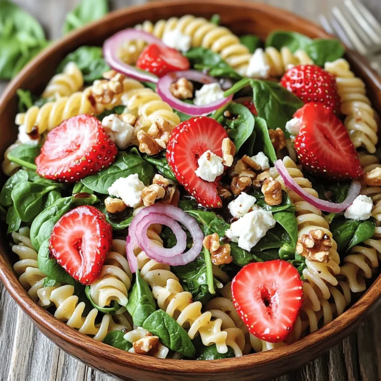 - 8 oz fusilli pasta - 4 cups fresh spinach, roughly chopped - 2 cups ripe strawberries, hulled and sliced - 1/2 cup feta cheese, crumbled - 1/4 cup walnuts, toasted and coarsely chopped - 1/2 red onion, thinly sliced - 1/4 cup balsamic vinaigrette - Sea salt and freshly cracked black pepper, to taste When choosing pasta for this salad, fusilli works great. It holds the dressing well. You can use penne or rotini if you prefer. For a gluten-free option, try gluten-free pasta. It tastes good too! Each main ingredient brings health benefits. Spinach is rich in vitamins A and C. Strawberries are packed with antioxidants and fiber. Walnuts add healthy fats and protein. Feta cheese gives a nice flavor and calcium. This salad is vegetarian. If you need a vegan version, swap feta for a plant-based cheese. Gluten-free pasta makes it suitable for those with gluten intolerance. Enjoy this dish with good food and good friends! For the full recipe, check out the details above. Cooking the pasta: Tips for perfect al dente texture To cook fusilli pasta, start with a large pot of water. Add salt to the water. Bring the water to a boil. Add the pasta and stir it gently. Cook for 8-10 minutes. Check for al dente by tasting a piece. It should be firm but not hard. Once done, drain the pasta. Rinse it under cold water right away. This stops the cooking. Let it cool while you prepare the salad. Mixing the salad: Techniques for even distribution In a big bowl, combine the cooled pasta with fresh spinach, strawberries, feta cheese, walnuts, and red onion. I like to add each item slowly. This way, you can see how it looks. Use clean hands or a large spoon to mix it gently. Make sure each ingredient is spread out evenly. This helps every bite taste great. Dressing the salad: How to achieve the right balance of flavors Now it’s time to dress the salad. Drizzle the balsamic vinaigrette over the mixed salad. Use salad tongs or a spoon to toss everything gently. You want all the ingredients to be coated well. Taste the salad and add sea salt and freshly cracked black pepper to your liking. Mix it again to blend the seasonings. Let the salad sit for about 10 minutes before serving. This lets the flavors blend and taste even better. For the full recipe, check out the details above. - What are the best sides to accompany the salad? This salad pairs well with grilled chicken or fish. You can also serve it with crusty bread. These sides enhance the meal without overpowering the salad’s fresh flavors. - What is the ideal serving temperature? Serve this salad chilled or at room temperature. Chilling it helps the flavors blend while keeping the salad crisp and fresh. - What are some presentation hacks for an impressive dish? Use a colorful bowl to make the salad pop. Garnish with extra strawberry slices and crumbled feta. This adds visual appeal and makes it look gourmet. - How can you prevent sogginess in the salad? Rinse the pasta under cold water after cooking. This stops the cooking process and helps keep it firm. Use fresh ingredients and add dressing just before serving. - How can you adjust flavors to suit personal tastes? Feel free to add more or less feta cheese, walnuts, or strawberries. You can also try different dressings to find your favorite flavor balance. - What are the benefits of using fresh vs. frozen ingredients? Fresh ingredients bring bright flavors and better texture. Frozen ingredients can work in a pinch, but they may not have the same taste or crunch. Always choose fresh when you can. For the complete recipe, check out the [Full Recipe]. {{image_4}} You can add fun proteins to the salad. Chicken, shrimp, or tofu all work well. They boost flavor and make the dish heartier. Other fruits can add a twist. Try blueberries, raspberries, or even peaches. Nuts bring crunch. Almonds or pecans are great options. Switching up the dressing can change the taste. Try a honey mustard, a creamy ranch, or even a zesty lemon vinaigrette. Each brings its own flavor to the mix. Using fresh, seasonal ingredients can elevate your salad. In summer, add ripe tomatoes or cucumber. In fall, try roasted butternut squash or apples. These additions keep the dish fresh and exciting. For holidays, think theme! In winter, add pomegranate seeds for color. In spring, toss in some fresh herbs like basil or mint. You can even use festive colors to create a holiday look. For the full recipe, you can check back to create this vibrant dish. To keep your Strawberry Spinach Pasta Salad fresh, store it in an airtight container. This helps to seal in moisture and flavor. Place the salad in the fridge right after serving. If you have leftover dressing, store it separately to avoid sogginess. Reheating isn't necessary for this salad, as it tastes best cold. If you prefer it warm, gently heat the pasta only, then mix it back into the salad. When stored properly, this salad stays fresh for about 3 days in the fridge. Always check for signs of spoilage. Look for wilting spinach, mushy strawberries, or an off smell. If any of these signs appear, it's best to discard the salad to ensure safety. For more detailed instructions, refer to the [Full Recipe]. Can I make this salad ahead of time? Yes, you can prepare the salad a few hours in advance. Just keep the dressing separate until serving. This helps keep the ingredients fresh and crisp. What can I substitute for feta cheese? You can use goat cheese or even a dairy-free cheese. These options give a nice flavor and texture to the salad. How do I make a vegan version of this salad? To make it vegan, skip the feta cheese and use a vegan dressing. You can add extra nuts or seeds for protein. Is it possible to freeze this salad? I do not recommend freezing this salad. The pasta and fresh veggies will become mushy when thawed. What to do if the salad is too salty? If your salad is too salty, add more spinach or pasta. This will help balance the flavor. How to manage excess dressing? If you have too much dressing, try adding more pasta or greens. Toss everything well to mix. What if my strawberries are not sweet? If your strawberries lack sweetness, drizzle a bit of honey or agave on them. This will enhance their flavor nicely. This blog post covered all the key steps to create a delicious strawberry spinach pasta salad. We explored ingredients, cooking methods, and storage tips to keep your dish fresh. Remember, you can customize the salad with proteins or seasonal items to make it your own. Don't forget to consider dietary needs as well. With these guidelines, you can impress everyone at the table. Enjoy making your salad and sharing it with friends and family!