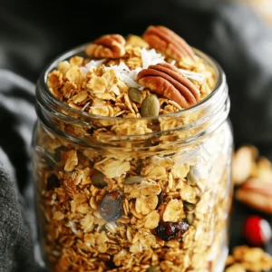 - 2 cups rolled oats - 1 cup pecans, roughly chopped - 1/2 cup pumpkin seeds - 1/2 cup unsweetened shredded coconut - 1/4 cup pure maple syrup - 1/4 cup coconut oil, melted - 1 teaspoon pure vanilla extract - 1 teaspoon ground cinnamon - 1/2 teaspoon sea salt - 1/2 cup dried cranberries or raisins (optional) I love using simple, fresh ingredients in my granola. Each one plays a special role. For this recipe, I choose rolled oats as the base. They add fiber and a nice chewy texture. Pecans bring a rich, nutty flavor. Pumpkin seeds add crunch and a boost of nutrients. Maple syrup sweetens the granola naturally. It gives a warm flavor that pairs well with the nuts. Coconut oil helps everything stick together and adds a subtle taste. Vanilla extract enhances the overall flavor. Ground cinnamon brings warmth and spice, making it so comforting. Don't forget the sea salt! It balances the sweetness and enhances the flavors. You can also add dried cranberries or raisins for a hint of sweetness and chewiness if you like. For each serving of this granola, you get a delightful mix of nutrients. A typical serving has about 200 calories. The protein comes from the oats, nuts, and seeds. You can expect around 5 grams of protein per serving. The fat content is about 10 grams. Most of this comes from healthy sources like pecans and coconut oil. Carbohydrates are around 25 grams, mostly from oats and optional dried fruit. The health benefits are impressive. Oats are great for heart health and digestion. Pecans provide antioxidants and healthy fats. Pumpkin seeds are high in magnesium and zinc. Coconut adds fiber and may boost energy. Each bite is not only tasty but also good for you. For the full recipe, check out the Maple Pecan Granola Delight. 1. Preheat your oven to 350°F (175°C). This helps the granola bake evenly. 2. Line a large baking sheet with parchment paper. This makes cleanup easy and stops sticking. 3. In a large bowl, mix together: - 2 cups rolled oats - 1 cup pecans, roughly chopped - 1/2 cup pumpkin seeds - 1/2 cup unsweetened shredded coconut - 1 teaspoon ground cinnamon - 1/2 teaspoon sea salt Mix well to combine all dry ingredients. 4. In a separate bowl, combine: - 1/4 cup pure maple syrup - 1/4 cup coconut oil, melted - 1 teaspoon pure vanilla extract Whisk until smooth and creamy. 5. Pour the wet mixture over the dry ingredients. Use a spatula to mix gently. Make sure all dry bits are coated. 6. Spread the granola mixture evenly on the baking sheet. Press it down slightly for clumping. 7. Bake for 15-20 minutes. Stir halfway to ensure even browning. Watch closely to avoid burning. You want a golden brown color and a nice smell. 8. Let the granola cool on the baking sheet. Cooling makes it crispier. 9. Optional: After cooling, fold in 1/2 cup dried cranberries or raisins. These add a sweet touch. 10. Store your granola in an airtight container. This keeps it fresh and crunchy for snacking. For the full recipe, see the details above! To get that perfect crunch in your granola, pay attention to mixing and baking. First, mix the dry ingredients well. This ensures every piece gets equal flavor. When you add the wet mix, make sure to coat everything evenly. This helps with clumping. While baking, spread the granola flat on the tray. Press it down slightly to form clusters. This technique enhances the crunch. Stir it halfway through baking for an even golden color. Watch closely to avoid burning. I love my granola with creamy yogurt or cold milk. It adds a nice touch to breakfast. You can also sprinkle it over desserts like ice cream or fruit salad. This adds a satisfying crunch to your sweet treats. Batch-making is a great way to enjoy granola all week. You can cook a large batch and store it in an airtight container. This keeps it fresh and crunchy. I recommend using glass jars for storage. They look nice and seal well. When storing granola, keep it in a cool, dry place. This helps it last longer. Make sure to check for freshness before you eat it. Enjoy your homemade granola anytime! {{image_4}} For a fun twist, you can swap nuts or seeds. Use walnuts, almonds, or sunflower seeds instead of pecans. You can also try different oils like olive oil or avocado oil in place of coconut oil. If you want a sweeter taste, maple syrup works great, or you can use honey or agave nectar. These simple changes keep your granola exciting and fresh. If you need gluten-free granola, use certified gluten-free oats. They are just as tasty! For a vegan option, stick with maple syrup and coconut oil. Avoid honey and use plant-based ingredients. This way, anyone can enjoy your delicious granola without worries. Seasonal fruits or spices can brighten your granola. In autumn, add pumpkin spice or dried apples. Winter is perfect for cranberries and nuts. For summer, fresh berries or peaches make it special. You can even create holiday-themed granola. Try adding peppermint or a hint of nutmeg for a festive touch. These variations keep your recipe fun and flavorful all year long. To keep your maple pecan granola fresh, use airtight containers. Glass jars or plastic bins work well. Store it in a cool, dry place. This helps maintain its crunch. You can enjoy your granola for up to two weeks. If you want it fresh longer, consider freezing it. How can you tell if granola has gone bad? Check for soft texture or an off smell. If it loses its crunch, it may not be good anymore. Mold is another sign of spoilage. Always check for quality before enjoying. If your granola becomes soft, you can re-crisp it. Preheat your oven to 300°F (150°C). Spread the granola on a baking sheet. Bake for about 5-10 minutes, keeping an eye on it. This should restore the crunch and flavor. Enjoy your delicious, fresh granola again! The best way to make granola involves a few key steps: - Mix dry ingredients: Combine oats, nuts, and seeds in a bowl. This helps the flavors blend. - Whisk wet ingredients: Mix maple syrup, oil, and vanilla until smooth. This adds sweetness and binds the granola. - Combine both mixtures: Pour the wet mix over the dry mix, stirring well. Make sure all dry parts are coated. - Bake carefully: Spread it on a baking sheet and bake until golden. Stir halfway for even cooking. Common pitfalls include not mixing well and overbaking. Both can lead to uneven flavor and texture. Yes, you can use different nuts or seeds. Some good options are: - Almonds - Walnuts - Sunflower seeds - Chia seeds Substituting nuts will change the flavor. Almonds add a light taste, while walnuts give a rich, earthy flavor. Homemade granola lasts about two weeks at room temperature. For longer storage, keep it in an airtight container. In the fridge, it can last up to a month. To extend freshness, store it in the freezer for up to six months. Granola can be healthy, but portion sizes matter. It is high in fiber and healthy fats. However, watch out for added sugars and oils in some recipes. Balance granola with fruits or yogurt for a nutritious meal. Yes, you can make granola without oil. Use applesauce or mashed bananas as a substitute. This adds moisture without extra fat. However, the taste will be slightly different and the texture may be less crunchy. You can find maple pecan granola at many grocery stores. Look for brands like: - Nature Valley - Granola Project - Purely Elizabeth These brands offer quality options. Check the ingredient list for added sugars or preservatives. This blog post covered everything about making delicious homemade granola. We discussed the right ingredients, baking steps, and helpful tips for crunchiness. You learned how to store it well and enjoyed various flavor options. Remember, the key to great granola lies in balancing ingredients and techniques. Experiment with flavors that suit your taste. You'll enjoy a tasty snack that’s healthy and simple to make! With practice, you’ll create your perfect batch every time. Enjoy making granola that fits your style!