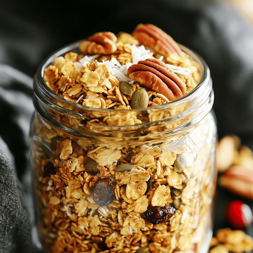 - 2 cups rolled oats - 1 cup pecans, roughly chopped - 1/2 cup pumpkin seeds - 1/2 cup unsweetened shredded coconut - 1/4 cup pure maple syrup - 1/4 cup coconut oil, melted - 1 teaspoon pure vanilla extract - 1 teaspoon ground cinnamon - 1/2 teaspoon sea salt - 1/2 cup dried cranberries or raisins (optional) I love using simple, fresh ingredients in my granola. Each one plays a special role. For this recipe, I choose rolled oats as the base. They add fiber and a nice chewy texture. Pecans bring a rich, nutty flavor. Pumpkin seeds add crunch and a boost of nutrients. Maple syrup sweetens the granola naturally. It gives a warm flavor that pairs well with the nuts. Coconut oil helps everything stick together and adds a subtle taste. Vanilla extract enhances the overall flavor. Ground cinnamon brings warmth and spice, making it so comforting. Don't forget the sea salt! It balances the sweetness and enhances the flavors. You can also add dried cranberries or raisins for a hint of sweetness and chewiness if you like. For each serving of this granola, you get a delightful mix of nutrients. A typical serving has about 200 calories. The protein comes from the oats, nuts, and seeds. You can expect around 5 grams of protein per serving. The fat content is about 10 grams. Most of this comes from healthy sources like pecans and coconut oil. Carbohydrates are around 25 grams, mostly from oats and optional dried fruit. The health benefits are impressive. Oats are great for heart health and digestion. Pecans provide antioxidants and healthy fats. Pumpkin seeds are high in magnesium and zinc. Coconut adds fiber and may boost energy. Each bite is not only tasty but also good for you. For the full recipe, check out the Maple Pecan Granola Delight. 1. Preheat your oven to 350°F (175°C). This helps the granola bake evenly. 2. Line a large baking sheet with parchment paper. This makes cleanup easy and stops sticking. 3. In a large bowl, mix together: - 2 cups rolled oats - 1 cup pecans, roughly chopped - 1/2 cup pumpkin seeds - 1/2 cup unsweetened shredded coconut - 1 teaspoon ground cinnamon - 1/2 teaspoon sea salt Mix well to combine all dry ingredients. 4. In a separate bowl, combine: - 1/4 cup pure maple syrup - 1/4 cup coconut oil, melted - 1 teaspoon pure vanilla extract Whisk until smooth and creamy. 5. Pour the wet mixture over the dry ingredients. Use a spatula to mix gently. Make sure all dry bits are coated. 6. Spread the granola mixture evenly on the baking sheet. Press it down slightly for clumping. 7. Bake for 15-20 minutes. Stir halfway to ensure even browning. Watch closely to avoid burning. You want a golden brown color and a nice smell. 8. Let the granola cool on the baking sheet. Cooling makes it crispier. 9. Optional: After cooling, fold in 1/2 cup dried cranberries or raisins. These add a sweet touch. 10. Store your granola in an airtight container. This keeps it fresh and crunchy for snacking. For the full recipe, see the details above! To get that perfect crunch in your granola, pay attention to mixing and baking. First, mix the dry ingredients well. This ensures every piece gets equal flavor. When you add the wet mix, make sure to coat everything evenly. This helps with clumping. While baking, spread the granola flat on the tray. Press it down slightly to form clusters. This technique enhances the crunch. Stir it halfway through baking for an even golden color. Watch closely to avoid burning. I love my granola with creamy yogurt or cold milk. It adds a nice touch to breakfast. You can also sprinkle it over desserts like ice cream or fruit salad. This adds a satisfying crunch to your sweet treats. Batch-making is a great way to enjoy granola all week. You can cook a large batch and store it in an airtight container. This keeps it fresh and crunchy. I recommend using glass jars for storage. They look nice and seal well. When storing granola, keep it in a cool, dry place. This helps it last longer. Make sure to check for freshness before you eat it. Enjoy your homemade granola anytime! {{image_4}} For a fun twist, you can swap nuts or seeds. Use walnuts, almonds, or sunflower seeds instead of pecans. You can also try different oils like olive oil or avocado oil in place of coconut oil. If you want a sweeter taste, maple syrup works great, or you can use honey or agave nectar. These simple changes keep your granola exciting and fresh. If you need gluten-free granola, use certified gluten-free oats. They are just as tasty! For a vegan option, stick with maple syrup and coconut oil. Avoid honey and use plant-based ingredients. This way, anyone can enjoy your delicious granola without worries. Seasonal fruits or spices can brighten your granola. In autumn, add pumpkin spice or dried apples. Winter is perfect for cranberries and nuts. For summer, fresh berries or peaches make it special. You can even create holiday-themed granola. Try adding peppermint or a hint of nutmeg for a festive touch. These variations keep your recipe fun and flavorful all year long. To keep your maple pecan granola fresh, use airtight containers. Glass jars or plastic bins work well. Store it in a cool, dry place. This helps maintain its crunch. You can enjoy your granola for up to two weeks. If you want it fresh longer, consider freezing it. How can you tell if granola has gone bad? Check for soft texture or an off smell. If it loses its crunch, it may not be good anymore. Mold is another sign of spoilage. Always check for quality before enjoying. If your granola becomes soft, you can re-crisp it. Preheat your oven to 300°F (150°C). Spread the granola on a baking sheet. Bake for about 5-10 minutes, keeping an eye on it. This should restore the crunch and flavor. Enjoy your delicious, fresh granola again! The best way to make granola involves a few key steps: - Mix dry ingredients: Combine oats, nuts, and seeds in a bowl. This helps the flavors blend. - Whisk wet ingredients: Mix maple syrup, oil, and vanilla until smooth. This adds sweetness and binds the granola. - Combine both mixtures: Pour the wet mix over the dry mix, stirring well. Make sure all dry parts are coated. - Bake carefully: Spread it on a baking sheet and bake until golden. Stir halfway for even cooking. Common pitfalls include not mixing well and overbaking. Both can lead to uneven flavor and texture. Yes, you can use different nuts or seeds. Some good options are: - Almonds - Walnuts - Sunflower seeds - Chia seeds Substituting nuts will change the flavor. Almonds add a light taste, while walnuts give a rich, earthy flavor. Homemade granola lasts about two weeks at room temperature. For longer storage, keep it in an airtight container. In the fridge, it can last up to a month. To extend freshness, store it in the freezer for up to six months. Granola can be healthy, but portion sizes matter. It is high in fiber and healthy fats. However, watch out for added sugars and oils in some recipes. Balance granola with fruits or yogurt for a nutritious meal. Yes, you can make granola without oil. Use applesauce or mashed bananas as a substitute. This adds moisture without extra fat. However, the taste will be slightly different and the texture may be less crunchy. You can find maple pecan granola at many grocery stores. Look for brands like: - Nature Valley - Granola Project - Purely Elizabeth These brands offer quality options. Check the ingredient list for added sugars or preservatives. This blog post covered everything about making delicious homemade granola. We discussed the right ingredients, baking steps, and helpful tips for crunchiness. You learned how to store it well and enjoyed various flavor options. Remember, the key to great granola lies in balancing ingredients and techniques. Experiment with flavors that suit your taste. You'll enjoy a tasty snack that’s healthy and simple to make! With practice, you’ll create your perfect batch every time. Enjoy making granola that fits your style!