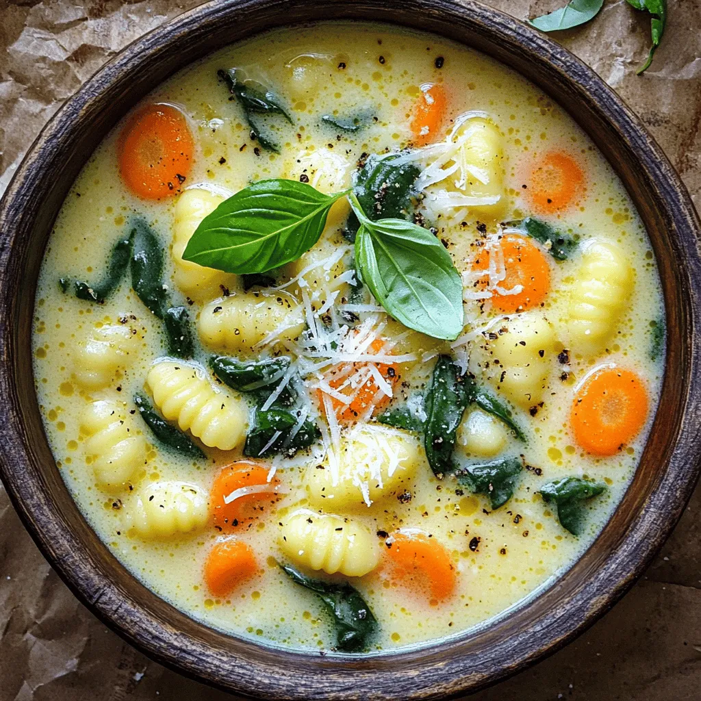 To get started, gather these main ingredients: - 1 tablespoon olive oil - 1 medium onion, finely diced - 3 cloves garlic, minced - 2 medium carrots, peeled and diced - 2 celery stalks, diced These ingredients create a tasty base for your soup. The olive oil adds richness, while the onion and garlic give a great aroma. Carrots and celery add sweetness and crunch. Next, you’ll need some seasonings to enhance the flavor: - 1 teaspoon dried thyme - 1 teaspoon dried basil - 5 cups vegetable broth (preferably low-sodium) - 1 (14-ounce) can diced tomatoes, including juices These seasonings bring warmth and depth. The broth is the heart of the soup, while tomatoes add a juicy burst. Finally, finish off your soup with these final touches: - 1 (16-ounce) package shelf-stable gnocchi - 2 cups fresh baby spinach - 1 cup heavy cream - Salt and freshly ground black pepper, to taste - Grated Parmesan cheese, for serving (optional) - Fresh basil leaves, torn, for garnish Gnocchi makes the soup hearty. Spinach adds color and nutrition. Heavy cream creates a rich texture. Season with salt and pepper for balance. Parmesan and fresh basil are perfect for a beautiful presentation. For the complete recipe, check out the [Full Recipe]. To start, grab a large pot. Heat one tablespoon of olive oil over medium heat. Next, add one medium onion, finely diced. Sauté the onion for about 3-4 minutes. Stir it often until the onion softens and turns translucent. Then, add three cloves of minced garlic. Toss in two medium carrots, peeled and diced, along with two diced celery stalks. Cook these vegetables for 5 minutes. Stir frequently until they are tender but not brown. Now, it’s time for the herbs! Sprinkle in one teaspoon of dried thyme and one teaspoon of dried basil. Stir well for about 30 seconds. This will help release the beautiful flavors of the herbs. Carefully pour in five cups of vegetable broth. Add one can of diced tomatoes, including the juices. Bring this mixture to a gentle boil, stirring occasionally. Once boiling, reduce the heat to a low simmer. Add your package of shelf-stable gnocchi. Cook according to the package directions, usually about 2-3 minutes, or until the gnocchi float to the top. Gently fold in two cups of fresh baby spinach and one cup of heavy cream. Allow the soup to cook for another 2-3 minutes. This will let the spinach wilt and the soup heat evenly. Taste the soup now. Season it with salt and freshly ground black pepper to your liking. To serve, ladle the soup into deep bowls. Top it off with freshly grated Parmesan cheese and torn basil leaves for a bright finish. For an extra touch, serve with some crusty bread to dip in the soup. You can find the full recipe [here]. To create the perfect creamy texture, use heavy cream. You can adjust the creaminess by adding more or less. If you want the soup thicker, let it simmer longer. This allows the gnocchi to soak up some broth, making it heartier. For a lighter option, swap heavy cream for half-and-half or coconut milk. Season your soup to taste. I suggest adding more thyme or basil for depth. A pinch of red pepper flakes can add a nice kick. If you love garlic, add an extra clove or two. Taste your soup as you go. This helps you find the right balance of flavors. Use a large pot to cook the soup evenly. An immersion blender can help if you prefer a smoother texture. To save time, chop your veggies in advance. You can also buy pre-diced vegetables to cut down on prep. Keep a timer handy to avoid overcooking the gnocchi. This way, you’ll have a perfect bowl of soup every time. For the complete recipe, check out the Full Recipe section. {{image_4}} You can easily change the recipe to fit what you have. If you want to swap vegetables, try zucchini or bell peppers. You can also use chicken broth instead of vegetable broth for a richer base. For a lighter soup, consider using half-and-half instead of heavy cream. These small changes can still keep the soup tasty. To make the soup heartier, add proteins like cooked chicken or Italian sausage. This will give a nice boost to the flavor. You can also play with spices. For a kick, add red pepper flakes or a dash of smoked paprika. Each of these options changes the soup's taste while keeping it full of goodness. If you need a gluten-free option, choose gluten-free gnocchi. Many brands now offer this. For a vegan version, swap heavy cream for coconut milk or a nut cream. You can also use vegetable broth and skip any animal products. These adaptations let everyone enjoy this creamy delight. For the complete recipe, check the Full Recipe section. To keep your soup fresh, store it in an airtight container. Before sealing, let the soup cool to room temperature. This prevents steam from building up and keeps the flavors intact. Place the container in the fridge. Your soup will stay good for about 3 to 4 days. When you are ready to enjoy your soup again, use the stove for the best flavor. Pour the soup into a pot and heat it over medium-low. Stir it gently to avoid sticking. If the soup seems too thick, add a splash of broth or water. Heat until it is warm throughout. For longer storage, you can freeze this soup. Use freezer-safe containers, leaving space at the top for expansion. It’s best to freeze the soup without the cream. This way, the texture stays nice. When you want to eat it, thaw it in the fridge overnight. Reheat it on the stove and add the cream just before serving. This ensures your soup keeps all its rich flavors. For the full recipe, refer to the Full Recipe section above. Creamy Tuscan Gnocchi Soup lasts about three to four days in the fridge. To store it well, place it in an airtight container. Make sure the soup cools down before you seal it. This keeps it fresh and tasty. Always check for any signs of spoilage, like odd smells or colors, before eating. You can make this soup ahead of time! It tastes even better the next day. To do this, prepare the soup but keep the gnocchi separate if you plan to store it. Cook the gnocchi just before serving. This way, they stay soft and don’t get mushy. Store the soup in the fridge for up to four days. This soup pairs well with many sides. Some great options are: - Crusty bread for dipping - A fresh green salad with vinaigrette - Garlic bread for added flavor - A side of roasted vegetables These sides make a perfect match for the rich flavors of the soup. For the full recipe, check out the linked details above! This recipe for Creamy Tuscan Gnocchi Soup shows simple steps to a tasty meal. We covered key ingredients, from aromatics to final touches. Making this soup can be easy and fun. You can also mix in different flavors or swap ingredients if needed. Remember to store leftovers correctly and reheat for the best taste. Enjoy your cooking adventure, and savor each bite of your delicious creation!