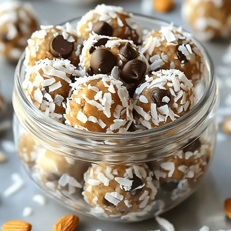 - 1 cup rolled oats - 1/2 cup creamy almond butter - 1/4 cup honey or maple syrup - 1/2 cup unsweetened shredded coconut - 1/4 cup dark chocolate chips - 1/4 cup coarsely chopped almonds - 1/2 teaspoon pure vanilla extract - Pinch of sea salt These ingredients come together to create a tasty and nutritious snack. Each bite gives you a mix of flavor and energy. The rolled oats provide a chewy base, while the almond butter adds creaminess. Honey or maple syrup brings sweetness. Shredded coconut adds a tropical twist, and dark chocolate chips give a rich finish. Chopped almonds add crunch. - Calories per serving: About 150 calories - Macronutrient breakdown: Each bite has carbs, healthy fats, and protein. These energy bites offer a balanced mix of nutrients. They keep you full and energized. - Advantages of almonds: Almonds are rich in vitamins and healthy fats. They help with heart health and keep you full longer. - Benefits of coconut: Coconut provides fiber and healthy fats. It can boost energy and support digestion. - Nutritional advantages of energy snacks: Energy snacks like these help refuel your body. They are great for a quick snack before or after exercise. These Almond Joy Energy Bites are not just tasty; they are packed with benefits. Enjoy them as a quick energy boost anytime! For the complete details, check the Full Recipe. First, gather all your ingredients. In a large bowl, mix the rolled oats, creamy almond butter, honey, and pure vanilla extract. Use a sturdy spoon to blend them well. You want a smooth, sticky mixture. Next, gently fold in the unsweetened shredded coconut, dark chocolate chips, and chopped almonds. Make sure everything is evenly mixed. You’ll see the colors and textures come together beautifully. Now it's time to shape the bites. With clean hands, take about one tablespoon of the mixture. Roll it into a ball, roughly one inch wide. It’s fun to do this, so enjoy it! Repeat until all the mixture is rolled into delightful bites. Once done, arrange the energy bites on a baking sheet lined with parchment paper. Give them enough space, so they don’t stick together. Chilling is important for these energy bites. It helps them firm up and hold their shape. Place the baking sheet in the refrigerator for at least 30 minutes. This time allows the flavors to blend even more. After chilling, store the bites in an airtight container. Keep them in the fridge, where they will stay fresh for up to one week. Enjoy these tasty snacks whenever you need a quick boost! You can easily change this recipe to suit your taste. If you don't have almond butter, try peanut or cashew butter instead. These nut butters add a unique flavor. They also work well with the other ingredients. For extra nutrition, you can mix in protein powder. Vanilla or chocolate protein powder blends nicely. This adds protein without changing the taste much. To keep your energy bites fresh, store them in an airtight container. A glass jar works best. Always keep them in the fridge. This helps them stay firm and tasty. You can also freeze them for longer storage. Just make sure to separate them with parchment paper. This way, they won't stick together. These energy bites pair well with many drinks. Enjoy them with a warm cup of tea or a smoothie. You can also serve them at parties. For a fun touch, arrange the bites on a fancy plate. Sprinkle some coconut or add whole almonds on top. This makes them look even more delicious and inviting. {{image_4}} You can spice up your Almond Joy Energy Bites with fun flavors. Adding a sprinkle of cinnamon brings warmth. Cocoa powder gives a chocolatey twist. Both options pack extra taste without much effort. You can also toss in dried fruit like raisins or cranberries. This adds chewiness and sweetness. Each bite becomes a surprise with these simple changes. Want to make it vegan? Just swap honey for maple syrup. This keeps all the sweet goodness while being plant-based. If you're nut-free, use sunflower seed butter instead of almond butter. It keeps the texture creamy and delicious. These changes make the energy bites safe for more diets. You can also create seasonal energy bites. For the holidays, try adding festive spices like nutmeg or ginger. This gives your bites a cozy feel. In summer, consider using fresh fruits like diced mango or berries. These bright flavors make for a refreshing treat. Each season offers a chance to try something new! Almond Joy Energy Bites stay fresh for about one week when stored in the fridge. To keep them tasty, place them in an airtight container. This method helps prevent them from drying out or absorbing smells from other foods. If kept at room temperature, they may only last a couple of days. Yes, you can freeze these bites! To freeze them, arrange the energy bites on a baking sheet in a single layer. Place the sheet in the freezer for about an hour. Once they are firm, transfer them to an airtight container or a freezer bag. They can last for up to three months in the freezer. When you want to enjoy one, just take it out and let it thaw for about 15 to 20 minutes. This way, you can have a tasty snack ready whenever you want! Absolutely! These energy bites are great for kids. To make them more appealing, let your kids help with the mixing and rolling. They will love being part of the fun! You can even add colorful sprinkles or use cookie cutters to shape them. Nutritionally, these bites are packed with healthy ingredients. They offer protein from the almond butter and fiber from the oats. Plus, kids enjoy the sweet taste of honey and chocolate. This snack is both tasty and good for them! This recipe is simple and fun. It takes only 15 minutes to prepare. You will have about 12 to 15 bites ready to enjoy. These Almond Joy Energy Bites are perfect for snacks or a quick treat. To see the full list of ingredients and detailed instructions, check the Full Recipe. It will guide you step-by-step, ensuring your energy bites turn out great. Visuals are key for any recipe. They help you know what to expect. For photos, use natural light to show off the bites. Place them on a clean, bright surface. Consider adding a few almonds or a sprinkle of coconut around them. This will make your pictures pop! These energy bites are quick, tasty, and packed with nutrition. We covered the ingredients, health benefits, and step-by-step instructions. You learned about mixing, shaping, and storing them for freshness. Customizations, variations, and serving ideas make these bites even better. Overall, they are a simple treat to boost energy. Enjoy making them unique to your taste!