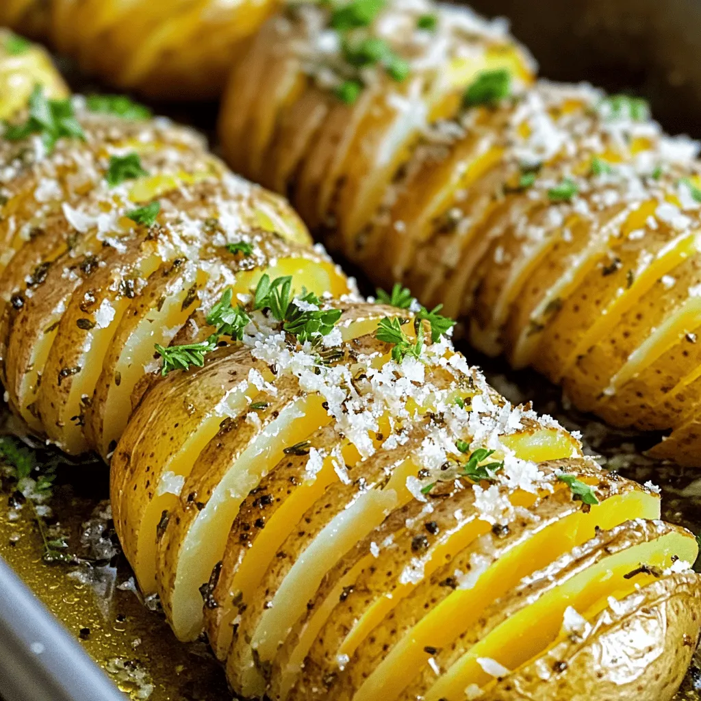 To make Parmesan Herb Hasselback Potatoes, you need the following ingredients: - 4 medium-sized russet potatoes - 1/4 cup extra virgin olive oil - 1/2 cup freshly grated Parmesan cheese - 2 teaspoons dried oregano - 2 teaspoons dried thyme - 2 teaspoons garlic powder - Sea salt and freshly cracked black pepper to taste - Fresh parsley, finely chopped (for garnish) Each ingredient plays a key role in building flavor. The russet potatoes provide a fluffy inside and a crispy skin. Olive oil adds richness and helps the herbs stick. Parmesan cheese gives a sharp, salty bite that enhances the potatoes. The oregano and thyme bring warmth and earthiness. Garlic powder adds depth without being overpowering. Finally, parsley not only brightens the dish but also adds a fresh finish. For the full recipe and step-by-step instructions, check out [Full Recipe]. 1. Preheat the oven to 425°F (220°C). This high heat gives the potatoes a nice crisp. 2. Rinse the potatoes under cold water to remove dirt. After washing, dry them with a towel. 1. Take one potato and place it on a cutting board. 2. Use wooden chopsticks on each side for guidance. This helps you avoid cutting all the way through. 3. Carefully slice the potato into thin cuts, about 1/8 inch apart. Stop just before the bottom. Repeat this for all potatoes. 1. In a small bowl, combine 1/4 cup of olive oil, 2 teaspoons of oregano, 2 teaspoons of thyme, and 2 teaspoons of garlic powder. 2. Add sea salt and pepper to taste. Mix well until combined. 1. Brush the olive oil mixture over the potatoes. Make sure it seeps into the cuts. 2. Sprinkle 1/2 cup of freshly grated Parmesan cheese on top, letting it fill the sliced areas. 3. Place the potatoes on a baking sheet lined with parchment paper. Bake for 45 to 50 minutes. Look for a golden brown color and crispy edges. 4. After baking, remove them from the oven and cool for a few minutes. Serve warm, garnished with fresh parsley. For the complete recipe, check out the [Full Recipe]. To get those perfect crispy edges, bake at 425°F (220°C). This high heat helps create a golden crust. Using parchment paper is key. It prevents sticking and makes for easy cleanup. Plus, it helps the heat circulate around the potatoes. You can switch up the herbs and spices for your taste. Try rosemary or basil for a fresh twist. If you want more depth, add smoked paprika or a pinch of cayenne. For cheese lovers, consider mixing in some Gruyère or cheddar. These options add a new layer of flavor. Presentation is essential. Serve the potatoes on a rustic wooden or ceramic platter. This highlights their golden, crispy edges. Add fresh parsley around them for color. They pair well with roasted chicken, grilled veggies, or a fresh salad. These sides balance the richness of the potatoes. For an extra touch, drizzle some garlic butter on top right before serving. For the full recipe, check out Parmesan Herb Hasselback Potatoes. {{image_4}} You can try different types of potatoes for this dish. Sweet potatoes add a nice twist. Their natural sweetness pairs well with the savory cheese. Yukon Gold potatoes are another great choice. They offer a creamy texture and buttery flavor that works wonderfully. Switching up your seasonings can change the whole dish. Using fresh herbs gives a bright taste. Try fresh thyme or rosemary for a fragrant boost. Dried herbs also work well, but fresh makes a difference. You can also change the cheese. Try Gruyère for a nutty flavor. Feta adds a tangy kick that is hard to resist. Toppings can take your Hasselback potatoes to the next level. Sprinkle some crispy bacon bits on top for a salty crunch. Fresh chives will add a pop of color and onion flavor. You can also drizzle sour cream or Greek yogurt on top. This adds creaminess and tang to each bite. To store leftover Parmesan Herb Hasselback Potatoes, follow these steps: - Refrigeration guidelines: Place the cooled potatoes in an airtight container. They will stay fresh for about 3 to 4 days in the fridge. Make sure the lid seals tightly to keep moisture out. - Freezing options for leftovers: You can freeze these potatoes. Wrap each potato in plastic wrap, then place them in a freezer bag. They can last up to 2 months in the freezer. When ready to eat, let them thaw in the fridge overnight. To enjoy your potatoes again, reheating properly is key. - Best reheating methods for crispy texture: The oven is your best friend for reheating. Preheat it to 350°F (175°C). Place the potatoes on a baking sheet and heat for about 15 to 20 minutes. This helps restore their crispy edges. - Microwave versus oven: While you can use the microwave, it won’t keep the potato crispy. If you’re in a hurry, microwave on medium for about 1 to 2 minutes. Just know, the texture won't be as great as the oven method. For the full recipe, check out the details above. Hasselback potatoes are thinly sliced potatoes that bake up crispy and tender. The name comes from a Swedish restaurant called Hasselbacken. They have a unique look with slices that fan out. This style allows for great flavor and texture. Typically, you should bake Hasselback potatoes for 45 to 50 minutes at 425°F (220°C). They are done when the outside is golden brown. The insides should feel soft when pierced with a fork. Yes, you can prep these potatoes ahead. Slice and season them, then cover and refrigerate. When ready to bake, let them sit at room temp for about 15 minutes. This helps them cook evenly. You can reheat leftovers in the oven to keep them crispy. Russet potatoes are the best choice. They have a high starch content, making them fluffy inside. Their thick skin also crisps nicely. Other potatoes may not hold the same shape or texture. Absolutely! You can mix and match herbs and spices. Try rosemary, smoked paprika, or even chili flakes for heat. Different cheeses like cheddar or feta can also add a twist. In this blog post, we've explored making delicious Parmesan Herb Hasselback potatoes. We covered the key ingredients, step-by-step instructions, and useful tips for perfecting your dish. You learned about variations, storage methods, and common questions. These potatoes are tasty and can impress your friends. Don’t hesitate to experiment with different herbs or toppings. You can enjoy this dish in many ways. Happy cooking!