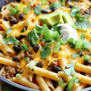 - 8 oz. pasta (penne or rotini recommended) - 1 lb ground beef or turkey - 1 packet taco seasoning - 1 can (15 oz) black beans, rinsed and drained - 1 can (15 oz) diced tomatoes with green chilies - 1 cup corn (fresh or frozen) - 2 cups chicken or vegetable broth - 1 cup shredded cheddar cheese - 1 tablespoon olive oil - 1/2 cup chopped green onions - 1/4 cup chopped fresh cilantro - Salt and pepper to taste - Optional toppings: avocado slices and sour cream When I make Taco Pasta Skillet, I love how simple it is. You only need a few main ingredients to create a rich and tasty meal. The pasta serves as the base, soaking up all those yummy flavors. Ground beef or turkey gives it protein, while the taco seasoning adds that awesome spice. I always keep canned goods like black beans and diced tomatoes on hand. They bring extra texture and flavor to the dish. Corn adds sweetness, making the meal even better. Don’t forget the broth! It helps cook the pasta and keeps everything moist. Shredded cheddar cheese is the cherry on top, melting beautifully over the skillet. Green onions and cilantro add a fresh touch, and you can finish it off with avocado and sour cream if you like. For a full recipe, check out the detailed steps to make this tasty dish! - Warm the olive oil in a large skillet over medium heat. - Brown the ground beef or turkey, breaking it apart with a spatula. - Stir in the taco seasoning and cook briefly until fragrant. - Add uncooked pasta, broth, diced tomatoes, black beans, and corn to the skillet. - Bring the mixture to a boil, then cover and simmer until the pasta is al dente. - Remove from heat, top with cheese, and let it melt for a few minutes. This simple process creates a one-pan meal that is fast and full of flavor. For a full recipe, check [Full Recipe]. - Ensure the meat is well browned for maximum flavor. This step builds a rich taste. - Adjust broth quantity for desired consistency. Less broth makes it thicker, more broth keeps it saucy. - Add extra spices like cumin or chili powder for more kick. These spices add depth and warmth. - Mix in additional vegetables for added nutrition. Bell peppers, zucchini, or spinach fit well here. - Serve hot with lime wedges for an extra zesty flavor. The lime brightens every bite. - Pair with a side salad for a complete meal. A simple green salad works great to balance the dish. For the full recipe, check the section earlier in the article. {{image_4}} You can swap ground beef for ground turkey for a healthier option. Turkey has less fat but still adds great flavor. If you're gluten-free, try using gluten-free pasta. It works just as well and keeps the dish tasty. For a vegan version, replace the meat with lentils or mushrooms. Both options soak up the spices well. If you want to make it dairy-free, use a dairy-free cheese alternative. This way, everyone can enjoy this meal. To give your dish a Mexican twist, add jalapeños or chipotle for extra heat. If you prefer an Italian flavor, mix in Italian seasoning and fresh basil. These small changes can make a big difference in taste. Store leftovers in an airtight container in the refrigerator. I find this meal tastes best within 3-4 days. Keeping it sealed helps maintain the flavor and texture. You can freeze Taco Pasta Skillet for up to 3 months. Just be sure to use a freezer-safe container. When you're ready to enjoy it again, simply reheat in the microwave or a skillet. When reheating, add a splash of broth to restore the creaminess. This simple trick works wonders! For an extra burst of flavor, top with fresh cheese before reheating. Enjoy your meal just like the first time! Total time is approximately 30 minutes including prep and cooking. This makes it a quick and easy meal option. Yes, it can be prepared in advance and stored in the refrigerator. Just reheat it when you are ready to eat. Enjoy it with a simple side salad or tortilla chips. These add a nice crunch to your meal. Substitute with gluten-free pasta to make it gluten-free. This way, everyone can enjoy this tasty dish. Yes, ground chicken or pork can be used as alternatives. This allows you to customize the dish to your taste preferences. For the full recipe and more details, check out the [Full Recipe]. This taco pasta skillet combines simple ingredients with easy steps for a delicious meal. You learned how to prepare, cook, and store this dish while exploring fun variations and tips to boost flavor. Use these insights to make this recipe uniquely yours. Remember, cooking is about trying new things and enjoying the process. So gather your ingredients and get started today!