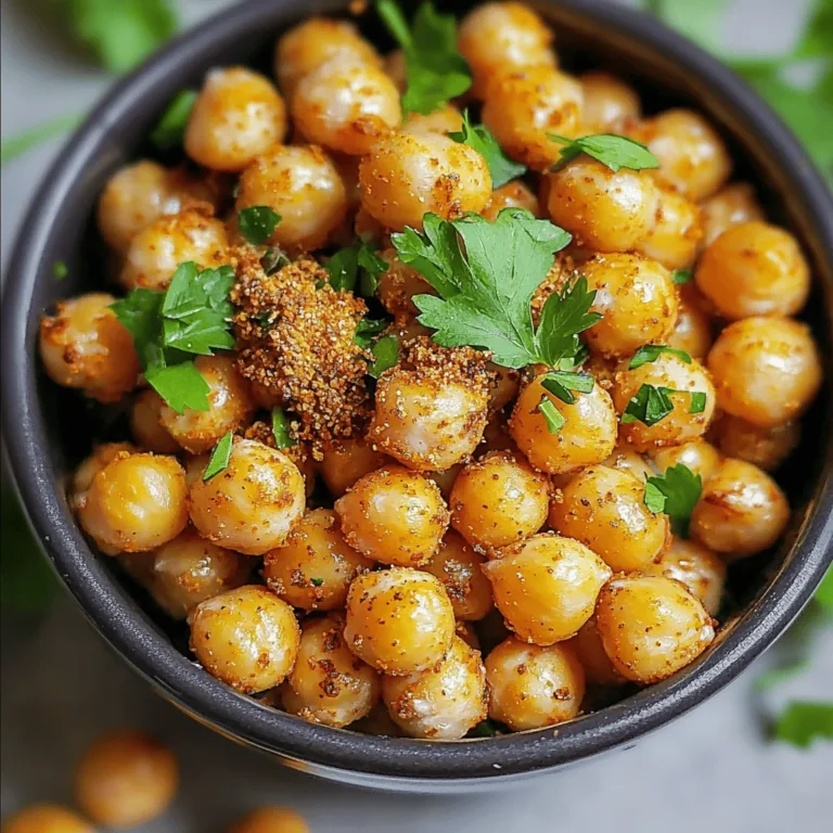 - 1 can (15 oz) chickpeas, thoroughly drained and rinsed - 1 tablespoon olive oil - 1 teaspoon garlic powder - 1 teaspoon smoked paprika - ½ teaspoon ground cumin - ½ teaspoon salt - ¼ teaspoon black pepper - 1 tablespoon nutritional yeast (optional) - Air fryer - Mixing bowl - Paper towels The main ingredients for crispy air fryer chickpeas make this snack easy and tasty. Chickpeas are our star here. They pack protein and fiber, making them a healthy choice. Olive oil adds richness and helps the spices stick. Garlic powder gives a strong flavor, while smoked paprika adds a nice, smoky taste. Ground cumin brings warmth, and salt plus black pepper add the right amount of seasoning. For those who want a cheesy twist, nutritional yeast is a great option. It adds a savory touch. You can find it in most grocery stores. Now, you’ll need some cooking essentials to make this snack. An air fryer is key. It cooks quickly and gives the chickpeas that perfect crunch. A mixing bowl helps you combine your ingredients easily. Finally, paper towels are great for drying the chickpeas. This step is important. Removing moisture helps them get crispy. For the full recipe, follow the steps laid out in the instructions. - Set temperature to 400°F (200°C) - Preheat for approximately 5 minutes First, you need to preheat your air fryer. This step is key for even cooking. Set the temperature to 400°F (200°C) and let it warm up for about 5 minutes. The hot air helps make your chickpeas crispy. - Rinse and drain thoroughly - Pat dry to remove excess moisture Next, grab your can of chickpeas. Rinse them well under cold water to remove the canning liquid. Drain them thoroughly. After draining, use a clean paper towel to pat them dry. This step is super important. Removing moisture helps your chickpeas get that perfect crunch. - Coat with olive oil - Add garlic powder, smoked paprika, ground cumin, salt, black pepper, and nutritional yeast - Toss until well coated Now, we get to the fun part—seasoning! Place the dried chickpeas in a mixing bowl. Drizzle one tablespoon of olive oil over them. Next, add one teaspoon of garlic powder, one teaspoon of smoked paprika, half a teaspoon of ground cumin, half a teaspoon of salt, and a quarter teaspoon of black pepper. If you want a cheesy flavor, add one tablespoon of nutritional yeast. Toss everything together until the chickpeas are well coated with the oil and spices. - Arrange chickpeas in a single layer - Cook for 15-20 minutes, shaking halfway Now, it’s time to cook! Place the seasoned chickpeas in the air fryer basket in a single layer. This helps them crisp up nicely. Cook for 15 to 20 minutes. Make sure to shake the basket halfway through. This step ensures even crispiness. Keep an eye on them as they cook! When they turn golden brown, they are ready to come out. Enjoy your crispy air fryer chickpeas, a perfect snack! For the full recipe, check the instructions above. To get that perfect crunch with your crispy air fryer chickpeas, you must dry them well. After rinsing the chickpeas, use a clean paper towel to pat them dry. This step is crucial. Any leftover moisture will stop them from getting crispy. Shaking the basket is another key step. When you shake the basket halfway through cooking, it helps the chickpeas crisp up evenly. This simple action prevents steaming and ensures every chickpea gets that delightful crunch. To elevate the flavor of your crispy chickpeas, feel free to add more seasonings. Experimenting with flavors makes the snack even better. You can use spices like cayenne for heat or Italian herbs for a fresh twist. Some great spice blends to try include chili powder, curry powder, or even taco seasoning. These additions can turn a simple snack into a flavorful delight. Crispy air fryer chickpeas work well on their own, but you can get creative! Try adding them to salads for crunch. They also make a tasty topping for soups. For presentation, serve the chickpeas in a charming bowl. A sprinkle of fresh herbs like parsley or cilantro adds a pop of color. You can also pair them with dips like hummus or tzatziki for a fun snack platter. Make sure to check the full recipe for detailed instructions. {{image_4}} You can easily change the flavor of your crispy chickpeas. For a spicy kick, add cayenne pepper. Just a pinch gives a nice heat. If you love herbs, try Italian herbs. This mix can include basil, oregano, and thyme. These herbs bring a fresh taste that pairs well with the crunch of the chickpeas. If you don’t have an air fryer, you can still enjoy crispy chickpeas. Baking them in the oven works great. Preheat your oven to 400°F (200°C). Spread the seasoned chickpeas on a baking sheet in a single layer. Bake for about 25-30 minutes. Shake the pan halfway through for even crispiness. You can also cook them on the stovetop. Heat a skillet over medium heat. Add a bit of olive oil and the seasoned chickpeas. Stir them often until they become crispy. This method will take about 10-15 minutes. No matter how you cook them, you will still get a tasty snack. To keep your crispy air fryer chickpeas fresh, store them in an airtight container. Glass containers work well, as they seal tightly and keep air out. If you prefer, a plastic container will also do the trick. Make sure to let them cool completely before sealing. This prevents moisture buildup, which can make them soggy. To keep them crispy, avoid stacking them too tightly. Allow some space for air to circulate, so they stay crunchy. If you find any chickpeas losing their crunch, consider adding a bit of seasoning when you eat them again. For reheating, the air fryer is your best friend. Set it to 350°F (175°C) and cook for about 5 minutes. This method helps regain that crispiness without drying them out. You can also use an oven. Preheat it to 350°F (175°C) and spread the chickpeas on a baking sheet. Bake for about 10 minutes, watching closely to avoid burning. Avoid microwaving, as this can turn your crispy chickpeas into a chewy snack. With these methods, you can enjoy your flavor-packed, crispy air fryer chickpeas more than once! Crispy Air Fryer Chickpeas can last about 3 to 4 days. Store them in an airtight container to keep them fresh. Avoid moisture, as it can make them lose their crunch. If you want longer storage, consider freezing them. Just know they may not stay as crispy once thawed. Yes, you can use dried chickpeas! Soak them overnight in water. Drain and cook them until tender. This may take around 1 to 2 hours. Once cooked, follow the same steps in the recipe. Dried chickpeas offer a fresh flavor, but the process takes more time. Crispy Air Fryer Chickpeas pair well with many dishes. They add crunch to salads or soups. You can also enjoy them as a snack with dips like hummus or tzatziki. Try mixing them into grain bowls or using them as a topping for roasted veggies. The options are endless! In this post, we covered how to make crispy air fryer chickpeas. We discussed the key ingredients, cooking tools, and step-by-step instructions. You learned tips for perfect crunch and flavor variations. Storing and reheating ideas help you enjoy leftovers without losing crispness. These chickpeas are a healthy snack or tasty addition to meals. I hope you enjoy making them as much as I do.