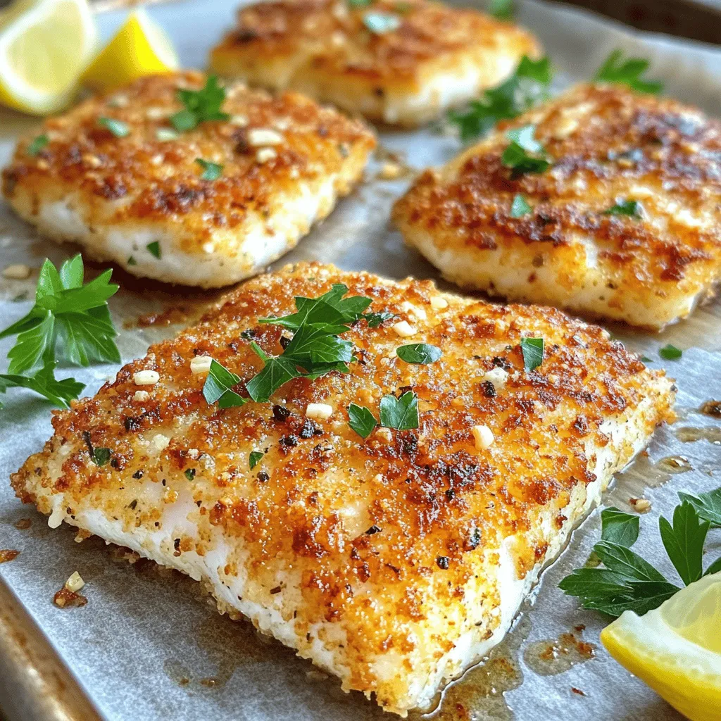 - 4 tilapia fillets - 1 cup grated Parmesan cheese - 1 cup panko breadcrumbs - 1 teaspoon garlic powder - 1 teaspoon dried oregano - 1 teaspoon paprika - 1 teaspoon salt - 1/2 teaspoon black pepper - 2 large eggs, beaten - 2 tablespoons olive oil - Fresh parsley for garnish - Lemon wedges for serving The ingredients for Parmesan Crusted Tilapia are simple and easy to find. You need fresh tilapia fillets, which you can buy at your local market. Use high-quality Parmesan cheese, as it adds a rich flavor to the dish. Panko breadcrumbs are key for a crispy texture. You will also need a few spices, like garlic powder and oregano, to enhance the taste. Salt and pepper are essential for seasoning. The eggs help the breadcrumbs stick, while olive oil keeps everything moist. - Calories per serving: About 350 - Macronutrient breakdown: - Protein: 30g - Fat: 18g - Carbohydrates: 20g - Common allergens: Fish, dairy, eggs, gluten (from breadcrumbs) This dish is not only tasty but also packed with protein. Each serving offers a balanced mix of nutrients, making it a great choice for dinner. Just be mindful of allergens if you are cooking for others. For complete cooking details, check out the Full Recipe. - Preheat oven to 400°F (200°C). - Prepare the baking sheet with parchment paper. First, I set my oven to 400°F. This temperature will help the tilapia cook evenly. Lining a baking sheet with parchment paper keeps the fish from sticking. It also makes clean-up easier. - Combine Parmesan, panko, and seasonings. In a bowl, I mix the grated Parmesan, panko, garlic powder, oregano, paprika, salt, and black pepper. This mix gives the fish a tasty top. I stir well until everything blends together. - Patting the tilapia dry. - Dipping in eggs and coating with breadcrumbs. Next, I take the tilapia fillets and pat them dry with a paper towel. This step helps the crust stick well. Then, I dip each fillet into beaten eggs. I make sure to cover them fully. After that, I press the fillets into the Parmesan mix. I want both sides to be coated for great flavor. - Arrange on the baking sheet, drizzle olive oil. - Baking duration and signs of doneness. Now, I lay the fillets on the baking sheet. I leave some space between them for air to circulate. I drizzle olive oil on top to help them brown. I bake the fish for 15 to 20 minutes. I know they are done when they turn golden brown and flake easily with a fork. You can find the full recipe [here](#). To get that perfect crust on your Parmesan crusted tilapia, start by drying the fish. Use a paper towel to pat the fillets dry. This step helps the coating stick better during cooking. If the fish is wet, the crust can become soggy. Next, ensure you coat the fish evenly. After dipping the fillets in beaten eggs, press them into the Parmesan breadcrumb mixture. Cover both sides well. This way, you get a nice, crunchy texture when it bakes. When serving, think about what goes well with the fish. Steamed vegetables or a bright salad are great choices. They add color and nutrition to your meal. For plating, arrange the fillets on a nice platter. Add lemon wedges around the fish for a pop of color. A sprinkle of fresh parsley on top makes it look even better. One mistake is overcrowding the baking sheet. If you place too many fillets too close, they won’t cook evenly. Leave some space between each piece for hot air to flow. Another mistake is not preheating the oven. Make sure your oven is at 400°F (200°C) before placing the fish inside. This helps the crust get crispy and brown. For the full recipe, check the main section above. {{image_4}} To make your Parmesan crusted tilapia even tastier, try adding extra spices. Some great options include: - Cayenne pepper for heat - Italian seasoning for a herby taste - Onion powder for a savory kick You can also switch up the cheese. Instead of Parmesan, use: - Asiago for a sharper flavor - Mozzarella for a creamier texture - Cheddar for a rich taste If you need a gluten-free option, replace panko breadcrumbs with: - Crushed rice cereal - Almond flour These alternatives still give a nice crunch. If tilapia isn't your favorite, try using: - Cod for a mild taste - Salmon for a richer flavor - Chicken breast for a different protein Want to try a different cooking method? The air fryer is an excellent choice. Here’s how: 1. Preheat your air fryer to 400°F (200°C). 2. Cook the coated tilapia for about 10-12 minutes. 3. Check for a golden crust and flaky fish. For a pan-frying option, follow these steps: 1. Heat olive oil in a skillet over medium heat. 2. Fry each fillet for about 4-5 minutes on each side. 3. Look for a crispy crust and fully cooked fish. Explore my full recipe for more details on making this dish. Store any leftover Parmesan crusted tilapia in the fridge. Place the fish in a shallow, airtight container. This keeps it fresh and tasty. It is best to eat leftovers within two days. For best results, try to keep the crust intact. To reheat, use an oven or an air fryer. Preheat the oven to 350°F (175°C) and bake for about 10 minutes. This helps keep the crust crispy. In the air fryer, set it to 350°F (175°C) for about 5 minutes. Check that the fish is warmed through. Yes, you can freeze Parmesan crusted tilapia! Wrap each fillet tightly in plastic wrap. Then, place them in a freezer bag. This keeps them safe from freezer burn. To thaw, move the fish to the fridge overnight. You can also use a microwave on low power if you're in a hurry. For the full recipe, see above. Enjoy your tasty and simple dinner idea! Yes, you can use frozen tilapia. Just thaw it before cooking. To thaw, place the fish in the fridge overnight. If you need it faster, seal it in a bag and submerge it in cold water for about an hour. Make sure the fish is fully thawed. This helps the coating stick better. Look for a few signs to know if the fish is done. First, it should turn golden brown on the outside. Then, use a fork to check the fish. If it flakes easily, it’s ready. The flesh should be opaque, not translucent. An internal temperature of 145°F (63°C) means it’s safe to eat. Yes, this dish can be prepped ahead of time. You can coat the tilapia and keep it in the fridge for up to one day. Just cover it with plastic wrap. When you are ready, bake it as directed. If you want, you can also freeze the coated fillets. Thaw them overnight in the fridge before baking. This dish pairs well with many sides. Here are some great options: - Roasted vegetables: Carrots, asparagus, or broccoli. - Salads: A light green salad with lemon vinaigrette. - Rice or quinoa: Simple and filling options. - Potatoes: Mashed, baked, or roasted. - Drinks: A crisp white wine or sparkling water complements the fish. This blog post showed you how to make Parmesan crusted tilapia, focusing on ingredients, preparation, and tips. With simple steps, you can create a tasty dish that's crispy and satisfying. Remember to dry the fish well for the best crust. Whether you are cooking for family or friends, this recipe offers great flavors. Enjoy experimenting with variations and serving ideas. With practice, you’ll master this dish and impress everyone at the table. Cooking can be fun, so dive in and try it today!