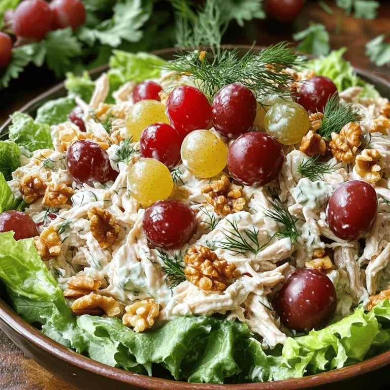 To make a tasty Greek yogurt chicken salad, you need the following: - 2 cups cooked chicken breast, shredded - 1 cup plain Greek yogurt - 1/4 cup mayonnaise (optional; substitute with more Greek yogurt for a lighter version) - 1/2 cup celery, finely chopped - 1/2 cup red grapes, halved - 1/4 cup walnuts, toasted and roughly chopped - 1/4 cup fresh dill, finely chopped - 1 tablespoon fresh lemon juice - Salt and freshly ground pepper to taste These ingredients come together to create a fresh and healthy dish packed with flavor. You can easily switch out some ingredients if needed. Here are a few ideas: - Use rotisserie chicken instead of cooking your own chicken. - Swap red grapes for apples or dried cranberries for a different taste. - Instead of walnuts, try pecans or sliced almonds for added crunch. - Fresh dill can be replaced with parsley or chives if you prefer a milder herb. These substitutions keep the salad fun and tasty while catering to your preferences. Adding toppings can enhance your Greek yogurt chicken salad. Here are some great options: - Crumbled feta cheese for a salty kick. - Sliced avocado for creaminess and healthy fats. - Extra fresh dill or parsley for a pop of color. - A sprinkle of paprika or chili flakes for a bit of heat. Feel free to mix and match these toppings to make your salad unique and enjoyable. For the full recipe, check out the link above! Start with two cups of cooked chicken breast. Shred it into small pieces. Place the chicken in a large mixing bowl. Add one cup of plain Greek yogurt. If you want, you can mix in a quarter cup of mayonnaise. Using a spatula, mix well until the chicken looks creamy and coated. Now it’s time to add the fun parts! Fold in half a cup of finely chopped celery. Then, add half a cup of halved red grapes. Next, toss in a quarter cup of toasted walnuts. Gently stir the mix. Be careful not to squish those grapes. They add a sweet touch! Next, add a quarter cup of fresh dill. This herb makes the salad taste bright. Squeeze in one tablespoon of fresh lemon juice for some zest. Mix everything well. Finally, season with salt and freshly ground pepper to taste. Once mixed, cover the bowl with plastic wrap. You can also use a lid if you have one. Place the bowl in the fridge. Let it chill for at least 30 minutes. This time helps the flavors blend together. For serving, you can put the salad over leafy greens or use it in sandwiches. Enjoy this refreshing dish! Check out the [Full Recipe] for more details. Greek yogurt is a star in this dish. It has protein that helps build muscle. One cup gives you around 20 grams of protein. This makes you feel full longer. Greek yogurt also has probiotics, which are good for your gut. These tiny helpers boost digestion and keep your tummy happy. Plus, it is lower in fat than regular yogurt, making it a smart choice for health. One serving of Greek yogurt chicken salad is about 200-300 calories. This depends on how much mayo you add. The chicken provides lean protein, while the yogurt keeps calories low. Here’s a quick look at the breakdown: - Cooked chicken breast: 100-150 calories - Greek yogurt: 100-150 calories - Celery: 10 calories - Grapes: 30-40 calories - Walnuts: 50-70 calories (if used) - Dill, lemon juice, and spices: negligible calories This makes it a light option that is still filling. Every ingredient in this salad adds health perks. - Chicken breast: Packed with protein, it helps with muscle repair and growth. - Greek yogurt: Offers calcium for strong bones. - Celery: Low in calories and high in water, it keeps you hydrated. - Red grapes: Full of antioxidants, they protect your cells. - Walnuts: They are great for heart health and provide healthy fats. - Dill: This herb can improve digestion and add flavor without calories. - Lemon juice: It gives vitamin C, which boosts immunity. These ingredients work together for a tasty and healthy meal. For the full recipe, check out the detailed steps above. {{image_4}} When making Greek yogurt chicken salad, start with good chicken. I like to use cooked chicken breast. It is lean, tender, and easy to shred. You can roast, boil, or grill the chicken to cook it. If you have leftover chicken, that works great too. Look for chicken that is fresh and has no strange smell. If you can, try to choose organic chicken for better flavor and health benefits. To make your chicken salad pop with flavor, season your chicken. Use salt, pepper, and a touch of lemon juice while cooking. This adds a great base flavor. When mixing the salad, don’t skip the fresh dill. It gives a bright, fresh taste. You can also add a splash of vinegar for extra zing. Lastly, let the chicken salad chill in the fridge. This helps all the flavors blend together nicely. For serving, I love to keep it simple and fresh. You can serve the salad on a bed of leafy greens, like spinach or romaine. It looks colorful and inviting. Another great idea is to use it as a filling for sandwiches or wraps. Crisp lettuce cups are also fun and healthy. For a pop of flavor, top your salad with extra dill or whole grapes. This makes the dish even more appealing! For the complete recipe, check out the Full Recipe section above. For a Mediterranean twist, I like adding sun-dried tomatoes, feta cheese, and olives. These ingredients bring a bright, tangy flavor to the salad. You can also swap in cooked quinoa for a protein boost. The grains add texture and make the dish more filling. This version shines when served in pita pockets or over mixed greens. If you enjoy heat, try making a spicy Greek yogurt chicken salad. Add diced jalapeños or a splash of hot sauce to the mix. You can also include smoked paprika for an extra kick. The heat balances well with the creaminess of the yogurt. It’s perfect for those who crave bold flavors. Serve it with tortilla chips for a fun snack. You can customize your salad easily. Here are some add-ins to consider: - Chopped apples for sweetness - Diced red onion for crunch - Chopped herbs like basil or parsley for freshness - Dried cranberries for a tangy bite These simple additions can change the flavor profile. Feel free to mix and match until you find your favorite combination. For the full recipe, check out the Creamy Greek Yogurt Chicken Salad Delight. Yes, you can make Greek Yogurt Chicken Salad ahead of time. It is a great dish for meal prep. I often prepare it a day before I need it. The flavors get better as they sit. Just store it in an airtight container in the fridge. Greek Yogurt Chicken Salad lasts about 3 to 5 days in the fridge. Always keep it covered to maintain freshness. If you notice any changes in color or smell, it’s best to toss it. Freezing Greek Yogurt Chicken Salad is not recommended. The texture changes when frozen. The yogurt may become watery when thawed. However, you can freeze the chicken separately. When you are ready, just make the salad fresh with the cooked chicken. You now have a clear guide for making Greek Yogurt Chicken Salad. We explored the full ingredient list, substitutions, and great toppings. I walked you through each step, from prep to chilling. We also covered the nutrition benefits and tips for choosing the best chicken. Lastly, I shared fun variations and answered your common questions. By using fresh ingredients and simple methods, you can create a healthy dish. Enjoy this recipe as a tasty meal or a snack. Now, go ahead and try it!