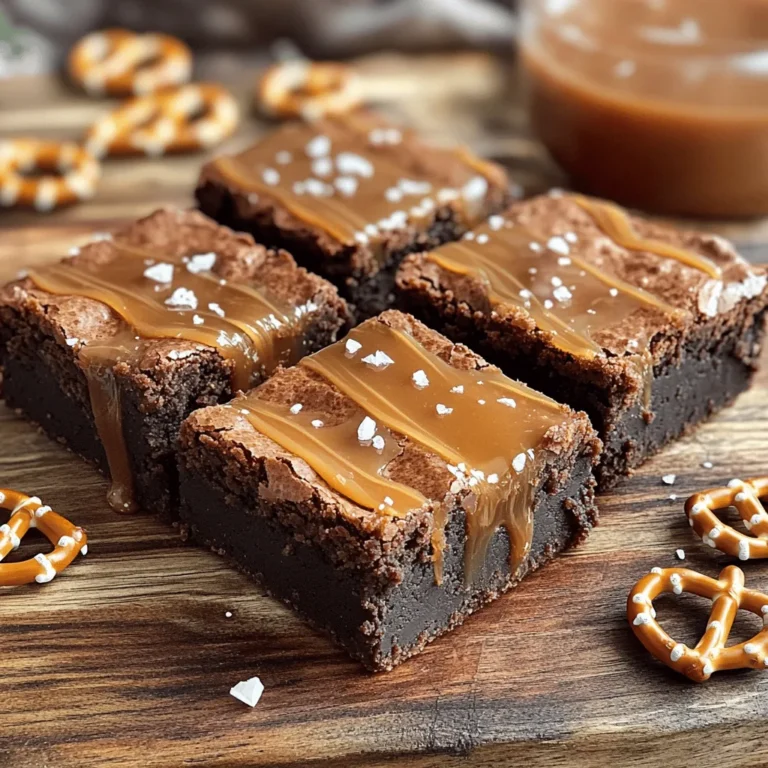 - 1 cup unsalted butter, melted - 2 cups granulated sugar - 1 cup packed brown sugar - 4 large eggs - 1 teaspoon pure vanilla extract - 1 cup all-purpose flour - 1 cup unsweetened cocoa powder - 1 teaspoon baking powder - ½ teaspoon salt - 1 cup semi-sweet chocolate chips - 1 cup pretzels, crushed into small pieces - 1 cup store-bought salted caramel sauce - Flaky sea salt, for garnish For the best results, I recommend using high-quality chocolate and fresh eggs. Brands like Guittard or Ghirardelli work well. Fresh eggs improve texture and taste. Always choose a caramel sauce that is smooth and rich for the best flavor. If you need gluten-free brownies, swap the all-purpose flour for a gluten-free blend. For a dairy-free option, use coconut oil instead of butter and dairy-free chocolate chips. You can also play with flavors. Try using dark chocolate instead of semi-sweet for a richer taste. Add nuts like pecans or walnuts for crunch. You can even mix in some peanut butter for a fun twist. 1. Preheat your oven to 350°F (175°C). This step is key for even baking. 2. Prepare a 9x13-inch baking pan. You can grease it or use parchment paper. This makes it easy to lift out the brownies later. 3. In a large bowl, mix together 1 cup of melted unsalted butter, 2 cups of granulated sugar, and 1 cup of packed brown sugar. Whisk until smooth. 4. Add 4 large eggs to the sugar mix, one at a time. Mix well after each egg. Stir in 1 teaspoon of pure vanilla extract for extra flavor. 5. In another bowl, sift together 1 cup of all-purpose flour, 1 cup of unsweetened cocoa powder, 1 teaspoon of baking powder, and ½ teaspoon of salt. This helps to combine the dry ingredients well. 6. Gradually mix the dry ingredients into the wet mixture. Stir gently until just combined. Do not overmix; this keeps the brownies soft. 7. Now, fold in 1 cup of semi-sweet chocolate chips and 1 cup of crushed pretzels. Make sure they are evenly mixed for great flavor in every bite. 8. Pour half of the brownie batter into your prepared pan. Spread it out evenly. 9. Drizzle half of the store-bought salted caramel sauce on top. Use a knife to swirl it into the batter. This creates a lovely marbled effect. 10. Add the rest of the brownie batter on top. Smooth it out, then repeat the caramel drizzle and swirling for the top layer. 11. Bake in your preheated oven for 30-35 minutes. Check for doneness with a toothpick; it should come out with a few moist crumbs. 12. Once baked, cool the brownies in the pan for at least 20 minutes. This helps them set up before slicing. This method gives you rich, decadent salted caramel pretzel brownies that you will love to share. For the full recipe, check out the detailed guide above. To make fudgy brownies, use less flour and add more butter. This keeps them moist. For cakey brownies, increase flour, and use baking powder. Mixing is key. Always mix just until combined. Overmixing adds air and makes them dry. Use room-temperature eggs for better mixing. Cold eggs can create lumps. Melted butter adds richness. Let it cool slightly before mixing. This ensures a smooth batter. Top your brownies with vanilla ice cream for a great blend. Extra salted caramel adds a rich touch. Drizzle it on top or serve it on the side. For gatherings, cut the brownies into neat squares. Arrange them on a wooden board for a cozy look. Scatter whole pretzels around for a fun touch. These ideas make your brownies look and taste even better. You can find the full recipe for more delicious details. {{image_4}} You can make these brownies even more exciting! Try adding peanut butter for a rich twist. Swirl it into the batter before baking. You can also mix in chopped nuts like pecans or walnuts for extra crunch. Seasonal flavors are fun, too. In the fall, add pumpkin spice to the mix. This gives your brownies a warm, cozy taste that is perfect for autumn. You can even use different types of chocolate, like dark or white, to change the flavor profile. If you want a gluten-free version, swap the all-purpose flour for almond flour or a gluten-free blend. This keeps the texture nice while making it safe for those with gluten allergies. For vegan brownies, replace the eggs with flax eggs or applesauce. Use plant-based butter and dairy-free chocolate chips. This keeps the taste and texture close to the original, so no one will miss the eggs or dairy. To keep your Salted Caramel Pretzel Brownies fresh, store them properly. You can keep them at room temperature for a few days. Use an airtight container to avoid drying out. If you want them to last longer, put them in the fridge. This will keep them fresh for up to a week. For freezing, wrap each brownie tightly in plastic wrap and place them in a freezer-safe bag. You can freeze them for up to three months. When ready to eat, let them thaw in the fridge overnight. They’ll taste great! Brownies can stay fresh for about five days at room temperature. In the fridge, they last up to a week. To tell if they are bad, look for mold or any strange smells. If they feel dry or hard, it's time to toss them. Trust your senses! Fresh brownies should smell sweet and look moist. Enjoy your delicious treats while they last! For the full recipe, check out the Salted Caramel Pretzel Brownies. How long do Salted Caramel Pretzel Brownies last? Salted Caramel Pretzel Brownies last about 5 days at room temperature. Store them in an airtight container to keep them fresh. If you want to keep them longer, refrigerate them for up to 2 weeks. Can I make these brownies in advance? Yes, you can make these brownies in advance. Bake them, then let them cool completely. After cooling, wrap them tightly in plastic wrap and store them at room temperature or in the fridge. What are the best methods to cut brownies cleanly? To cut brownies cleanly, use a sharp knife and heat it with hot water. Wipe the knife after each cut to keep the edges neat. You can also chill the brownies for a bit before cutting to make this easier. Can I use homemade caramel instead of store-bought? Absolutely! You can use homemade caramel. Just make sure it has a similar consistency to store-bought caramel. Homemade caramel adds a personal touch and can enhance the flavor. What should I do if my brownies are too dry? If your brownies are too dry, you can fix them by adding a bit of melted butter or a splash of milk. Mix these in gently until the texture improves. Next time, be careful not to overbake the brownies. Check for doneness a few minutes early. In this article, we explored everything you need for perfect Salted Caramel Pretzel Brownies. We covered ingredients, preparation, and baking tips. You learned how to customize with substitutions and variations. Remember, the key is to balance flavors and textures. Don’t forget to store them properly for the best taste. Enjoy experimenting with this recipe and impressing your friends and family. Brownies can be simple or fancy, so have fun! Your baking skills will shine with practice and these great tips. Happy baking!