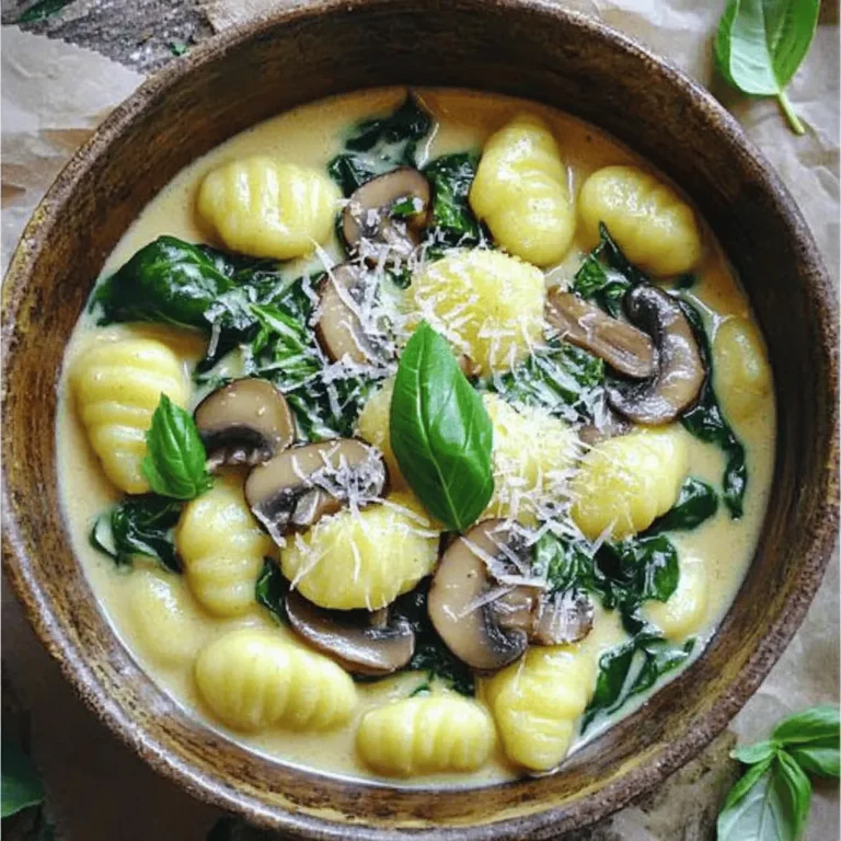 For this dish, you will need: - 1 pound potato gnocchi - 2 tablespoons extra virgin olive oil - 1 medium onion, finely diced - 3 cloves garlic, minced - 8 ounces fresh mushrooms, sliced (cremini or button) - 5 ounces baby spinach leaves - 1 cup rich heavy cream - 1/2 cup finely grated Parmesan cheese These ingredients create the base of your creamy mushroom spinach gnocchi. The gnocchi adds a soft and pillowy texture, while the mushrooms and spinach bring earthy and fresh flavors. The heavy cream and Parmesan cheese make the sauce rich and decadent. You will also need: - 1 teaspoon garlic powder - 1/2 teaspoon crushed red pepper flakes (optional for a kick) - Salt and freshly cracked black pepper to taste These spices elevate the dish. Garlic powder adds depth, while crushed red pepper gives a hint of heat. Adjust salt and pepper to your liking for a perfect balance. For a nice finish, consider: - Fresh basil leaves for a vibrant garnish - Zest of 1 lemon for brightness These garnishes add color and flavor. Fresh basil brings a hint of herbal freshness, while lemon zest brightens the dish. They make your meal look even more inviting. Start by boiling a large pot of salted water. Once it bubbles, add 1 pound of potato gnocchi. Cook until they float, which usually takes a few minutes. This means they are done! Carefully drain the gnocchi and set them aside. In a large skillet, heat 2 tablespoons of extra virgin olive oil over medium heat. Add 1 medium onion, finely diced. Sauté it for about 3-4 minutes until it becomes soft and clear. Then, add 3 cloves of minced garlic and cook for 1 more minute. The smell will fill your kitchen! Next, stir in 8 ounces of sliced mushrooms. Cook them for 5-6 minutes until they turn soft and golden. This step adds depth to your dish. Now, pour in 1 cup of rich heavy cream and stir to mix everything well. Bring the mixture to a gentle simmer. Add 1 teaspoon of garlic powder, 1/2 teaspoon of crushed red pepper flakes, and salt and pepper to taste. These spices give the sauce flavor. Gradually mix in 1/2 cup of finely grated Parmesan cheese. Stir until it melts and creates a creamy sauce. Gently add the reserved gnocchi back into the skillet. Toss them carefully to coat them in the creamy sauce. Let this cook for an additional 2-3 minutes. This helps the gnocchi soak up the sauce flavors. Taste your dish and adjust the seasoning with more salt and pepper if needed. Finish with the zest of 1 lemon to brighten the flavors. Serve the creamy mushroom spinach gnocchi in deep bowls. Top with extra Parmesan and fresh basil leaves for a pop of color. Enjoy this meal with a side of crusty bread to soak up the sauce! - Use a large pot with plenty of salted water. This helps the gnocchi cook evenly. - Wait for the gnocchi to float to the top. This shows they're ready to drain. - Be gentle when stirring the gnocchi. They can break easily if handled too roughly. - Rinse them briefly in cool water if you plan to use them later. - Start with heavy cream for richness. It gives the sauce a velvety texture. - Stir in the Parmesan cheese slowly. This helps it melt smoothly into the sauce. - Simmer the sauce gently. High heat can cause the cream to separate. - Add a splash of pasta water if the sauce gets too thick. This will help it blend better. - Serve the gnocchi in deep bowls for a classy look. - Top each bowl with extra Parmesan cheese and fresh basil leaves. - A drizzle of high-quality olive oil adds flavor and a nice touch. - Pair with a piece of crusty bread. It’s perfect for soaking up the creamy sauce. {{image_4}} You can change up this dish with different veggies. Try using broccoli or kale for a twist. Zucchini adds a nice crunch. If you want more color, bell peppers work well too. You can even toss in some peas or asparagus for extra flavor. These add-ins boost the nutrients and make the meal more fun. To make this dish vegetarian, you can keep the recipe as is. For a vegan option, swap the heavy cream for coconut cream or a nut-based cream. Use nutritional yeast instead of Parmesan for a cheesy flavor. This keeps it creamy while making it plant-based. Remember to check the gnocchi package for egg-free options. Cheese can change the whole dish. For a different taste, try goat cheese or feta. They add a tangy flavor that pairs well with mushrooms. If you prefer a sharper taste, use aged cheddar. For a creamy texture, mascarpone cheese works beautifully. Adjust the cheese to suit your taste! To store leftovers, let the creamy mushroom spinach gnocchi cool down. Place it in an airtight container. Store it in the fridge for up to three days. Make sure to seal the container tightly to keep it fresh. When you’re ready to enjoy the leftovers, reheat them gently. You can use a skillet on low heat. Add a splash of cream or water to keep it moist. Stir often until it’s heated through. You can also microwave it in a bowl. Cover with a damp paper towel. Heat in short bursts, stirring in between. To freeze the dish, let it cool completely first. Place it in a freezer-safe container or bag. It can last up to three months in the freezer. When you're ready to eat, thaw it overnight in the fridge. Reheat on the stove or microwave, adding a little cream if needed. This method helps retain the creamy texture. I recommend using potato gnocchi for this dish. They are soft and fluffy. You can find them fresh or frozen at the store. Fresh gnocchi cooks quickly and tastes great. If you want a firmer bite, try gnocchi made with semolina. Yes, you can! Look for gluten-free gnocchi options. Many brands make them with rice or corn flour. Ensure all other ingredients, like broth or cheese, are also gluten-free. This way, everyone can enjoy this creamy delight. To boost protein, add cooked chicken, shrimp, or even beans. Tofu is a great option for a vegetarian twist. You can also use more cheese, like ricotta or cottage cheese. These options keep the dish rich and tasty. Absolutely! Creamy mushroom spinach gnocchi stores well. Prepare the dish and let it cool. Store it in airtight containers in the fridge. It lasts up to three days. Just reheat it gently on the stove or in the microwave. A nice white wine pairs well with this dish. Try a Chardonnay or Pinot Grigio. These wines enhance the creamy flavors. If you prefer red, a light Pinot Noir works too. Enjoy your meal with a glass of wine! This blog post covered how to make creamy mushroom spinach gnocchi. We explored the main ingredients, essential spices, and optional garnishes. You learned step-by-step instructions and tips for perfect gnocchi and sauce. We discussed fun variations, storing, and reheating leftovers. Experimenting with this dish can lead to exciting meals. Enjoy sharing your delicious creations with family and friends!