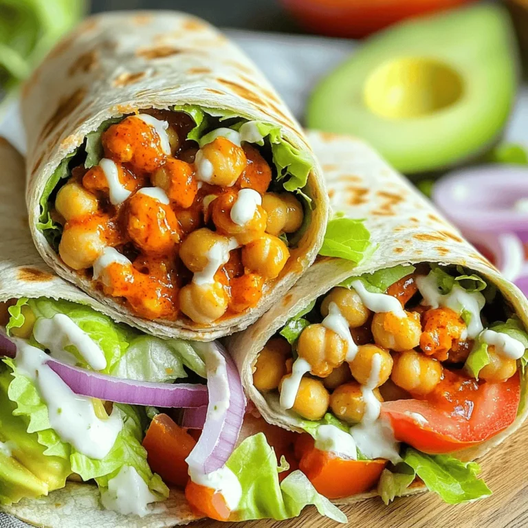 - 1 can (15 oz) chickpeas, thoroughly drained and rinsed - 1/4 cup buffalo sauce - 1 tablespoon extra-virgin olive oil - 1 teaspoon garlic powder - 1 teaspoon onion powder - 1/2 teaspoon smoked paprika - Salt and freshly ground black pepper to taste - 4 large whole wheat tortillas or wraps - 1 cup romaine lettuce, finely chopped - 1/2 cup fresh tomatoes, diced - 1/4 cup red onion, finely sliced - 1 ripe avocado, sliced - 1/4 cup vegan ranch dressing (optional) You can swap the chickpeas for black beans for a different flavor. If you want a milder sauce, use a mild hot sauce. For the tortillas, corn tortillas work well, too. If you’re out of avocado, try sliced cucumber for crunch. Use any leafy green if romaine isn't available. You can also skip the ranch dressing and add a squeeze of lime for a zesty twist. Chickpeas are rich in protein and fiber, making them filling and nutritious. They help with digestion and heart health. Buffalo sauce adds flavor with fewer calories than many dressings. Romaine lettuce is low in calories and high in vitamins A and K. Tomatoes provide antioxidants, while avocados add healthy fats and potassium. Using whole wheat wraps boosts fiber content, which is great for overall health. Start by opening a can of chickpeas. Drain and rinse them well. This helps remove extra sodium. Next, grab a medium bowl. In this bowl, add the drained chickpeas along with the olive oil, garlic powder, onion powder, and smoked paprika. Sprinkle in some salt and black pepper to taste. Now, take a fork or a potato masher. Mash the chickpeas gently. You want a mix of whole and slightly crushed pieces. This adds a nice texture to your wraps. After mashing, pour in the buffalo sauce. Mix it well so every chickpea gets coated in the spicy goodness. Heat a non-stick skillet over medium heat. Once hot, add the chickpea mixture you made earlier. Sauté the mixture for about 5 to 7 minutes. Stir occasionally as it cooks. You want the chickpeas to heat through and get a bit crispy on the edges. Once done, remove them from heat. Take a large whole wheat tortilla and lay it flat on a clean surface. Start by adding a generous mound of chopped romaine lettuce as your base. Next, spoon on the warm chickpea mixture. Top this with diced tomatoes, thinly sliced red onion, and sliced avocado. If you like creaminess, drizzle some vegan ranch dressing over the top. To roll your wrap, fold in the sides first. Then, carefully roll it tightly from the bottom up. This secures all your tasty fillings inside. Repeat this process for the remaining tortillas. Serve your zesty wraps right away for the best taste. If you need to, wrap them in foil for a tasty meal on the go. You can easily change these wraps to fit your taste. Try different sauces like barbecue or sweet chili. For a milder flavor, use less buffalo sauce. Add crunchy veggies like bell peppers or cucumbers for more texture. You can even swap chickpeas for black beans or lentils. Mix in herbs like cilantro or parsley for a fresh kick. Create your own twist to make each wrap unique. Using the right tools makes cooking easier. Here are some must-haves for your wraps: - Medium-sized mixing bowl - Fork or potato masher - Non-stick skillet - Cutting board - Sharp knife - Measuring cups and spoons - Large spatula These tools help you prepare the chickpeas and assemble your wraps with ease. Cooking chickpeas well ensures a great texture. If you use canned chickpeas, drain and rinse them first. This removes extra salt and preservatives. For dried chickpeas, soak them overnight and boil until tender. Keep an eye on them so they don’t overcook. You want them soft but not mushy. A little bit of crispness adds great flavor to your wraps. Enjoy experimenting with these tips! {{image_4}} You can switch out the buffalo sauce for other tasty sauces. Try BBQ sauce for a sweet twist. A spicy sriracha sauce adds heat without the vinegar kick. You can even use tahini for a nutty flavor. If you want creamy, mix in vegan ranch or tahini dressing. Each sauce gives a new flavor to your wraps. Feel free to play with the veggies you use. Spinach or kale can replace romaine. They add more nutrients and earthy flavor. You can also add shredded carrots or cucumber for crunch. Chopped bell peppers bring color and sweetness. Avocado is creamy, but you could swap it for hummus for extra protein. For a gluten-free wrap, choose corn tortillas or lettuce leaves. Both options keep the wraps fresh and light. You can also use grain-free tortillas made from almond or coconut flour. These wraps taste great and fit many diets. Always check labels to ensure they are truly gluten-free. Store leftover wraps in an airtight container. This keeps them fresh and tasty. Place a piece of parchment paper between each wrap. This prevents them from sticking together. You can store them in the fridge for up to three days. Always let the wraps cool before sealing them. To freeze, wrap each individual wrap tightly in plastic wrap. You can also use aluminum foil. Then, place all wrapped wraps in a freezer bag. Remove as much air as possible. Label the bag with the date. These wraps can be frozen for up to three months. When you want to eat them, just thaw them in the fridge overnight. To reheat, take the wrap out of the fridge or freezer. If frozen, let it thaw first. You can use a skillet over medium heat. Heat each wrap for about three to four minutes on each side. This keeps the wrap crispy. You can also microwave the wraps for about 30 seconds. However, the skillet method gives a better texture. Enjoy your flavorful wraps warm! Yes, you can make these wraps in advance. Prepare the chickpea mixture and let it cool. Then, store it in the fridge. When you're ready to eat, assemble your wraps fresh. This method keeps the tortillas from getting soggy. To keep wraps fresh, wrap them tightly in foil or plastic wrap. Store them in an airtight container in the fridge. This helps maintain their flavor and texture. If you want to enjoy them later, avoid adding wet ingredients until you are ready to eat. Absolutely! These wraps are perfect for meal prep. You can make a batch at the start of the week. Store your chickpea mixture and tortillas separately. This way, you can assemble them fresh each day. Enjoy a quick, healthy meal that saves you time! In this blog post, we explored how to make tasty buffalo chickpea wraps. We covered key ingredients, cooking steps, tips for customization, and variations for different diets. You can easily adapt these wraps to fit your tastes. Remember, storing them properly keeps them fresh for later. Enjoy trying out these wraps for a healthy meal or snack. With these steps, I hope you feel ready to create your own delicious wraps!