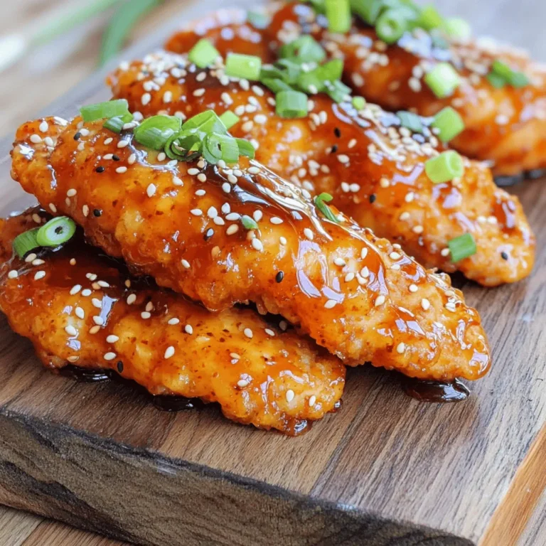 You will need: - 1 lb chicken tenders - 1/2 cup all-purpose flour - 1/2 teaspoon salt - 1/2 teaspoon black pepper - 1 teaspoon garlic powder - 1/2 cup buttermilk - 1/2 cup panko breadcrumbs - 1/4 cup Sriracha sauce - 1/4 cup honey - 1 tablespoon soy sauce - 1 teaspoon rice vinegar - Cooking oil for frying These chicken tenders are the star of the show. The chicken should be fresh and well trimmed. I like to choose tenders for their tender and juicy texture. You might already have some of these items at home: - Salt - Black pepper - Garlic powder - Cooking oil These staples help build flavor in your dish. Use fresh spices for the best taste. If you’re missing some items, here are some swaps: - Use almond flour instead of all-purpose flour for a gluten-free option. - Swap buttermilk with regular milk or a milk alternative. - Try maple syrup in place of honey for a different sweetness. These alternatives can still give you a tasty result. You can make this dish work with what you have! 1. First, gather your ingredients. You need chicken tenders, flour, salt, pepper, garlic powder, buttermilk, panko breadcrumbs, Sriracha sauce, honey, soy sauce, rice vinegar, and cooking oil. 2. In a mixing bowl, mix 1/2 cup of flour, 1/2 teaspoon of salt, 1/2 teaspoon of black pepper, and 1 teaspoon of garlic powder. Make sure it’s well combined. 3. In another bowl, pour in 1/2 cup of buttermilk. This will help the coating stick to the chicken. 1. Take a chicken tender and dip it into the buttermilk. Let the extra buttermilk drip off. 2. Next, dredge the tender in the flour mixture. Ensure it’s fully coated, then shake off any extra flour. 3. For extra crunch, dip the chicken back into the buttermilk. Then roll it in the panko breadcrumbs. This gives it a great texture. 4. Heat cooking oil in a large skillet over medium heat until it shimmers. Be careful, as you don’t want it to smoke. 5. Carefully place the coated chicken tenders into the hot oil. Fry for about 4-5 minutes on each side until they are golden brown. Make sure they reach an internal temperature of 165°F (75°C). 1. While the chicken cooks, grab a small bowl. In it, whisk together 1/4 cup of Sriracha sauce, 1/4 cup of honey, 1 tablespoon of soy sauce, and 1 teaspoon of rice vinegar. Mix until smooth. 2. Adjust the spice level to your taste by adding more or less Sriracha. 3. Once the chicken is cooked, transfer it to a plate lined with paper towels to drain any extra oil. 4. In a large mixing bowl, add the hot chicken tenders and drizzle the Sriracha honey sauce over them. Toss gently to coat each piece evenly. To get a great crunch, use panko breadcrumbs. They are light and crisp. The double dredge method helps too. First, coat the chicken in flour, then dip it in buttermilk. Finally, roll it in panko. This gives you that extra crunch. Fry the chicken in hot oil, but don’t crowd the pan. Fry in batches to keep the heat steady. To jazz up the flavor, adjust the Sriracha to your taste. Add more for heat or less for a milder bite. Mixing in soy sauce and rice vinegar adds depth to the sauce. You can also add garlic or ginger for a punch. Serve with sesame seeds or green onions for a fresh touch. Frying gives the best texture, but you can bake them too. If you choose to bake, preheat your oven to 400°F (200°C). Place the coated chicken on a baking sheet. Spray with cooking oil for crispiness. Bake for 20-25 minutes until golden brown and cooked through. This method is easier for a healthier option. {{image_4}} You can easily adjust the heat in Sriracha honey chicken tenders. If you like spicy food, add more Sriracha. Start with 1/4 cup in the sauce. Taste it first, then add more if needed. For a milder flavor, cut the Sriracha down to 2 tablespoons. You can also mix in some ketchup or barbecue sauce for sweetness. This makes the dish great for kids or anyone who prefers less heat. If you need a gluten-free option, swap the all-purpose flour with a gluten-free blend. You can use almond flour or rice flour instead. Make sure your panko breadcrumbs are gluten-free too. Many brands offer this option. For the sauce, check that your soy sauce is gluten-free as well. This way, you can enjoy the dish without any gluten concerns. Want to make this dish vegetarian? You can use tofu or tempeh instead of chicken. Cut them into strips and press the tofu to remove excess water. Coat them like the chicken and fry them in hot oil. You can also use cauliflower florets for a fun twist. Just make sure to adjust the frying time, as they may cook faster than chicken. Enjoy your tasty vegetarian Sriracha honey tenders! After cooking your Sriracha honey chicken tenders, let them cool. Place them in an airtight container. Store them in the fridge. They stay fresh for up to three days. If you want to enjoy them later, make sure not to leave them out for more than two hours. This keeps them safe and tasty. To reheat the chicken tenders, use an oven or an air fryer. Preheat the oven to 375°F (190°C). Place the tenders on a baking sheet. Heat for about 10-12 minutes. This method keeps them crunchy. If you use a microwave, heat them for 30-second intervals. Keep an eye on them to avoid a soggy texture. If you have leftovers, you can freeze them. Wrap each chicken tender in plastic wrap. Then, place them in a freezer-safe bag. They can last for up to three months in the freezer. When you're ready to eat, thaw them in the fridge overnight before reheating. This method keeps the flavors intact. To store leftovers, let the chicken cool completely. Place them in an airtight container. You can keep them in the fridge for up to three days. For best taste, reheat them in an oven. This keeps them crispy. Avoid using a microwave, as it can make them soggy. Yes, you can bake the chicken tenders. Preheat your oven to 400°F (200°C). Place the coated tenders on a baking sheet lined with parchment paper. Spray them lightly with cooking oil. Bake for about 20-25 minutes, flipping halfway through. They will be less greasy but still tasty. You can serve these tenders with various sides. Here are some ideas: - Steamed broccoli - Crispy fries - Rice or quinoa - A fresh green salad - Coleslaw These sides add balance and make a complete meal. Enjoy mixing and matching! In this post, we explored the key ingredients for Sriracha Honey Chicken Tenders. We covered preparation steps, cooking methods, and how to make a tasty sauce. I shared tips for achieving the perfect crunch and enhancing flavors. You learned about variations for spicy, gluten-free, and vegetarian options, plus storage and reheating tips. Sriracha Honey Chicken Tenders can please anyone. Use these simple steps to create your dish. Enjoy cooking this flavorful meal!