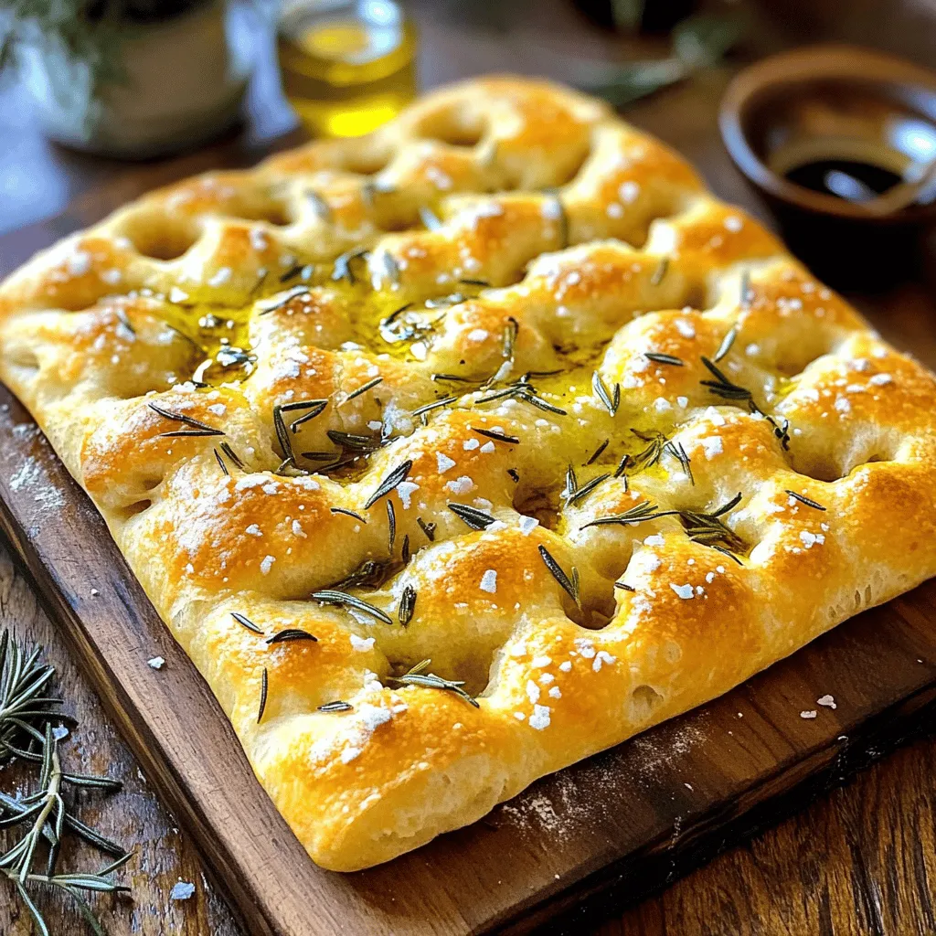 - 4 cups all-purpose flour - 1 ½ cups warm water (110°F or 43°C) - 2 teaspoons active dry yeast - 2 tablespoons honey - 2 teaspoons salt - ¼ cup olive oil (plus extra for drizzling) - 6 cloves garlic, finely minced - 2 tablespoons fresh rosemary, finely chopped - Coarse sea salt, for finishing The main ingredients for garlic rosemary focaccia are simple and easy to find. I love using all-purpose flour as it gives a great texture. Warm water helps activate the yeast. Honey adds sweetness and flavor. I mix in salt to enhance all the flavors. Garlic and rosemary are the stars of this recipe. They create a fragrant aroma and a savory taste. I use fresh garlic for a strong punch and fresh rosemary for its earthy notes. If you want to switch things up, you can try different flours, like whole wheat. This will give your focaccia a heartier texture. If you need a vegan option for honey, try maple syrup instead. It works well and adds a nice taste. For the garlic, you can use garlic powder if you don’t have fresh garlic. Dried rosemary is an option too. Just remember, dried herbs are stronger, so use less. First, take a small bowl. Mix 1 ½ cups of warm water, 2 tablespoons of honey, and 2 teaspoons of active dry yeast. The water should be about 110°F or 43°C. This warmth helps the yeast wake up. Let this mixture sit for 5 to 10 minutes. You want to see bubbles forming on top. This frothy look shows your yeast is active and ready. Next, grab a large mixing bowl. Combine 4 cups of all-purpose flour and 2 teaspoons of salt. Make a well in the center of the flour. Pour in your yeast mixture and ¼ cup of olive oil. Stir these together until a shaggy dough forms. Now, place the dough on a floured surface. Knead it by hand for 5 to 7 minutes. You want the dough to be smooth and elastic. If it feels sticky, add a little more flour. Now, shape the kneaded dough into a ball. Place it in a lightly greased bowl. Cover the bowl with a damp cloth and put it in a warm spot. Let the dough rise for about 1 hour. It should double in size. Once it has risen, gently punch it down to release the air. Move the dough to a greased baking sheet. Stretch it into a rectangle, making it about 1-inch thick. Use your fingers to create dimples on the dough's surface. Drizzle olive oil over it. Then, sprinkle the minced garlic and chopped rosemary evenly. Don’t forget a pinch of coarse sea salt for extra flavor. Preheat your oven to 425°F (220°C). While it heats, let the focaccia rest for another 20 minutes. This helps relax the gluten. Bake for 20 to 25 minutes until golden brown. Once baked, remove it from the oven and let it cool a bit before slicing. To get the right texture, knead the dough for 5-7 minutes. This time helps develop gluten, making the dough stretchy. If the dough is too sticky, add a bit of flour. If it feels too dry, add a little water. The dough needs warmth to rise well. A draft-free spot works best. To make your focaccia even more tasty, add toppings. You can use sun-dried tomatoes, olives, or cheese. Infuse olive oil with garlic or herbs for a great flavor boost. Brush this oil on the dough before baking. This adds depth to every bite. If your dough does not rise, check the yeast. Make sure it is fresh and activate it properly. A warm environment helps the dough grow. If your focaccia is too dense, you may have over-kneaded it. Be gentle when shaping the dough for a light texture. {{image_4}} You can easily change your focaccia with seasonal vegetables. Try adding sundried tomatoes or olives. These veggies add color and flavor. You can also switch up the herbs you use. If you have fresh basil or thyme, use them instead of rosemary. Each season brings new tastes. Embrace what's fresh and local. For a cheesy treat, add cheese to the dough. Mozzarella or feta works great. Just fold in small chunks before you shape the dough. This gives a gooey, melty center. When baking, keep an eye on it. Bake until the top is golden. You want the cheese to be bubbling and delicious. You can turn focaccia into a sweet dessert too! Use fruits like apples or pears. Top it with a sprinkle of sugar or a bit of cinnamon. Drizzle honey or maple syrup before baking. This adds a nice glaze. It’s a fun twist for brunch or dessert. The options are endless. Enjoy experimenting with flavors! To keep leftover focaccia fresh, store it in an airtight container. This method keeps moisture in and prevents it from drying out. You can also wrap it in plastic wrap or foil. Make sure to place it at room temperature. It should last for about two days this way. If you want to keep it longer, consider the freezer option. To freeze focaccia, first let it cool completely. Wrap it tightly in plastic wrap and then in aluminum foil. This method prevents freezer burn. Label the package with the date. Focaccia can last up to three months in the freezer. When you are ready to eat it, reheat the focaccia for the best taste. Preheat your oven to 350°F (175°C). Unwrap the focaccia and place it on a baking sheet. Heat for about 10-15 minutes until warm. This will help restore its crusty texture. Enjoy the fresh taste as if it just came out of the oven! Focaccia usually takes about 1 hour to rise. The dough should double in size. Warm air helps the yeast grow. Make sure to cover the bowl with a damp cloth. This keeps the dough moist. If your kitchen is cool, it may take longer. You can also place it in an oven set to a low temperature. Yes, you can prepare focaccia ahead of time. Make the dough and let it rise. After it doubles in size, punch it down. Then, cover and refrigerate it overnight. The next day, let it warm up and rise again. You can bake it fresh when you're ready. This makes it easy for parties or gatherings. Garlic rosemary focaccia pairs well with many dishes. Try serving it with olive oil for dipping. Balsamic vinegar adds a nice touch too. You can also enjoy it with soups or salads. For a fun twist, serve it with cheese or charcuterie boards. It works great as a base for sandwiches as well. Yes, a stand mixer is perfect for making focaccia. Use the dough hook attachment for mixing. Start on a low speed to combine the ingredients. Once mixed, increase the speed to knead the dough. Knead for about 5 minutes until smooth. This saves time and effort compared to kneading by hand. In this blog post, we covered how to make delicious garlic rosemary focaccia. You learned about key ingredients like flour, yeast, and garlic, along with useful tips and variations. Making focaccia is simple and rewarding. With some practice, you can bake a perfect loaf every time. Enjoy experimenting with flavors, toppings, and storage methods. This bread can impress your family or guests. Happy baking!
