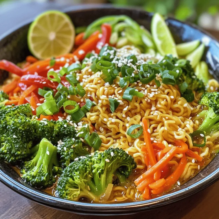 To make Sesame Garlic Ramen Noodles, you'll need: - 2 packs of instant ramen noodles - 4 tablespoons sesame oil - 5 cloves garlic, minced - 1 tablespoon fresh ginger, peeled and minced - 3 tablespoons soy sauce - 1 tablespoon rice vinegar - 1 tablespoon honey or maple syrup - 1 cup broccoli florets - 1 red bell pepper, cored and thinly sliced - 1 medium carrot, julienned - 3 green onions, chopped (white and green parts separated) - 2 tablespoons sesame seeds (toasted, if possible) - Salt and freshly ground black pepper to taste When picking ingredients, freshness is key. Choose bright, crisp vegetables. Look for broccoli that is firm and green. The bell pepper should have smooth skin and vibrant color. Carrots should be firm and not soft. For garlic and ginger, pick ones that feel heavy and are firm. Fresh green onions should have no browning. Always smell ingredients to check for freshness. If you’re missing an ingredient, don't worry! You can swap some items. For the sesame oil, you can use olive oil or canola oil. If you lack fresh ginger, try ground ginger. Instead of honey, maple syrup works well too. Don’t have broccoli? Use snap peas or green beans instead. You can also add other veggies like zucchini or mushrooms for variety. 1. Cook the Noodles: Boil water in a medium pot. Add the ramen noodles. Cook them for 3-5 minutes. Drain the noodles and set them aside. 2. Sauté Aromatics: Heat sesame oil in a large skillet over medium heat. Add minced garlic and ginger once the oil is hot. Sauté for 1-2 minutes until they smell great. Avoid burning them. 3. Stir-Fry Vegetables: Toss in broccoli florets, sliced red bell pepper, and julienned carrot. Stir-fry the vegetables for about 5 minutes. They should be tender yet bright and crisp. 4. Prepare the Sauce: In a small bowl, mix soy sauce, rice vinegar, and honey or maple syrup. Whisk until combined. 5. Combine Noodles and Sauce: Add drained noodles to the skillet. Pour the sauce over the noodles and vegetables. Use tongs or a spatula to mix gently. Make sure everything heats through. 6. Season to Taste: Add salt and freshly ground black pepper to your liking. 7. Garnish and Serve: Take the skillet off the heat. Sprinkle sliced green onions and sesame seeds on top. To boost flavor in your sesame garlic ramen noodles, consider these tips: - Use fresh garlic and ginger. They add depth that dried versions can't match. - Toast sesame seeds lightly before adding them. This step intensifies their nutty flavor. - Adjust the sauce's sweetness. Use more honey or maple syrup for a sweeter taste. Here are some pitfalls to watch out for: - Overcooking the noodles makes them mushy. Stick to the package time. - Burning the garlic and ginger alters the dish's taste. Keep a close eye on them. - Forgetting to season at the end can dull the flavors. Always taste and adjust. To get the best texture for your noodles, cook them just right. Boil them for 3 to 5 minutes. I prefer to check them a minute early to avoid overcooking. Drain them in a colander and rinse with cold water. This step halts cooking and keeps them firm. Seasonings make a huge difference. I use soy sauce for saltiness and rice vinegar for tang. Honey or maple syrup adds a touch of sweetness. Feel free to taste as you go. If you want heat, add chili flakes or sriracha to the sauce for a spicy kick. To save time, prep all your ingredients before cooking. Chop veggies and mince garlic ahead of time. This way, you can cook quickly without delays. Using instant ramen cuts down on cooking time, making this dish ready in just 20 minutes. {{image_4}} You can easily add protein to your sesame garlic ramen noodles. Some great choices include: - Cooked chicken, shredded or diced - Tofu, cubed and sautéed - Shrimp, peeled and cooked - Ground beef or pork, browned Adding protein makes the dish heartier and more filling. Cook the protein separately and mix it in before serving. This way, you get a balanced meal that tastes great. If you want to keep this dish vegetarian or vegan, it’s simple! Here are some swaps: - Use tofu or tempeh instead of meat. - Replace honey with maple syrup for sweetness. - Choose a plant-based soy sauce to keep it vegan. These changes keep your meal tasty and satisfying. You still get that rich umami flavor without any animal products. For those who love heat, there are fun ways to spice up the dish. Try adding: - Red pepper flakes for a kick - Sriracha sauce or chili oil for depth - Fresh sliced jalapeños for a fresh burst Mix these spicy elements into your sauce or sprinkle them on top. Adjust the amount to match your heat preference. This way, you can enjoy a bold and flavorful ramen that excites your taste buds! Store any leftover sesame garlic ramen noodles in an airtight container. Keep them in the fridge for up to three days. This way, they stay fresh and tasty. Make sure the noodles cool down before you seal them. This helps avoid sogginess. To reheat, you can use a microwave or a skillet. If using a microwave, add a splash of water. Heat in short bursts, stirring in between. If you prefer a skillet, warm a little sesame oil over low heat. Add the noodles and stir until heated through. This keeps the noodles nice and flavorful. You can freeze sesame garlic ramen noodles, but they may lose some texture. Store them in a freezer-safe container. They will last for up to two months. When ready to eat, thaw them in the fridge overnight. Reheat them gently, adding a bit more sauce if needed. This helps bring back the flavor. Sesame garlic ramen noodles draw from Asian cuisine, especially Japanese. Ramen has roots in China but became popular in Japan. The dish highlights flavors like sesame and garlic, common in many Asian meals. This mix of flavors makes it loved worldwide. The combination reflects both tradition and modern tastes. Yes, you can easily make this recipe gluten-free. Simply use gluten-free ramen noodles. Look for brands made from rice or buckwheat. Check the soy sauce label and use a gluten-free option. Many brands offer this. With these swaps, you can enjoy a tasty, gluten-free meal. Pairing your sesame garlic ramen noodles with side dishes enhances the meal. Here are some great options: - Edamame sprinkled with sea salt - A simple cucumber salad with rice vinegar - Steamed dumplings filled with vegetables or meat - Miso soup for a warm touch These sides balance flavors and textures well. To make this dish low-carb, replace the ramen noodles with zucchini noodles or shirataki noodles. Both options reduce carbs while keeping the dish light. You can add more veggies, like spinach or mushrooms, for extra bulk and flavor. Season well to keep those rich tastes you love. Sesame Garlic Ramen Noodles are simple and fun to make. We explored essential ingredients and tips for selecting the freshest ones. You learned cooking techniques to boost flavor and avoid common mistakes. Plus, we discussed ways to customize your dish and store leftovers properly. In the end, you can enjoy making this dish your own. Baking your noodles with fresh flavors can make meals exciting. Now, get cooking and savor the delicious results!
