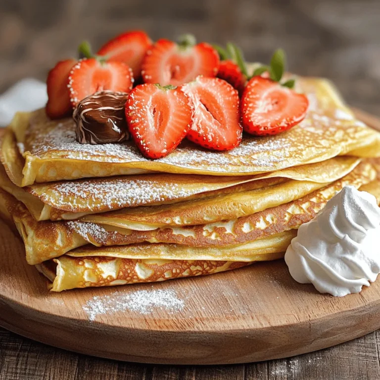 To make the perfect Strawberry Nutella Crepes, gather these items: - 1 cup all-purpose flour - 2 large eggs - 1 1/2 cups milk - 2 tablespoons melted butter - 2 tablespoons granulated sugar - 1 teaspoon pure vanilla extract - A pinch of salt - Nutella, for generous spreading - 1 cup fresh strawberries, hulled and sliced - Whipped cream, for topping (optional) - Powdered sugar, for dusting (optional) Here are the tools you will need: - Mixing bowls - Whisk - Non-stick skillet or crepe pan - Spatula - Measuring cups and spoons - Ladle or cup for pouring batter Each serving of these delightful crepes offers: - Calories: 320 - Protein: 8 g - Fat: 14 g - Carbohydrates: 43 g - Fiber: 2 g - Sugar: 10 g These numbers may vary based on toppings and portion sizes. Enjoy your crepes, and feel free to modify the ingredients to suit your taste! To start, grab a big mixing bowl. Combine 1 cup of all-purpose flour, 2 tablespoons of granulated sugar, and a pinch of salt. Use a whisk to mix the dry ingredients well. In another bowl, whisk together 2 large eggs, 1 1/2 cups of milk, 2 tablespoons of melted butter, and 1 teaspoon of pure vanilla extract. Make sure the mixture is smooth. Slowly add this wet mixture to the dry ingredients, whisking all the time to avoid lumps. Let the batter rest for about 30 minutes. This step makes your crepes soft and nice. Now, heat up a non-stick skillet or crepe pan over medium heat. Lightly grease it with a bit of butter. For each crepe, pour about 1/4 cup of batter into the center of the pan. Quickly tilt and swirl the pan so the batter spreads out evenly. Cook the crepe for 1-2 minutes, or until the edges lift and the bottom turns golden brown. Carefully flip the crepe with a spatula and cook for another 30 seconds to 1 minute. Transfer the cooked crepe to a plate. Repeat this until all the batter is used. Once your crepes are cooked and cool, it’s time to fill them. Take one crepe and spread a generous layer of Nutella on one half. Next, layer 1 cup of sliced strawberries over the Nutella. Fold the crepe in half, and then fold it in half again to make a triangle shape. If you want, add whipped cream on top and dust with powdered sugar before serving. This will make your crepes look fancy and taste even better! When making crepes, avoid using cold ingredients. Cold eggs and milk can lead to lumps. Always mix your dry and wet ingredients well. This helps create a smooth batter. If your crepes stick to the pan, you may need more butter. A well-greased pan is key for easy flipping. Lastly, do not rush the cooking time. Cook each crepe until golden brown for the best taste. To get thin crepes, use a small amount of batter. About 1/4 cup works well for a standard pan. Pour the batter in the center and quickly swirl the pan. This spreads the batter evenly. Let the crepes cook for 1-2 minutes. Watch for the edges to lift. A gentle flip helps keep them intact. Remember, practice makes perfect! You can enhance your crepes with some fun additions. Try mixing cocoa powder into the batter for a chocolate twist. For a fruity boost, add a splash of orange juice or zest. If you love nuts, sprinkle in some finely chopped hazelnuts. Top your crepes with extra strawberries, or use raspberries or bananas. These additions can make your Strawberry Nutella Crepes even more delightful! {{image_4}} You can switch up the filling in your crepes. Try sliced bananas or blueberries. These fruits add a nice sweetness. You can also mix nuts with the fruit for some crunch. Peanut butter pairs well with bananas if you want a twist. For a tropical flair, use mango or pineapple slices. Each fruit brings a different taste and texture. Feel free to experiment and find your favorite! If you need gluten-free crepes, use a gluten-free flour blend. Many options are available at stores. You can also swap milk for almond or oat milk. This keeps the crepes tender and delicious. For a dairy-free option, use dairy-free butter. This way, everyone can enjoy these tasty crepes without worry. Just remember, the flavor may change slightly, but they will still be yummy! Crepes don't have to be sweet. Try making savory versions! Fill them with spinach and feta for a tasty meal. You can also add ham and cheese for a classic combo. Other great fillings include mushrooms and herbs. Top with a bit of sour cream or Greek yogurt for a creamy finish. These savory crepes make a great lunch or dinner option. Enjoy the fun of crepe-making by exploring these savory delights! You can store leftover crepes easily. Place them in a clean container. Make sure to separate each crepe with parchment paper. This will keep them from sticking together. Seal the container tightly. Store it in the fridge for up to three days. Reheating crepes is simple. Use a non-stick skillet over medium heat. Place the crepe in the pan for about 30 seconds on each side. You can also use the microwave. Heat on low for 10-15 seconds. Keep an eye on them to avoid overcooking. Freezing crepes is a great way to save them. Stack the crepes with parchment paper between each one. Wrap the stack tightly in plastic wrap. Then, place it in a freezer bag. You can freeze them for up to two months. When ready to eat, thaw in the fridge overnight. Reheat as needed, and enjoy! To make the batter smoother, whisk the wet and dry ingredients well. Start by mixing the flour, sugar, and salt in one bowl. In another, mix the eggs, milk, melted butter, and vanilla. Slowly add the wet mix to the dry mix while whisking. This helps avoid lumps. If you still see lumps, blend the batter in a blender for a few seconds. Letting the batter rest for 30 minutes also helps improve its texture. Yes, you can make crepes ahead of time. Cook them and let them cool completely. Then, stack them with parchment paper in between to avoid sticking. Store the stack in an airtight container in the fridge for up to three days. When ready to serve, reheat them in a skillet over low heat. This keeps them soft and tasty. If you want alternatives to Nutella, try peanut butter or almond butter. Both spread well and add great flavor. For a sweeter option, use chocolate spread or cookie butter. You can also use fruit spreads, like strawberry or raspberry, for a fruity twist. Each choice gives a unique touch to your crepes. In this blog post, I covered the essential ingredients and tools for making delicious strawberry Nutella crepes. You learned the step-by-step process for preparing the batter, cooking the crepes, and assembling them. I shared tips to avoid common mistakes and variations to try. Remember to store and reheat your crepes properly. With this guide, you can create tasty treats with ease. Enjoy experimenting with flavors and sharing these delights with others!