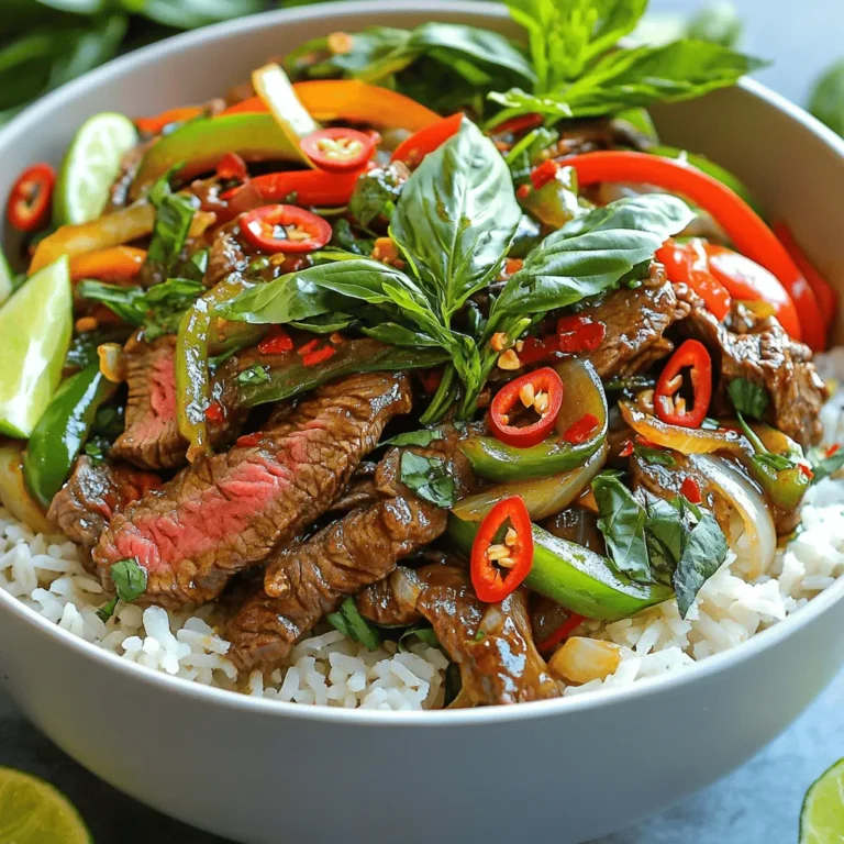 - 1 lb (450g) beef sirloin, thinly sliced against the grain - 2 tablespoons vegetable oil - 4 cloves garlic, minced - 2 fresh red chilies, sliced (adjust to your desired spice level) - 1 bell pepper (you can choose red or green), sliced into thin strips - 1 medium onion, sliced into thin wedges - 2 cups fresh Thai basil leaves, tightly packed - 3 tablespoons soy sauce - 1 tablespoon oyster sauce - 1 tablespoon fish sauce - 1 tablespoon brown sugar - Cooked jasmine rice, for serving - Fresh chilies - Lime wedges - Additional Thai basil Thai basil beef stir-fry needs fresh and vibrant ingredients. The beef sirloin gives a tender bite, while the Thai basil adds a unique flavor. You will want to use high-quality soy sauce, oyster sauce, and fish sauce for the best taste. The garlic and chilies bring in aromatic warmth, and the bell pepper and onion add a nice crunch. Each ingredient plays a key role in this dish. Optional garnishes like fresh chilies and lime wedges can enhance the flavor. The lime adds brightness, and fresh chilies let you adjust spice levels to your liking. More Thai basil on top makes the dish look appealing. Each ingredient works together to create a simple yet flavorful meal. Marinating beef adds great flavor and tenderness. For this dish, I slice 1 pound of beef sirloin thinly against the grain. In a medium bowl, I mix the beef with 1 tablespoon of soy sauce, 1 tablespoon of oyster sauce, and 1 tablespoon of fish sauce. I make sure the beef is well coated. I let it marinate for about 15 minutes at room temperature. This short time really helps the flavors get into the meat. First, I heat 2 tablespoons of vegetable oil in a large wok over medium-high heat. When the oil shimmers, I add 4 cloves of minced garlic and 2 sliced red chilies. I sauté them for about 30 seconds until they smell great. Next, I add 1 sliced onion and 1 sliced bell pepper. I stir-fry them for about 3 to 4 minutes. I want them to be tender but still crisp. After that, I raise the heat to high and add the marinated beef. I spread the beef out in the wok for even cooking. I stir-fry it for 3 to 5 minutes until it's browned and cooked through. To finish, I sprinkle 1 tablespoon of brown sugar over the stir-fry. I also add the remaining 2 tablespoons of soy sauce. I toss everything well to mix. Then, I add 2 cups of fresh Thai basil leaves. I stir until the basil wilts down, which takes about 1 minute. I remove the pan from heat and serve the stir-fry hot over jasmine rice. For a nice touch, I like to add extra Thai basil leaves and slices of chilies on top. I might also serve lime wedges on the side for a zesty kick! If you don't have beef, you can use chicken or pork. Sliced chicken breast works great. For a vegetarian option, try tofu or tempeh. They soak up the flavors well and add protein. You can swap the bell pepper for any other veggie you like. Broccoli or snap peas add a nice crunch. To stir-fry properly, heat your oil well. A hot wok is key for good texture. Add garlic and chilies first, then quickly toss in your veggies. Stir them fast to keep them crisp. When you add the beef, spread it out in the wok. This helps it cook evenly. Cook until it's brown but still tender. If you want more spice, add extra chilies or a dash of chili paste. For a sweet touch, increase the brown sugar slightly. You can also mix in other herbs like cilantro or mint for fresh flavors. A splash of lime juice at the end brightens up the dish too! {{image_4}} You can switch up the beef in this dish. Chicken, pork, or tofu work great. - For chicken, use thin slices of boneless breast or thigh. - Pork tenderloin is a nice choice if you want a change. - Tofu is perfect for a vegetarian option. Just press it to remove water. Each protein brings its own taste and texture. Adjust your cooking time based on what you choose. Thai basil beef stir-fry changes across Thailand. Each area adds its own twist. - In Bangkok, cooks might add more chilies for heat. - Northern regions may use different herbs, like mint. - Southern Thailand loves bold flavors, adding coconut milk or shrimp paste. Explore these variations for a taste of each region. Want to add a twist? Try new ingredients to spice things up. - Add sliced mushrooms for extra umami. - Bell peppers can be swapped for snow peas or green beans. - Consider a splash of lime juice for brightness. Experiment with flavors that excite you. It keeps the dish fun and fresh. To keep your Thai Basil Beef Stir-Fry fresh, store it in an airtight container. Place it in the fridge within two hours of cooking. This helps prevent bacteria growth. It will stay good for about three days. When ready to eat, look for any signs of spoilage. If you want to save some for later, freezing is a great option. Let the stir-fry cool completely before freezing. Use freezer-safe bags or containers. Try to remove as much air as possible before sealing. Your stir-fry can last for up to three months in the freezer. Label the bags with the date to keep track. To reheat and keep the dish tasty, use a skillet over medium heat. Add a splash of water or broth to help it steam. Stir often to heat it evenly. You can also use the microwave, but cover it to keep moisture in. Heat in short bursts, stirring in between. This keeps it from drying out and helps maintain the flavor. Thai basil has a unique flavor. It tastes spicy, sweet, and a bit peppery. Regular basil, like sweet basil, has a milder taste. Thai basil holds up well in cooking. You can use it in stir-fries, soups, and salads. Its flavor shines in dishes like Thai Basil Beef Stir-Fry. Yes, you can prep this dish in advance. Cook the beef and veggies, then cool them. Store them in an airtight container in the fridge. You can keep them for up to three days. When ready to eat, just heat them in a pan. Add fresh basil just before serving for the best flavor. Serve this dish with jasmine rice for a perfect pairing. You can also try it with steamed vegetables. A simple cucumber salad works well too. If you like, add lime wedges for a zesty kick. This helps brighten the meal and adds freshness. This blog post detailed how to make a delicious Thai basil beef stir-fry. We covered essential ingredients, marination, and cooking steps. I shared tips for ingredient swaps and cooking techniques to ensure great texture and flavor. You also learned about different proteins and how to store leftovers. Prepare this stir-fry at home to savor its bold flavors. Enjoy your cooking adventure!