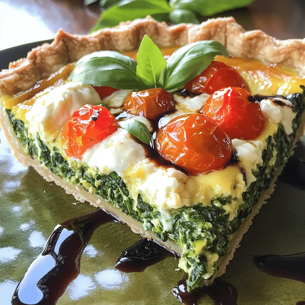- 1 pre-made pie crust - 2 cups fresh spinach, finely chopped - 1 cup cherry tomatoes, halved - 1 small onion, diced - 3 large eggs - 1 cup heavy cream - 1 cup shredded mozzarella cheese - Spices: garlic powder, salt, black pepper, and freshly grated nutmeg - Additional cheese options (feta or cheddar) - Herbs for flavor enhancement (basil or thyme) For this quiche, I love using fresh ingredients. The spinach adds a nice color and nutrients. The cherry tomatoes give a sweet burst in every bite. I use a pre-made pie crust for ease. It saves time and keeps the focus on the filling. The eggs and cream make the quiche rich and creamy. I always add mozzarella for its meltiness. You can also try feta or cheddar if you want a twist. Garlic powder, salt, black pepper, and nutmeg add flavor. Nutmeg sounds fancy, but it pairs well with eggs. If you want to elevate your dish, consider adding herbs like basil or thyme. They add freshness and aroma. Experiment with these add-ins to make the quiche your own. To start, preheat your oven to 375°F (190°C). This heat will help your quiche cook evenly. Grab your tools: a medium skillet, a large mixing bowl, and a pie dish. Now, let’s prepare the pie crust. Since we use a pre-made crust, it saves time. Place it in your pie dish and set it aside. First, heat 1 tablespoon of olive oil in the skillet over medium heat. Add 1 small diced onion and sauté it for about 3-4 minutes. Cook until the onion is soft and clear. Next, toss in 2 cups of finely chopped spinach. Stir it gently and cook for about 2 minutes, until the spinach wilts. Remove the skillet from the heat and let it cool for a moment. In a large bowl, whisk together 3 large eggs and 1 cup of heavy cream. Make sure they blend well. Add 1/2 teaspoon of garlic powder, 1/2 teaspoon of salt, 1/4 teaspoon of black pepper, and 1/4 teaspoon of freshly grated nutmeg. This mix adds great flavor! Now fold in 1 cup of shredded mozzarella cheese. Then, gently stir in the sautéed spinach and onions. Finally, add 1 cup of halved cherry tomatoes, being careful not to break them. Now it’s time to pour the filling into the pie crust. Spread it out evenly. Place the quiche in your preheated oven. Bake for 35-40 minutes. You’ll know it’s ready when it’s set in the middle and golden brown on top. After baking, let it cool for 5-10 minutes. This wait makes slicing easier and keeps it nice. To prevent a soggy crust, pre-bake your pie crust for about 10 minutes. This step helps it firm up. Use pie weights or dried beans to keep the crust flat while baking. To ensure a fluffy texture, whisk your eggs and cream well. Mix them until you see small bubbles. This adds air, making the quiche light. For seasoning variations, try adding a pinch of paprika or cayenne pepper for a little heat. You can also use smoked salt for a deeper flavor. Fresh herbs can really boost your quiche. Consider adding basil, thyme, or chives. Chop them finely and mix them in with your egg mixture. For elegant serving, slice the quiche into wedges and place each on a colorful plate. A sprinkle of fresh herbs on top makes it look fancy. Pair your quiche with a light salad or some fresh fruit. A glass of white wine or iced tea can also be a great match. {{image_4}} You can change up the veggies in your quiche. Try using kale, bell peppers, or zucchini. These add different flavors and textures. If you prefer, you can also use canned vegetables. Just drain them well before adding to your mix. Want more protein? Adding cooked bacon, ham, or chicken makes a tasty quiche. For a vegetarian option, try tofu or chickpeas. Both add protein and keep your meal filling. Looking for a healthier crust? You can use a whole wheat crust. This option adds fiber and a nutty flavor. If you need a gluten-free choice, there are many gluten-free crusts available. They work well and keep your quiche just as delicious. To store leftovers, place your quiche in an airtight container. This keeps it fresh for up to three days. Make sure to let it cool before sealing. When reheating, use the oven for best results. Preheat it to 350°F (175°C) and heat for about 15 minutes. This keeps the crust crispy and the filling warm. You can also use the microwave, but be careful; it can make the crust soggy. To freeze the quiche, wrap it tightly in plastic wrap. Then, place it in a freezer-safe bag or container. This way, it can last for up to three months. When you are ready to enjoy it, thaw it overnight in the fridge. Reheat it in the oven at 350°F (175°C) for about 25 minutes. This will help the quiche regain its original taste and texture. The quiche is safe to eat for three days when stored in the fridge. If frozen, it remains safe for three months. Always check for signs of spoilage before consumption. If it looks or smells off, it’s best to toss it. Enjoy your delicious quiche while it’s fresh! Can I use frozen spinach? Yes, you can use frozen spinach. Just thaw it and squeeze out excess water. This keeps your quiche from getting soggy. Fresh spinach, though, gives a brighter flavor. How do I know when the quiche is done? Your quiche is done when the center is set and the top is golden brown. You can gently shake the pan. If it jiggles slightly, let it bake a few more minutes. Can I make quiche ahead of time? Yes, you can make quiche ahead of time. Bake it, cool it, and store it in the fridge. Reheat it before serving for the best taste. Caloric content per serving Each slice of quiche has about 300 calories. This can change based on your pie crust and cheese choice. Health benefits of main ingredients - Spinach is high in vitamins A and C, plus iron. - Tomatoes provide antioxidants like lycopene. - Eggs are a great source of protein and healthy fats. - Cheese adds calcium for strong bones. Can I swap the cheese? Yes, feel free to swap the mozzarella. Try feta for a tangy taste or cheddar for a sharper flavor. How to adjust cooking times for different ovens? Ovens can vary. If your oven runs hot, check the quiche 5-10 minutes early. If it runs cool, it may need a few extra minutes. Use the look and feel of the quiche to guide you. You now have all the steps to make a delicious spinach tomato quiche. We covered the essential ingredients and how to prepare them. You’ve learned tips for perfecting the dish and ways to customize it. Remember to try different veggies or proteins for more variety. Storing leftovers correctly ensures you can enjoy this dish later. Quiche is versatile and easy to make, making it perfect for any meal. Now, it’s time to get cooking and enjoy your homemade quiche!