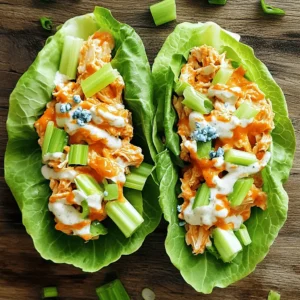 - 2 cups cooked chicken, shredded - 1/3 cup buffalo sauce - 1/4 cup cream cheese, softened - 1/4 cup ranch dressing - 1 cup celery, finely chopped - 1/4 cup green onions, sliced thinly - Salt and pepper, to taste - 1 head of romaine or butter lettuce - Crumbled blue cheese (optional) You can add crumbled blue cheese on top of your wraps. It adds a nice flavor. Chopped parsley or cilantro also works well for freshness. When picking lettuce, look for crisp leaves. They should feel firm and not limp. For celery, choose stalks that are bright and crunchy. Fresh green onions should have a nice green color. Avoid any yellow or wilting parts. Always check for bruises or dark spots on your produce. To start, grab a large bowl. Add 2 cups of cooked, shredded chicken. Pour 1/3 cup of buffalo sauce over the chicken. Mix it well with a spoon. You want every piece of chicken to be coated. Next, take 1/4 cup of softened cream cheese. Add it to the bowl. Stir until the mixture is smooth. No lumps should remain. Now, fold in 1/4 cup of ranch dressing, 1 cup of finely chopped celery, and 1/4 cup of thinly sliced green onions. Mix until everything blends well. Taste it! You can add salt and pepper to suit your flavor. Now, it’s time to wrap! Pick a large leaf of romaine or butter lettuce. Place a spoonful of that tasty buffalo chicken mixture in the center. If you love blue cheese, sprinkle some crumbled blue cheese on top. This adds extra flavor. Next, fold the edges of the lettuce leaf around the filling. This creates your wrap. It should hold together well. Enjoy the crunch with every bite! For the best texture, use fresh ingredients. Make sure the cream cheese is soft for easy mixing. Don't rush the mixing process. Take your time to blend everything smoothly. To adjust the heat, start with less buffalo sauce. You can add more later if you like it spicy. For the crunch, use fresh celery and crisp lettuce. Lastly, taste as you go! This helps you find the perfect balance. You can change the spice level. Use more or less buffalo sauce based on your taste. Want a creamy touch? Add more cream cheese. You can also mix in different herbs like parsley or cilantro for extra flavor. For a crunchier texture, toss in chopped bell peppers or carrots. If you like it zesty, squeeze in some lime juice. Experiment with different ingredients to make it your own! These wraps pair well with fresh veggies. Serve with carrot sticks, cucumber slices, or cherry tomatoes on the side. For a complete meal, add a side of sweet potato fries. You can also offer a dipping sauce. A side of ranch or blue cheese dressing complements the wraps nicely. This creates a fun, interactive meal for everyone. You’ll need a few key tools to make this recipe easy. A large mixing bowl is essential for combining the chicken and sauces. A spoon or spatula helps to mix everything well. Use a sharp knife for chopping the celery and green onions. A cutting board keeps your workspace tidy. If you have a food processor, it can help shred the chicken quickly. These tools make the process smooth and efficient. {{image_4}} Buffalo sauce is a classic choice for these wraps. However, you can switch it up easily. Try using BBQ sauce for a smoky flavor. For a sweet twist, honey mustard works great. You can even go for a spicy sriracha for added heat. Each sauce offers a unique taste, so feel free to experiment! If you're gluten-free, check that your buffalo sauce is gluten-free. You can also use gluten-free ranch dressing. For a dairy-free option, swap cream cheese for a vegan cream cheese. Use a dairy-free ranch dressing too. These small changes keep the wraps delicious for everyone! Romaine and butter lettuce are popular choices, but you can try others. Iceberg lettuce adds a nice crunch. Collard greens work well too if you want a sturdier wrap. Each type of lettuce gives a different texture. Choose the one you like best for your wraps! To keep your buffalo chicken lettuce wraps fresh, store the chicken filling separately. Use airtight containers for best results. Place the filling in a container and seal it tight. This keeps it safe from air and moisture. Store the lettuce leaves in another container to avoid wilting. Try to eat leftovers within three days for the best taste. When you want to enjoy your leftover chicken, reheat it gently. Place the chicken filling in a microwave-safe bowl. Cover it with a lid or a damp paper towel. Heat on medium for about 1 to 2 minutes. Stir halfway through to heat evenly. You can also heat it on the stove. Use a small pan over low heat. Stir often until warm. In the fridge, the buffalo chicken mixture lasts about three days. After that, it may lose flavor and freshness. Always check for any strange smells or changes in color before eating. When in doubt, throw it out! This way, you can enjoy your wraps at their best. To add more heat, you can use extra buffalo sauce. You might also try adding chopped jalapeños or a dash of cayenne pepper. Another great option is to mix in some hot sauce. Adjust the spice to fit your taste. Just remember to taste as you go so you don’t overdo it! Yes, using rotisserie chicken is a great time saver! It cuts down on prep time. Just shred the meat and mix it with the buffalo sauce. This makes the recipe even easier for busy days. Plus, rotisserie chicken is already cooked and flavorful, so it works perfectly. You can serve these wraps with fresh veggies like carrot sticks or cucumber slices. A side salad with ranch dressing pairs well too. For something warm, try baked sweet potato fries. You could also add some fruit, like watermelon or grapes, for a sweet touch. We covered how to make tasty Buffalo Chicken Lettuce Wraps. First, we listed the key ingredients and tips for fresh produce. Then, we walked through step-by-step instructions for perfect wraps. I shared ways to customize your filling and suggested kitchen tools. We also explored variations for different tastes and dietary needs. Lastly, I provided best practices for storing and reheating leftovers. Enjoy these wraps at your next meal—they're fun, simple, and absolutely delicious!