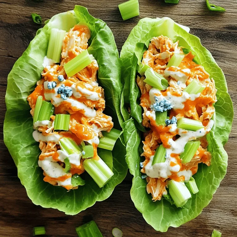 - 2 cups cooked chicken, shredded - 1/3 cup buffalo sauce - 1/4 cup cream cheese, softened - 1/4 cup ranch dressing - 1 cup celery, finely chopped - 1/4 cup green onions, sliced thinly - Salt and pepper, to taste - 1 head of romaine or butter lettuce - Crumbled blue cheese (optional) You can add crumbled blue cheese on top of your wraps. It adds a nice flavor. Chopped parsley or cilantro also works well for freshness. When picking lettuce, look for crisp leaves. They should feel firm and not limp. For celery, choose stalks that are bright and crunchy. Fresh green onions should have a nice green color. Avoid any yellow or wilting parts. Always check for bruises or dark spots on your produce. To start, grab a large bowl. Add 2 cups of cooked, shredded chicken. Pour 1/3 cup of buffalo sauce over the chicken. Mix it well with a spoon. You want every piece of chicken to be coated. Next, take 1/4 cup of softened cream cheese. Add it to the bowl. Stir until the mixture is smooth. No lumps should remain. Now, fold in 1/4 cup of ranch dressing, 1 cup of finely chopped celery, and 1/4 cup of thinly sliced green onions. Mix until everything blends well. Taste it! You can add salt and pepper to suit your flavor. Now, it’s time to wrap! Pick a large leaf of romaine or butter lettuce. Place a spoonful of that tasty buffalo chicken mixture in the center. If you love blue cheese, sprinkle some crumbled blue cheese on top. This adds extra flavor. Next, fold the edges of the lettuce leaf around the filling. This creates your wrap. It should hold together well. Enjoy the crunch with every bite! For the best texture, use fresh ingredients. Make sure the cream cheese is soft for easy mixing. Don't rush the mixing process. Take your time to blend everything smoothly. To adjust the heat, start with less buffalo sauce. You can add more later if you like it spicy. For the crunch, use fresh celery and crisp lettuce. Lastly, taste as you go! This helps you find the perfect balance. You can change the spice level. Use more or less buffalo sauce based on your taste. Want a creamy touch? Add more cream cheese. You can also mix in different herbs like parsley or cilantro for extra flavor. For a crunchier texture, toss in chopped bell peppers or carrots. If you like it zesty, squeeze in some lime juice. Experiment with different ingredients to make it your own! These wraps pair well with fresh veggies. Serve with carrot sticks, cucumber slices, or cherry tomatoes on the side. For a complete meal, add a side of sweet potato fries. You can also offer a dipping sauce. A side of ranch or blue cheese dressing complements the wraps nicely. This creates a fun, interactive meal for everyone. You’ll need a few key tools to make this recipe easy. A large mixing bowl is essential for combining the chicken and sauces. A spoon or spatula helps to mix everything well. Use a sharp knife for chopping the celery and green onions. A cutting board keeps your workspace tidy. If you have a food processor, it can help shred the chicken quickly. These tools make the process smooth and efficient. {{image_4}} Buffalo sauce is a classic choice for these wraps. However, you can switch it up easily. Try using BBQ sauce for a smoky flavor. For a sweet twist, honey mustard works great. You can even go for a spicy sriracha for added heat. Each sauce offers a unique taste, so feel free to experiment! If you're gluten-free, check that your buffalo sauce is gluten-free. You can also use gluten-free ranch dressing. For a dairy-free option, swap cream cheese for a vegan cream cheese. Use a dairy-free ranch dressing too. These small changes keep the wraps delicious for everyone! Romaine and butter lettuce are popular choices, but you can try others. Iceberg lettuce adds a nice crunch. Collard greens work well too if you want a sturdier wrap. Each type of lettuce gives a different texture. Choose the one you like best for your wraps! To keep your buffalo chicken lettuce wraps fresh, store the chicken filling separately. Use airtight containers for best results. Place the filling in a container and seal it tight. This keeps it safe from air and moisture. Store the lettuce leaves in another container to avoid wilting. Try to eat leftovers within three days for the best taste. When you want to enjoy your leftover chicken, reheat it gently. Place the chicken filling in a microwave-safe bowl. Cover it with a lid or a damp paper towel. Heat on medium for about 1 to 2 minutes. Stir halfway through to heat evenly. You can also heat it on the stove. Use a small pan over low heat. Stir often until warm. In the fridge, the buffalo chicken mixture lasts about three days. After that, it may lose flavor and freshness. Always check for any strange smells or changes in color before eating. When in doubt, throw it out! This way, you can enjoy your wraps at their best. To add more heat, you can use extra buffalo sauce. You might also try adding chopped jalapeños or a dash of cayenne pepper. Another great option is to mix in some hot sauce. Adjust the spice to fit your taste. Just remember to taste as you go so you don’t overdo it! Yes, using rotisserie chicken is a great time saver! It cuts down on prep time. Just shred the meat and mix it with the buffalo sauce. This makes the recipe even easier for busy days. Plus, rotisserie chicken is already cooked and flavorful, so it works perfectly. You can serve these wraps with fresh veggies like carrot sticks or cucumber slices. A side salad with ranch dressing pairs well too. For something warm, try baked sweet potato fries. You could also add some fruit, like watermelon or grapes, for a sweet touch. We covered how to make tasty Buffalo Chicken Lettuce Wraps. First, we listed the key ingredients and tips for fresh produce. Then, we walked through step-by-step instructions for perfect wraps. I shared ways to customize your filling and suggested kitchen tools. We also explored variations for different tastes and dietary needs. Lastly, I provided best practices for storing and reheating leftovers. Enjoy these wraps at your next meal—they're fun, simple, and absolutely delicious!