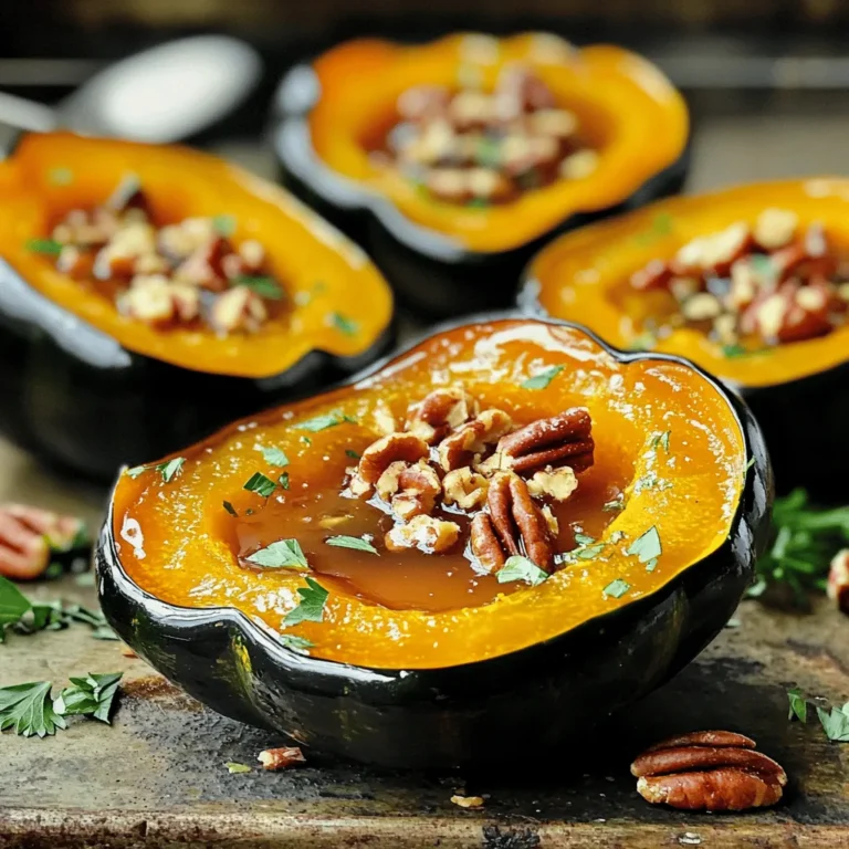 - 2 medium acorn squashes - 1/4 cup pure maple syrup - 2 tablespoons extra virgin olive oil - 1 teaspoon ground cinnamon - 1/2 teaspoon freshly grated nutmeg - Salt and freshly ground black pepper to taste - 1/4 cup chopped pecans (optional) - Fresh parsley leaves for garnish - Alternative sweeteners: You can use honey or agave syrup instead of maple syrup. - Oil options: Use avocado oil or melted coconut oil if you prefer. - Nut substitutes: If you want to skip pecans, try walnuts or sunflower seeds for crunch. When I make this dish, I love to play with the ingredients. You can easily swap out the maple syrup for honey if you like a different kind of sweetness. Olive oil brings great flavor, but avocado oil works just as well. Pecans add a fun crunch, but walnuts or even pumpkin seeds can be a great choice too. I encourage you to experiment just like I do. Each change can give the dish a new twist! 1. Preheating the oven Start by preheating your oven to 400°F (200°C). This step ensures the squash roasts evenly and caramelizes well. 2. Cutting and cleaning acorn squash Carefully slice the acorn squashes in half from stem to tip. Use a sharp knife for this. After cutting, scoop out the seeds and stringy flesh with a spoon. This creates a hollow space that will hold the glaze. 3. Making the maple glaze In a small bowl, whisk together the pure maple syrup, extra virgin olive oil, ground cinnamon, freshly grated nutmeg, and a pinch of salt and pepper. Mix until smooth. This glaze brings out the sweetness of the squash. 1. Arranging squash on the baking sheet Line a baking sheet with parchment paper. Place the squash halves cut-side up on the sheet. This setup helps with easy removal later. 2. Brushing the glaze Generously brush the maple glaze over the cut sides of the squash. Make sure to coat them well. The more glaze, the more flavor. 3. Roasting time and temperature Roast the squash in your preheated oven for about 35-40 minutes. Check if the flesh is tender by piercing it with a fork. It should go in easily. 1. Applying additional glaze halfway through Halfway through roasting, take the squash out. Brush a bit more glaze over the tops for added flavor and sweetness. 2. Garnishing before serving Once the squash is done, let it cool for a few minutes. Before serving, garnish each half with fresh parsley leaves. This adds color and a fresh taste. 3. Plating tips Serve the roasted squash halves on a nice platter. Show off their caramelized glaze. If you have leftover pecans, sprinkle them on top for extra crunch and appeal. To make the best maple glaze, you need a mix of sweet and spicy. Start with pure maple syrup. It adds a rich sweetness. You can also add ground cinnamon and nutmeg for warmth. Fresh spices give a bolder flavor than dried ones. If you use dried spices, check the amounts. They are usually more potent. To check if your squash is done, poke it with a fork. It should slide in easily. If you want even roasting, cut the squash halves uniformly. This helps them cook at the same rate. Place them cut-side up. This allows the glaze to caramelize well. Maple glazed roasted acorn squash pairs well with meats like turkey or chicken. It also goes great with grains like quinoa or wild rice. For drinks, try a light white wine or a spiced apple cider. These will enhance the meal's flavors. {{image_4}} You can change the taste of your maple glazed roasted acorn squash in fun ways. Try adding a pinch of cayenne for a spicy kick. This adds warmth without overpowering. If you prefer savory flavors, mix in minced garlic or fresh herbs like thyme or rosemary. These additions bring a new layer of flavor to your dish. You can cook acorn squash in different ways. Air frying is a great option. It gives you a crispy texture while using less oil. Set your air fryer to 375°F (190°C) and cook for about 25 minutes. Check for doneness by poking it with a fork. Grilling is another fun method. Cut the squash into rings for easy grilling. Brush the glaze on both sides and grill over medium heat for about 5-7 minutes per side. You’ll get a lovely smoky flavor along with the sweetness from the maple. If you want a vegan dish, it’s easy to adjust the recipe. Simply skip the optional pecans if you’re concerned about nuts. Make sure that all your ingredients are plant-based. Most maple syrup is vegan, but check the label to be sure. Enjoy your delicious and dairy-free meal! To store leftover maple glazed roasted acorn squash, first let it cool. Place the squash in an airtight container. This keeps moisture in and prevents drying. The squash will stay fresh in the fridge for up to three days. If you want to keep it longer, consider freezing. To freeze acorn squash, wrap each piece tightly in plastic wrap. Then, place it in a freezer bag or container. This helps avoid freezer burn. The squash can last in the freezer for up to three months. When you are ready to eat, thaw the squash in the fridge overnight. Reheat it in the oven at 350°F (175°C) until warm. You can also use a microwave for quick reheating. In the fridge, maple glazed roasted acorn squash lasts about three days. Look for signs of spoilage like an off smell or mushy texture. If you see mold, it is best to throw it away. Always trust your senses when checking food freshness. Yes, you can make this dish ahead of time. Here are some tips for pre-prepping: - Prepare the Squash: You can cut the squash and scoop out the seeds a day before. Store them in the fridge. - Make the Glaze: Mix the maple glaze and store it in an airtight container. This saves time when you are ready to cook. - Roasting: When you are ready to serve, take the squash out, brush with glaze, and roast as directed. To know when the acorn squash is done, look for these signs: - Tender Flesh: The flesh should be soft when you poke it with a fork. - Caramelization: You will see nice caramelized edges on the squash. - Time: Roasting usually takes around 35-40 minutes at 400°F (200°C). This dish pairs well with many sides. Here are some great options: - Quinoa Salad: A light salad adds a nice contrast. - Grilled Chicken: The squash enhances the savory flavor of grilled chicken. - Green Beans: Steamed green beans bring a fresh touch. - Rice Pilaf: Flavored rice goes well with the sweet squash. For the complete recipe, click [here](#). In this post, I covered how to prepare delicious maple glazed roasted acorn squash. You learned about the key ingredients, substitutions, and step-by-step cooking instructions. I shared tips to perfect the glaze and suggested various cooking methods. Finally, I explained storage options and answered common questions. Now, it’s your turn to try this tasty dish. Enjoy the flavors and the ease of making it!