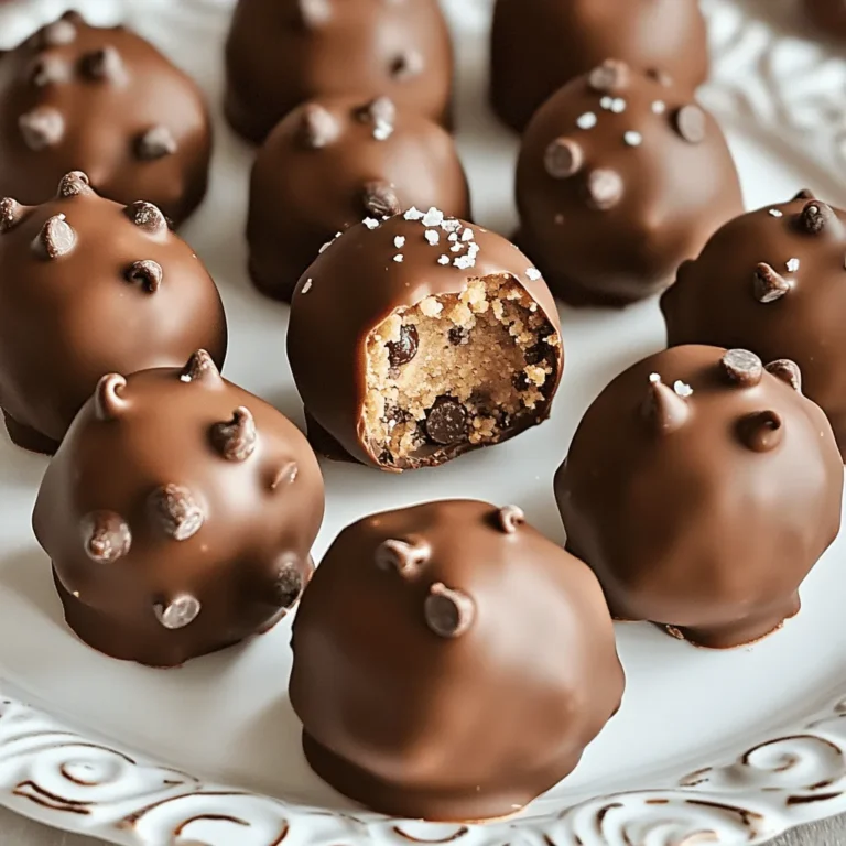 - 1 cup all-purpose flour - ½ cup unsalted butter, softened - ½ cup packed brown sugar - ¼ cup granulated sugar - 1 teaspoon pure vanilla extract - 1 teaspoon sea salt - ½ cup mini chocolate chips - 1 cup semi-sweet chocolate chips (for coating) - 1 tablespoon coconut oil (optional) The ingredients for these truffles are simple but important. Each plays a key role in flavor and texture. The flour must be heated first to make it safe. This step keeps our treat tasty and worry-free. Butter gives our truffles a rich flavor and smooth texture. Both brown and granulated sugar add sweetness and depth. The vanilla extract brings warmth, while sea salt enhances the sweet taste. Mini chocolate chips add a fun surprise in every bite. You can switch butter for coconut oil or vegan butter. For sugars, you might use coconut sugar or maple syrup. If you want gluten-free truffles, use almond flour or a gluten-free blend. For chocolate coatings, I suggest dark chocolate or white chocolate. You can even use colored melts for fun occasions. - Mixing bowls - Electric mixer - Fork for dipping - Parchment paper Having the right tools helps make this recipe easier. Mixing bowls are key for combining ingredients. An electric mixer saves time and energy. A fork helps with dipping the truffles smoothly. Parchment paper keeps everything clean and prevents sticking. To make your truffles safe to eat, you need to heat the flour. Place 1 cup of all-purpose flour in a medium microwave-safe bowl. Heat it for about 1 minute on high power. This step kills any harmful bacteria. After heating, let the flour cool for about 5 minutes. This cooling time is key for a smooth dough. Start by creaming the butter and sugars. In a large mixing bowl, combine ½ cup of softened unsalted butter, ½ cup of brown sugar, and ¼ cup of granulated sugar. Use an electric mixer for about 2-3 minutes until fluffy. Next, add 1 teaspoon of pure vanilla extract and 1 teaspoon of sea salt. Mix well until combined. Now, it's time to combine the dry and wet ingredients. Gradually sift in your cooled flour. Mix gently until a cohesive dough forms. Be careful not to overmix. Finally, fold in ½ cup of mini chocolate chips. This adds delightful bursts of chocolate. To shape the truffles, use a small cookie scoop or your hands. Scoop out portions of dough and roll them into 1-inch balls. Place these on a parchment-lined baking sheet. Once all the dough is shaped, chill the sheet in the freezer for about 30 minutes. This firming step makes it easier to dip them in chocolate later. Now, let's melt the chocolate. In a separate microwave-safe bowl, combine 1 cup of semi-sweet chocolate chips with 1 tablespoon of coconut oil, if desired. Heat this mixture in 30-second intervals. Stir after each interval until smooth, usually about 1-1.5 minutes total. For coating the truffles, take the chilled cookie dough balls out of the freezer. Dip each ball into the melted chocolate. Use a fork to fully coat them. Lift the truffle from the chocolate and let the excess drip off. Place them back on the parchment-lined sheet. After coating all the truffles, refrigerate them for at least 15 minutes. This helps the chocolate set perfectly. - Overmixing the dough: Mixing too much can make your truffles tough. Stop as soon as the dough is smooth. - Underheating the flour: Always heat the flour for safety. Microwaving it for one minute makes it safe to eat raw. - How to achieve a smooth finish: Melt the chocolate slowly. Stir it well to avoid lumps. A smooth coating looks great and tastes even better. - Tips for using coconut oil effectively: Add coconut oil to your melted chocolate. It helps the chocolate coat better and keeps it shiny. - How to arrange truffles attractively: Place the truffles on a nice plate. Use a decorative design for a beautiful display. - Ideas for garnishing with optional toppings: Add extra mini chocolate chips on top. A sprinkle of flaky sea salt gives a nice touch too. {{image_4}} You can easily change the flavor of your truffles. Adding nuts gives a nice crunch. Try walnuts or pecans for a rich taste. You can also mix in other fillings. Think about cream cheese or caramel for a twist. Flavored extracts can change the whole vibe, too. Use almond or hazelnut extract instead of vanilla. This adds a fun twist to your truffles. Just remember, a little goes a long way. If you want vegan truffles, it’s simple. Use coconut oil instead of butter. Swap brown sugar for coconut sugar. Use dairy-free chocolate chips for coating. These changes keep the treat tasty and plant-based. For low-sugar or keto options, choose sugar alternatives. Erythritol or monk fruit can work well. Make sure to check the labels for baking. These options help you enjoy truffles without the added sugar. Spices can bring a festive touch. Add cinnamon or nutmeg for cozy holiday flavors. For a spicy kick, try adding a dash of chili powder. It makes your truffles unique and exciting. Seasonal decorations can make your truffles stand out. Use colored sprinkles for birthdays. For Halloween, try orange and black sprinkles. These touches make your treats fun for any occasion. To keep your chocolate chip cookie dough truffles fresh, use a tight container. A plastic or glass container with a lid works well. Make sure it seals properly to keep out air. This helps maintain the truffles' taste and texture. Store the truffles in a cool, dry place. Keep them away from heat and moisture. Too much humidity can make them soggy. If you live in a humid area, put them in the fridge. At room temperature, these truffles last about three days. This depends on your home’s warmth and humidity. If you want them to last longer, refrigerate them. In the fridge, the truffles stay fresh for about a week. For longer storage, you can freeze them. Place the truffles in a single layer on a baking sheet. Freeze them for about an hour, then transfer them to a container. In the freezer, they can last up to three months. If your chocolate coating hardens too much, you can soften it. Place the truffles in a warm spot for a few minutes. This will help the chocolate become more pliable again. If you need to re-coat them, melt more chocolate. Use a microwave in short bursts, stirring often. This keeps the chocolate smooth. Remember to dip the truffles quickly to keep the texture nice. Yes, you can eat raw cookie dough, but with caution. Raw flour can carry harmful bacteria. To make it safe, heat the flour in the microwave for one minute. This kills any harmful germs. After heating, let it cool before mixing. Always remember, using safe ingredients is key. You can tell the truffles are done by their firmness. After chilling, they should feel solid. When you dip them in chocolate, they should hold their shape. The chocolate coating should look smooth and shiny. Let them set in the fridge for at least 15 minutes to harden. You can find Chocolate Chip Cookie Dough Truffles at local bakeries. Many shops offer them fresh. Look for specialty dessert stores too. If you prefer, some brands sell them online. Check sites like Etsy or local delivery services for homemade options. This recipe makes 24 truffles. Each truffle is a perfect bite-sized treat. If you're serving guests, two truffles per person is a good amount. You can adjust the servings based on your needs. Enjoy sharing these delicious bites! This blog post covered everything you need for chocolate chip cookie dough truffles. We discussed each ingredient, including substitutes and equipment. I provided step-by-step instructions to guide you in making these treats, along with tips to avoid common mistakes. In the end, experimenting with flavors or dietary changes can add fun. Remember to store them well to keep them fresh. Enjoy creating and sharing your delicious truffles!