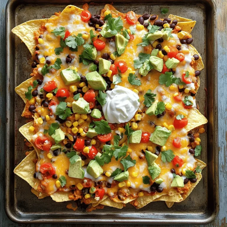 To make these tasty loaded veggie nachos, gather these main ingredients: - 1 large bag of crispy tortilla chips - 1 cup canned black beans, thoroughly rinsed and drained - 1 cup corn kernels (choose fresh or frozen) - 1 vibrant bell pepper, diced (any color for a fun look) - 1 small red onion, finely chopped - 1 jalapeño pepper, thinly sliced (optional for an extra kick) - 1 cup cherry tomatoes, halved for freshness - 1 cup shredded cheddar cheese - 1 ripe avocado, diced into bite-sized pieces - 1/2 cup sour cream - 1/4 cup fresh cilantro, coarsely chopped - 1 tablespoon extra virgin olive oil - 1 teaspoon chili powder - 1 teaspoon ground cumin - Salt and freshly cracked pepper to taste These ingredients create a colorful and vibrant dish. The mix of beans and veggies adds great texture and taste. You can add more ingredients to enhance flavor and texture. Consider these options: - Sliced olives for a briny taste - Pickled jalapeños for more heat - Fresh lime juice for brightness - Diced red or green onions for extra crunch - Shredded lettuce for freshness These extras can make your nachos even more exciting. Feel free to mix and match based on your taste. If you prefer dairy-free nachos, swap out these ingredients: - Use dairy-free cheese instead of cheddar - Replace sour cream with dairy-free yogurt or cashew cream - Choose plant-based toppings, like nutritional yeast for a cheesy flavor These options keep your nachos creamy and delicious without dairy. You can enjoy loaded veggie nachos while sticking to a dairy-free diet. Start by setting your oven to 350°F (180°C). This step warms the oven for our nachos. Next, gather all your ingredients. You’ll need crispy tortilla chips, canned black beans, corn, bell pepper, onion, jalapeño, cherry tomatoes, cheddar cheese, avocado, sour cream, cilantro, olive oil, chili powder, cumin, salt, and pepper. In a large bowl, add the rinsed black beans and corn. Then, toss in the diced bell pepper and chopped red onion. If you like some heat, add the sliced jalapeño. The halved cherry tomatoes bring freshness, so don’t skip them. Drizzle olive oil over this veggie mix. Sprinkle in the chili powder, cumin, salt, and pepper. Mix everything well. You want all the veggies coated in flavor. Take a large baking sheet and spread out the tortilla chips. Make sure they are in a single layer. This helps them stay crispy. Now, add the seasoned veggie mix on top of the chips. Spread it evenly so each chip gets some toppings. Next, sprinkle the shredded cheddar cheese over everything. This cheese will melt beautifully. Place the baking sheet in the oven for about 10-15 minutes. Keep an eye on it until the cheese is bubbly and golden. Once the nachos are done, take them out of the oven and let them cool for a few minutes. This helps prevent burns. After cooling, add diced avocado on top. Drizzle sour cream or Greek yogurt across the nachos for creaminess. Finally, sprinkle chopped cilantro for a fresh finish. Your loaded veggie nachos are now ready to serve! Enjoy the vibrant colors and flavors! To get the best crunch from your nachos, choose quality tortilla chips. Look for thick, sturdy chips that can hold up to toppings. Spread the chips evenly on the baking sheet. Avoid stacking them too high. This way, every chip gets crispy. Bake at 350°F for about 10-15 minutes. Watch for the cheese to melt without burning the chips. Let them cool a bit before serving. This helps keep them crunchy. Want more heat? Add more jalapeño slices or use a hotter pepper. You can also sprinkle some cayenne pepper or hot sauce on top. For a milder version, skip the jalapeños. Use sweet bell peppers instead. Consider adding a touch of smoked paprika for warmth without the heat. This brings a nice depth to the flavor. Presentation makes your nachos more inviting. For casual gatherings, serve them straight on the baking sheet. For a fancier look, transfer them to a large platter. Layer the nachos in different colors. Use vibrant bell peppers and fresh tomatoes for a pop. Garnish with extra avocado slices and fresh cilantro. This not only adds color but also enhances the flavor. {{image_4}} You can add protein to your nachos for more flavor. Tofu is a great choice. You can cube it and sauté it in a pan with some oil, salt, and pepper. If you prefer meat, grilled chicken works well too. Slice it thin and mix it into your veggie layer. This way, each bite will be filling and tasty. To make these nachos vegan, simply skip the cheese and sour cream. Use a nut-based cheese instead. You can also use cashew cream for a creamy touch. It tastes great and keeps your nachos plant-based. You can add extra veggies like zucchini or mushrooms for a hearty bite. Cheese can change the taste of your nachos. If you love cheddar, stick with it. For a twist, try pepper jack cheese for some heat. You can also use mozzarella for a gooey texture. Dairy-free cheeses come in many flavors too. Just melt them like regular cheese for a delicious result. Leftover nachos can be stored easily. Place them in an airtight container. Make sure to cover them well. This helps keep them fresh. Store them in the fridge for up to three days. However, nachos can lose their crunch. To reheat nachos, use the oven for the best taste. Preheat your oven to 350°F (180°C). Spread the nachos on a baking sheet. Heat them for about 10 minutes. This makes the cheese melty again. You can also use the microwave, but they won't be as crispy. Heat in short bursts of 30 seconds. Check often to avoid overheating. Freezing nachos is not ideal. The chips may get soggy when thawed. If you want to freeze them, separate toppings from chips. Store the chips in a freezer bag. Store toppings in airtight containers. Use them within a month for the best taste. When ready, bake the chips and top them fresh. This keeps everything tasty and crunchy. To make Loaded Veggie Nachos healthier, you can use baked tortilla chips instead of fried ones. You can also add more veggies, like spinach or zucchini, for extra nutrients. Swap sour cream for Greek yogurt for a lighter option. Use reduced-fat cheese or dairy-free cheese to cut calories. Yes, you can prep the veggie toppings ahead of time. Mix the beans, corn, and other veggies in a bowl. Store them in the fridge, covered, for up to two days. When you’re ready, layer them on the chips and bake. However, nachos are best fresh, so avoid assembling them too early. You can get creative with toppings! Try adding black olives, pickled jalapeños, or even fresh corn salsa. Sliced radishes can add a nice crunch. For a different flavor, consider using feta cheese or a drizzle of hot sauce. Yes, Loaded Veggie Nachos can be gluten-free. Just make sure to use gluten-free tortilla chips. Most of the other ingredients are naturally gluten-free, like beans, cheese, and veggies. Always check labels to ensure your ingredients are safe. Loaded veggie nachos are a fun and tasty dish. We covered the main and optional ingredients, like cheese and spices, to customize your nachos. You learned the steps to prep, layer, bake, and serve them perfectly. I shared tips for crunch, spice, and a great look. We also explored variations like adding protein or going vegan. Finally, I explained how to store and reheat leftover nachos. Enjoy your delicious creations and make them your own! Happy cooking!