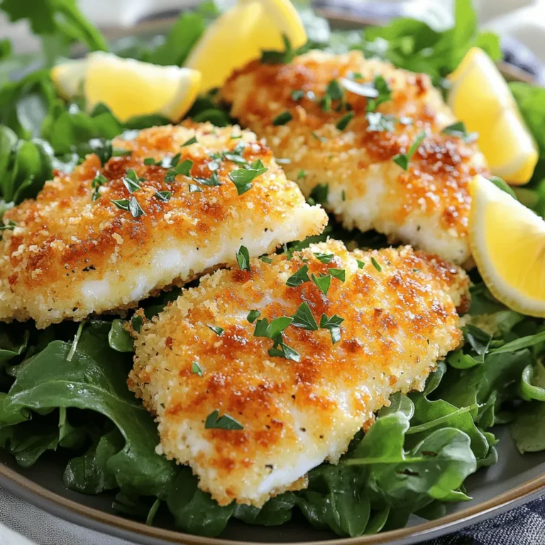 To make this tasty dish, gather these ingredients: - 4 fresh tilapia fillets - 1 cup finely grated Parmesan cheese - 1 cup panko breadcrumbs - 2 tablespoons fresh parsley, finely chopped - 1 teaspoon garlic powder - 1 teaspoon smoked paprika - Salt and freshly cracked black pepper to taste - 2 tablespoons extra virgin olive oil - 1 tablespoon fresh lemon juice You can swap some ingredients to fit your taste or diet: - For tilapia, use any mild white fish like cod or haddock. - Instead of panko, use regular breadcrumbs for a different texture. - Swap fresh parsley with dried herbs like oregano or basil. - If you don’t have smoked paprika, regular paprika works fine. - Use lemon zest instead of lemon juice for a stronger flavor. Each serving of Parmesan crusted tilapia offers: - Calories: 350 - Protein: 30 grams - Fat: 20 grams - Carbohydrates: 12 grams - Fiber: 1 gram - Sugar: 0 grams This dish is not only delicious but also packed with protein to keep you full. Enjoy the crispy crust while knowing it fits into a balanced meal! First, preheat your oven to 425°F (220°C). This step is key for crispiness. Next, take a baking sheet and line it with parchment paper. This will help with sticking. Now, grab a medium bowl. In it, combine the grated Parmesan cheese, panko breadcrumbs, chopped parsley, garlic powder, smoked paprika, salt, and cracked black pepper. Mix well until the dry ingredients blend together nicely. Take the tilapia fillets and pat them dry with a paper towel. This is important to remove moisture. Moisture can make the crust soggy. Drizzle the olive oil and lemon juice over the fillets. Make sure to coat both sides well. Now, take the Parmesan mixture and press it onto each fillet. Rub it all over, ensuring an even coat. Gently press down so the crust sticks well. Place the coated fillets on the prepared baking sheet, crust-side up. Slide the baking sheet into your preheated oven. Bake the tilapia for 12 to 15 minutes. The fish is done when it flakes easily with a fork. Also, the crust should turn golden brown and crispy. To make sure your tilapia cooks just right, keep an eye on the time. Every oven is different. If you're unsure, use a fork to check the fish. It should flake easily. Another tip is to use fresh tilapia. Fresh fish tastes better and cooks evenly. For the crispiest crust, don’t skip the drying step. It helps the crust stick and stay crunchy. To get a crispy crust, use panko breadcrumbs. They are light and airy. Mix them with grated Parmesan for a tasty topping. Make sure to press the mixture firmly onto the fish. This helps it stick. A drizzle of olive oil adds flavor and helps it brown. Bake at 425°F (220°C) for a golden finish. When cooking fresh tilapia, start with dry fillets. Pat them with a paper towel. This removes moisture and helps the crust stick. Use olive oil and lemon juice. This adds flavor and keeps the fish moist. Bake the fish skin-side down on parchment paper. This ensures easy cleanup and prevents sticking. One common mistake is skipping the drying step. Moist fish will not hold the crust well. Another mistake is not pressing the crust onto the fish. If it’s loose, it may fall off during baking. Lastly, avoid overcrowding the baking sheet. Space out the fillets for even cooking and browning. {{image_4}} For a gluten-free version of Parmesan crusted tilapia, swap panko with gluten-free breadcrumbs. You can also use crushed cornflakes as a crunchy base. Both options keep the same great texture and flavor. You can add a twist to your dish by mixing in different herbs or spices. Try adding dried oregano or thyme for an Italian flair. For a spicy kick, add cayenne pepper or chili powder. Fresh herbs like dill or basil can also brighten the flavors nicely. If you prefer cooking with an air fryer, it’s simple! Preheat your air fryer to 400°F (200°C). Cook the crusted tilapia for about 8 to 10 minutes until golden and crispy. If grilling, make sure to use a grill basket to keep the fish from falling through. Grill each side for about 4 to 5 minutes. Both methods yield a tasty, crispy result. To store leftover tilapia, let it cool to room temperature. Place the fish in an airtight container. Make sure to cover it tightly. You can keep it in the fridge for up to three days. If you know you won’t eat it soon, freezing is a great option. When you’re ready to eat your leftover tilapia, preheat your oven to 350°F (175°C). Place the tilapia on a baking sheet. Heat it for about 10 minutes. This helps keep the crust crispy and the fish moist. Avoid using the microwave, as it can make the fish soggy. To freeze tilapia, wrap each piece tightly in plastic wrap. Then place them in a freezer-safe bag. Remove as much air as possible before sealing. You can store it in the freezer for up to three months. When ready to use, thaw it overnight in the fridge before reheating. You can serve this dish with many sides. I love pairing it with mixed greens. A light salad with lemon vinaigrette works great. You can also try rice or quinoa. Roasted veggies add color and taste. Mashed potatoes can make it feel hearty. For a fresh touch, add some lemon wedges. Tilapia is done cooking when it flakes easily with a fork. The flesh should look opaque and white. You can also check the internal temp; it should reach 145°F (63°C). If you see any raw, shiny spots, give it more time. Always be careful not to overcook, as it can dry out. Yes, you can use other fish for this dish. Cod or haddock work well and have a similar texture. Salmon can also be a tasty option, but it has a different flavor. Just adjust the cooking time if needed. Each fish can bring its own unique taste. You now have everything you need to make Parmesan crusted tilapia. Remember the key ingredients, easy steps, and cooking tips. This dish is crisp, tasty, and simple. It can suit different diets, too. Don’t forget to store leftovers properly and reheat them right. This way, you’ll enjoy your meal again. With these methods, your tilapia will be a hit. Enjoy cooking!