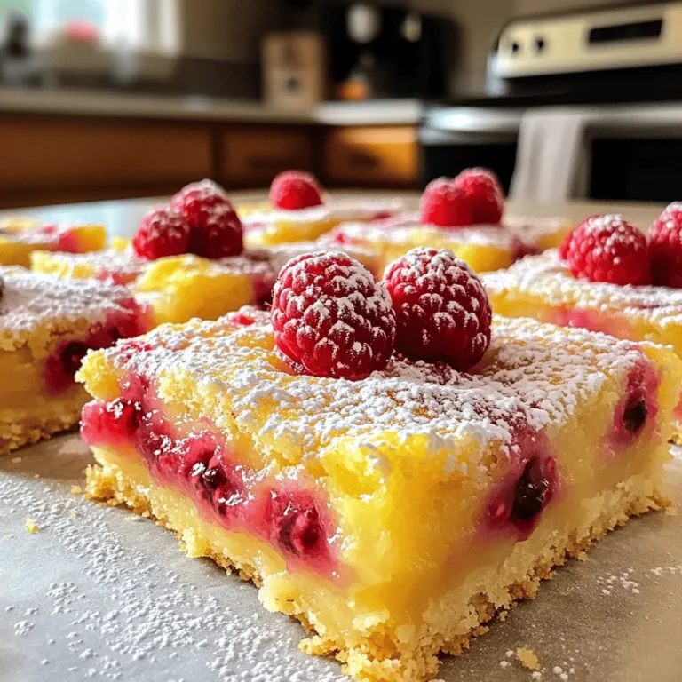 To make delicious raspberry lemon bars, you need: - 1 cup all-purpose flour - 1/4 cup powdered sugar - 1/2 cup unsalted butter, softened - 1/4 teaspoon salt - 2 large eggs - 3/4 cup granulated sugar - 1 tablespoon lemon zest - 1/4 cup freshly squeezed lemon juice - 1/2 cup fresh raspberries - Additional powdered sugar for dusting These ingredients work together to create a tasty and zesty treat. The lemon provides brightness, while the raspberries add a nice tartness. You will need a few tools to make these bars: - 8-inch square baking pan - Parchment paper - Mixing bowls - Whisk - Fork or pastry cutter - Wire rack These tools help you mix, bake, and cool your bars properly. The parchment paper makes it easy to lift the bars out of the pan. If you have dietary needs, some substitutions work well: - Use gluten-free flour for a gluten-free version. - Swap unsalted butter with coconut oil for a dairy-free option. - You can replace fresh raspberries with frozen ones if needed. These swaps keep the recipe flexible, so you can still enjoy these treats! First, preheat your oven to 350°F (175°C). Grab an 8-inch square baking pan. Line it with parchment paper. Let some edges hang over the sides for easy lifting later. In a large bowl, mix 1 cup of all-purpose flour, 1/4 cup of powdered sugar, 1/2 cup of softened unsalted butter, and 1/4 teaspoon of salt. Use a fork or your fingers to combine these until the mix looks like coarse crumbs. Press this crumbly mix firmly into the bottom of your prepared pan. This forms the crust. Bake the crust for 15-18 minutes until it turns light golden. After baking, let it cool slightly. In a new bowl, whisk together 2 large eggs, 3/4 cup of granulated sugar, 1 tablespoon of lemon zest, and 1/4 cup of freshly squeezed lemon juice. Mix until everything is smooth. Next, gently fold in 1/2 cup of fresh raspberries. Be careful to keep their shape. This filling will be zesty and sweet. Pour the lemon-raspberry mixture evenly over the pre-baked crust. Make sure it covers all the crust. Place the pan back in the oven and bake for 20-25 minutes. You want it to be set but still have a slight jiggle in the center. After baking, take it out and let it cool completely on a wire rack. Once cool, use the parchment to lift the dessert from the pan. Cut it into 9 squares. Before serving, dust with powdered sugar and add fresh raspberries on top for a lovely look. Enjoy your delicious raspberry lemon bars! For a great crust, use cold butter. Cold butter gives the crust a flaky feel. Mix until your dough looks like coarse crumbs. Press it firmly into the pan. This helps it hold together. Bake until it's light golden to avoid a soggy base. To avoid overbaking, check your bars a few minutes early. The filling should jiggle slightly in the center. If it looks set, it's done! Overbaking makes the bars dry. Remember, they will continue to cook after you take them out of the oven. Serve these bars on a pretty plate. Dust them with powdered sugar for a sweet touch. Add fresh raspberries on top for a pop of color. A sprig of mint can make your dish look fancy. These small details bring joy to each bite! {{image_4}} You can change the raspberries for other fruits. Try blueberries or strawberries. Both fruits give a sweet touch. You can also use blackberries for a tart twist. Mix and match fruits to find your favorite flavor. To make gluten-free bars, swap all-purpose flour for almond or coconut flour. This keeps the texture nice. For a vegan option, replace the eggs with flax eggs. Just mix one tablespoon of flaxseed meal with three tablespoons of water. Let it sit until it thickens. This works well in many recipes. For a fun topping, add fresh mint leaves. They give a nice color and taste. You can also sprinkle extra powdered sugar on top. This makes the bars look fancy. Serve them on a beautiful plate for special occasions. Add some zest from a lemon peel for a pop of color. To keep your raspberry lemon bars fresh, store them in an airtight container. Place parchment paper between layers to avoid sticking. You can store them at room temperature for a day. For longer storage, keep them in the fridge. The cool air helps maintain their taste and texture. If you have leftover bars, freezing is a great option. First, let the bars cool completely. Cut them into squares and wrap each piece in plastic wrap. Then, place the wrapped bars in a freezer-safe bag. They can last up to three months in the freezer. When you're ready to eat, just thaw them in the fridge overnight. Raspberry lemon bars last about three days at room temperature and up to a week in the fridge. Watch for signs of spoilage. If you see mold or an off smell, it's best to toss them. Enjoy your treats while they are fresh for the best taste! Yes, you can use frozen raspberries. They work well in this recipe. Just make sure to thaw and drain them first. This helps avoid extra moisture in your filling. If you don’t drain them, the bars may turn out soggy. Frozen berries can change the texture a bit, but the taste will still be great. You can tell the bars are done by looking for a slight jiggle in the center. When the edges appear set, it’s time to check. Insert a toothpick in the center; it should come out clean or with a few moist crumbs. If it’s too wet, bake for a few more minutes. The best way to cut the bars is to first let them cool completely. Use the parchment paper to lift them out of the pan. This makes cutting easier. Use a sharp knife, and clean it between cuts for neat squares. If you want, chill the bars for 30 minutes before cutting to make them firmer. Raspberry lemon bars are a delicious treat made with simple ingredients. We covered key components, tools, and smart swaps for baking. I shared clear steps to make the crust and filling, along with tips for the best texture. We explored fun variations and how to store your bars well. Remember, you can adjust flavors or use frozen fruit for convenience. Now, enjoy baking these delightful bars with confidence!