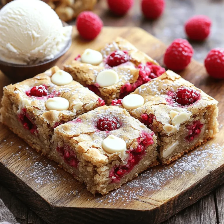 - 1 cup unsalted butter, melted - 1 cup packed brown sugar - 1/2 cup granulated sugar - 2 large eggs, at room temperature - 1 teaspoon pure vanilla extract - 2 cups all-purpose flour - 1 teaspoon baking powder - 1/2 teaspoon fine sea salt - 1 cup white chocolate chips - 1 cup fresh raspberries, rinsed and patted dry I love using fresh raspberries in this recipe. They add a burst of flavor. The sweet white chocolate pairs perfectly with the tartness of the raspberries. Using room temperature eggs helps create a smooth batter. - Nuts (e.g., macadamia or walnuts) - Shredded coconut - Additional chocolate (dark or milk chocolate chips) Feel free to experiment with add-ins. Nuts give a nice crunch. Shredded coconut adds a tropical feel. You can also mix in dark or milk chocolate chips for extra richness. - 9x9-inch baking pan - Mixing bowls - Whisk and spatula - Parchment paper Using the right tools makes baking easier. A 9x9-inch pan is perfect for blondies. Parchment paper helps with easy removal and cleanup. Make sure you have a whisk and spatula for mixing and spreading. 1. Preheat the oven to 350°F (175°C). This step is key for even baking. 2. Combine melted butter with sugars. In a large bowl, mix 1 cup of melted butter with 1 cup of brown sugar and 1/2 cup of granulated sugar. Whisk until smooth. 3. Mix in eggs and vanilla. Add 2 large eggs one at a time. Stir well after each addition. Finally, add 1 teaspoon of pure vanilla extract and mix until blended. 1. Whisk together flour, baking powder, and sea salt. In a separate bowl, combine 2 cups of all-purpose flour, 1 teaspoon of baking powder, and 1/2 teaspoon of fine sea salt. Whisk until well combined. 2. Gradually fold dry ingredients into the wet mixture. Carefully add the dry mix to the wet mix. Use a spatula to fold gently, avoiding overmixing. A few flour streaks are okay. 1. Gently fold in white chocolate chips and raspberries. Add 1 cup of white chocolate chips and 1 cup of fresh raspberries. Fold them in gently, so the raspberries stay whole. 2. Pour batter into the prepared baking pan. Use a spatula to spread the batter evenly in the 9x9-inch pan that you prepared earlier. 1. Bake for 25-30 minutes. Place the pan in the oven and let it bake until the top turns golden. 2. Check for doneness with a toothpick. Insert a toothpick into the center. It should come out clean or with a few moist crumbs. To ensure even baking, use a light-colored pan. Dark pans can brown the edges too fast. Room temperature eggs help blend smoothly with the batter. Cold eggs can create lumps and lead to uneven mixing. Avoiding overmixing the batter is key. Mix until just combined to keep the blondies soft and chewy. Dust the top with powdered sugar for a sweet finish. For a pop of color, arrange fresh raspberries on top. Serve with a scoop of ice cream for a treat that impresses. You can also place the blondies on a nice platter to show off their beauty. If your blondies are too dry, try adding a bit more butter next time. If they are too gooey, bake them a few minutes longer. Adjusting baking time for altitude or humidity is smart. Higher altitudes may need longer baking times, while humid days may require less moisture in the mix. {{image_4}} You can change the taste of your blondies with fun flavors. Adding lemon zest gives a bright, citrusy twist. It adds freshness and pairs well with raspberries. Try mixing in spices like cinnamon or nutmeg. These warm spices can make each bite cozy and flavorful. If you need gluten-free blondies, use a gluten-free flour blend. This will keep the same texture while making it safe for gluten-free diets. For a dairy-free version, swap the butter for coconut oil or vegan butter. You can also use dairy-free white chocolate chips. These changes let everyone enjoy the treat. Seasonal fruits can add variety to your blondies. In summer, use strawberries or blueberries for a twist. This gives a different taste and color to your dessert. For holidays, think about adding mint for a fresh flavor. Mint pairs well with chocolate and makes your blondies festive for Christmas. I recommend storing your blondies at room temperature for the best taste. Keep them in an airtight container. This helps them stay fresh and soft. If you live in a warm area, you can store them in the fridge. Just be sure to wrap them well to prevent drying out. Use a glass or plastic container with a tight lid. This keeps air out and moisture in. To freeze blondies, first, let them cool completely. Cut them into squares. Wrap each piece in plastic wrap, then place them in a freezer bag. This keeps them fresh for up to three months. When you’re ready to eat, take out the number you want. Thaw them in the fridge overnight. For a quick thaw, leave them at room temperature for a couple of hours. Blondies can last about a week at room temperature. If stored in the fridge, they can last up to two weeks. Look for signs of spoilage like a dry texture or mold. If they smell off, it’s best to throw them away. Always trust your senses for freshness! Yes, you can use frozen raspberries in this recipe. They work well in baked goods. Just remember to let them thaw and drain excess moisture. This step helps keep your blondies from getting too soggy. Gently fold the frozen raspberries into the batter. This keeps them whole and beautiful. You can tell your blondies are done by looking for some key signs. The top should be golden brown. A toothpick inserted in the center should come out clean or have a few moist crumbs. If it comes out with wet batter, they need more time. Keep a close eye on them during the last few minutes of baking. If you don't have white chocolate chips, don’t worry! You can use dark chocolate or milk chocolate chips instead. These will add a different flavor but still taste great. You may also try butterscotch chips for a sweet twist. Just remember, the flavor will shift a bit with your choice. In this post, we covered how to make delicious raspberry blondies. We discussed the key ingredients and what tools you need. I shared step-by-step instructions for mixing and baking. We also explored tips for great results and exciting flavor variations. You can enjoy these blondies fresh or try freezing some for later. With easy tweaks, you can make them your own. Now, get baking and delight in this sweet treat!