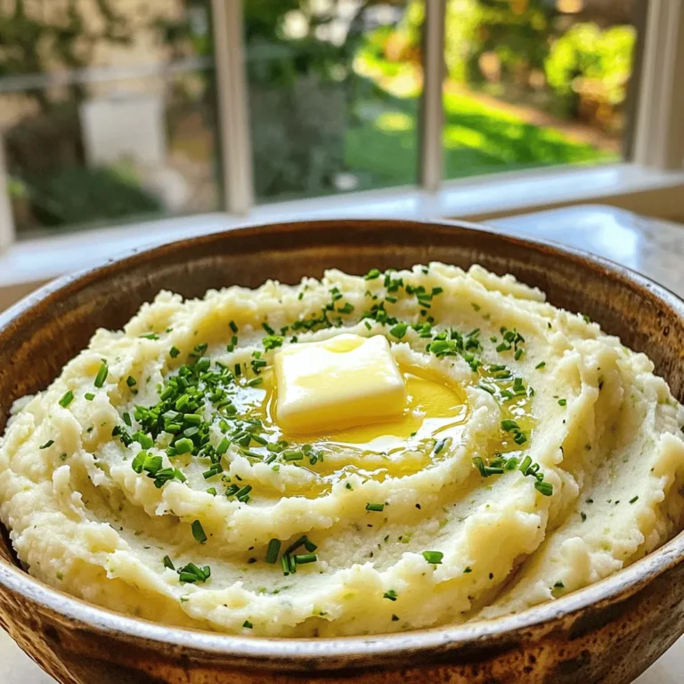 - 1 large head of cauliflower, cut into bite-sized florets - 4 cloves of garlic, finely minced - 3 tablespoons unsalted butter - 1/4 cup milk (dairy or non-dairy) - 1/4 cup grated Parmesan cheese (optional) - 1 tablespoon fresh parsley, finely chopped - 1 tablespoon fresh chives, finely chopped - Salt and freshly ground black pepper to taste - Large pot - Colander - Potato masher or immersion blender - Measuring cups and spoons Gathering these ingredients is the first step to making garlic herb mashed cauliflower. You will love how simple and fresh each item is. The cauliflower serves as a low-carb base. Garlic adds that rich, savory kick. Butter and milk create creaminess, while Parmesan gives a nice umami touch. The herbs brighten everything up. To make this dish, you need a large pot to boil the cauliflower. A colander will help drain it well. You can use a potato masher for a chunky texture or an immersion blender for a silky smooth finish. Accurate measuring cups and spoons will ensure you get the right amounts. This mix of ingredients and tools makes your cooking easy and fun. Enjoy the process as you create a warm, creamy side that pairs well with many meals! - Fill a large pot with water and add a good amount of salt. - Bring the water to a boil over high heat. - Carefully add the cauliflower florets to the boiling water. - Cook the florets until they are fork-tender, about 10-12 minutes. - During the last 2 minutes of cooking, add the minced garlic to the pot. - This step softens the garlic and adds great flavor. - Once the cauliflower is tender, drain it well in a colander. - Return the drained cauliflower to the pot. - Now, add the butter, milk, and Parmesan cheese if you choose to use it. - These ingredients make the cauliflower creamy and rich. - Use a potato masher or an immersion blender to mash it. - Mash until you get your desired texture—smooth or a bit chunky. - Stir in the chopped parsley and chives for a fresh taste. - Season with salt and pepper to enhance the flavors. - Taste and adjust seasoning as needed for your preference. - Finally, transfer the mashed cauliflower to a serving bowl. - You can make your garlic herb mashed cauliflower even tastier. Try adding herbs like thyme or rosemary. These herbs can give your dish a fresh twist. You can also use spices like paprika or cayenne for some heat. - If you want a stronger garlic taste, add more minced garlic. Roasted garlic works too. It has a sweet, rich flavor that changes the dish. - The texture is key for great mashed cauliflower. If you like chunkiness, use a potato masher. For a smooth and creamy mix, an immersion blender works best. You can find the right balance that fits your taste. - If you want a vegan version, use plant-based milk like almond or oat milk. Adjust the amount based on how creamy you want it. - Garnishing can make your dish stand out. Sprinkle extra chives on top for color. You can also add a small pat of butter that will melt into the mash. - Garlic herb mashed cauliflower pairs well with grilled chicken, steak, or fish. It's also great as a side for roasted veggies or a flavorful salad. {{image_4}} To make garlic herb mashed cauliflower vegan, swap butter and milk with plant-based choices. Use olive oil or vegan butter for richness. Almond milk or oat milk works well in place of dairy milk. This keeps the dish creamy while being fully plant-based. For a deeper flavor, try adding roasted garlic. Roasting brings out a sweet, mellow garlic taste. You could also add cream cheese or sour cream for extra richness. These options add a delightful creaminess and a hint of tang. Experiment with different herbs like thyme or rosemary. These herbs add unique notes and enhance the dish. You can also try adding cheese varieties beyond Parmesan. Cheddar or goat cheese can create a new taste experience. This way, you can customize your mashed cauliflower to your liking. To keep your garlic herb mashed cauliflower fresh, store it in an airtight container. This helps prevent moisture loss. If you have leftovers, let them cool before sealing. Place the container in the fridge. It will last up to three days. For longer storage, you can freeze the mash. Use a freezer-safe container or a heavy-duty freezer bag. Remove as much air as possible. This keeps it from getting freezer burn. Frozen cauliflower mash can last for up to three months. When reheating, you want to keep the texture creamy. The best way to reheat is on the stovetop. Add a splash of milk or a bit of butter. Warm over low heat, stirring often. This helps it come back to life without drying out. If you’re in a hurry, you can use the microwave. Place the mash in a microwave-safe bowl. Cover it with a damp paper towel. Heat in short bursts, stirring in between. This keeps the moisture in and warms it evenly. You can prepare garlic herb mashed cauliflower in advance. First, cook the cauliflower as usual. After mashing, cool it to room temperature. Store it in an airtight container in the fridge. When ready to serve, reheat it on the stove or in the microwave. If it feels dry, add a splash of milk to revive creaminess. This method saves time and keeps flavors intact. Yes, frozen cauliflower works well. It is convenient and often pre-cut. Just remember to thaw it before cooking. Drain excess moisture after thawing. Cook it the same way as fresh cauliflower. The taste will be similar, but texture might be softer. Adjust cooking time to ensure it is fork-tender. Cauliflower is low in carbs and high in fiber. It is rich in vitamins C, K, and B6. This makes it a great choice for health. It supports heart health and helps with weight loss. Swapping cauliflower for potatoes cuts calories and carbs. This makes it a smart choice for low-carb diets. Plus, it offers a mild taste that pairs well with many dishes. Garlic herb mashed cauliflower is a tasty, healthy side dish. You learned about the key ingredients, needed tools, and step-by-step instructions. We also explored tips for adding flavor and texture. Plus, variations and storage details help you customize this dish. Enjoy experimenting with new flavors and techniques. This recipe is a great addition to any meal. It’s simple, delicious, and satisfying. You’ll impress your family and friends with this delightful dish!