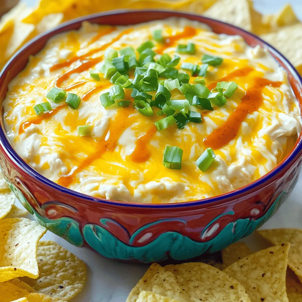 - 2 cups cooked and shredded chicken - 8 oz cream cheese, softened - 1/2 cup buffalo sauce - 1/2 cup ranch dressing - 1 cup shredded cheddar cheese, divided - 1/2 cup green onions, chopped, divided - Salt and pepper to taste - Serving suggestions: Tortilla chips or celery sticks The key to a great Slow Cooker Creamy Buffalo Chicken Dip lies in the ingredients. Each one plays a vital role in flavor and texture. First, you need two cups of cooked and shredded chicken. This forms the base of our dip and adds heartiness. Next, grab eight ounces of cream cheese. Make sure it is softened. It helps create the creamy texture we love in dips. You will also need half a cup of buffalo sauce. This adds that spicy kick. Adjust it based on how much heat you want. Then, pick up half a cup of ranch dressing. This balances the spice from the buffalo sauce. It gives a cool, creamy taste that everyone enjoys. For the cheesy richness, you will need one cup of shredded cheddar cheese. It is best to divide it. We will add half during cooking and save half for topping later. You will also need half a cup of chopped green onions. Like the cheese, divide this too. It adds freshness and color to our dip. Lastly, don’t forget salt and pepper to taste. They enhance all the flavors. For serving, tortilla chips or celery sticks work great. They give a nice crunch and contrast. By gathering these ingredients, you set yourself up for a tasty dish that everyone will love. - Step 1: Prepare the slow cooker Start by getting your slow cooker ready. Make sure it's clean and dry. Place it on a flat surface, so it stays stable while cooking. - Step 2: Combine base ingredients First, add 2 cups of cooked and shredded chicken to the slow cooker. Next, include 8 oz of softened cream cheese. Then, pour in 1/2 cup of buffalo sauce and 1/2 cup of ranch dressing. These are the main flavors for the dip. - Step 3: Mixing for consistency Use a large spoon to mix all the ingredients well. Make sure the cream cheese blends in completely. You want a creamy and smooth texture for the dip. - Step 4: Fold in remaining ingredients Now, add half of the shredded cheddar cheese and half of the chopped green onions to the mix. Gently fold them in, making sure they spread evenly throughout the dip. - Step 5: Set slow cooker and cooking time Cover the slow cooker with the lid. Set it to low heat and let it cook for 2 to 3 hours. Stir it every so often to keep it from sticking. - Step 6: Checking for doneness After cooking, check if the dip is hot and bubbly. Use a spoon to taste it. Add salt and pepper if needed for extra flavor. - Step 7: Cheese topping Sprinkle the rest of the shredded cheddar cheese on top of the dip. Cover the slow cooker again. Let the cheese melt for about 10 to 15 minutes. - Step 8: Garnishing before serving Just before you serve, add the remaining chopped green onions on top. This adds a nice fresh taste and looks great too. Now, your dip is ready to enjoy! To make your dip just right, adjust the spice level. Start with the buffalo sauce. If you want it mild, use less. For more heat, add more sauce. Taste as you go! Mixing is key for creaminess. Blend the cream cheese well with the other ingredients. This ensures every bite is smooth and delicious. For dipping, tortilla chips are great. They add crunch and flavor. Celery sticks are a fresh option too. For presentation, use a colorful bowl. Serve your dip in it and surround it with chips. Drizzling extra buffalo sauce on top gives a nice touch. A sprinkle of green onions adds color and flavor. One big mistake is overcooking the dip. Keep an eye on the timer. Cooking it too long makes it thick and dry. Mixing ingredients well is crucial too. If you skip this step, lumps can form. Make sure everything is blended for a tasty, creamy dip. {{image_4}} You can easily change the cheese in this dip. Try using gouda or pepper jack for a different taste. These cheeses melt well and add more flavor. You can also swap the ranch dressing for blue cheese dressing. This will give the dip a tangy kick that pairs well with buffalo sauce. To make this dip gluten-free, use gluten-free ranch dressing. Check the labels on all your ingredients. For a vegetarian version, replace the chicken with cooked lentils or chickpeas. They add protein and texture, making the dip hearty and filling without meat. Adding vegetables can boost the flavor and nutrition. Bell peppers or diced tomatoes work great in this dip. They add color and crunch. You can also mix in your favorite spices, like garlic powder or smoked paprika. These spices enhance the overall taste and make your dip stand out. To keep your dip fresh, store it in an airtight container. Place it in the fridge right after serving. It will stay good for about three to four days. If you want to keep it longer, you can freeze it. For freezing, put the dip in a freezer-safe container. Leave space at the top for expansion. It can last for up to three months in the freezer. When it’s time to enjoy your leftovers, reheating is key. The best way to reheat the dip is in the slow cooker. Set it on low for about 30 minutes, stirring occasionally. You can also use a microwave. Heat it in a microwave-safe bowl in short bursts. Stir after each burst to avoid hot spots. This method helps keep the creamy texture. Avoid boiling it, as that can change the dip's creaminess. The dip stays fresh in the fridge for three to four days. Always check for changes in smell or texture. If it smells off or has a strange look, it’s best to toss it. When frozen, the dip can last for up to three months. However, for the best taste, eat it sooner rather than later. Look for ice crystals in the container as a sign it may not taste as good anymore. You can keep this dip in the fridge for up to three days. Store it in an airtight container. Before serving again, heat it until hot. If it smells off or looks strange, throw it away. Yes, you can prepare this dip a day early. Just mix all the ingredients and store it in the fridge. On game day, pop it into the slow cooker and heat it up. It saves time and keeps you stress-free. If you want a change, try blue cheese dressing or Greek yogurt. Both add a nice flavor. You can also mix plain sour cream with herbs for a tasty swap. Absolutely! To spice it up, add more buffalo sauce. You can also mix in diced jalapeños or hot sauce. Just be careful to taste as you go for the perfect heat level. Yes, you can use raw chicken. Just add it to the slow cooker with the other ingredients. Cook it on low for about four to five hours. Shred the chicken before serving. This method makes it juicy and flavorful. This blog post shared a simple recipe for creamy buffalo chicken dip. We covered the ingredients, steps, tips, and variations to help you make it perfect. With quick adjustments, you can switch the flavors and make it just right for your taste. Properly storing leftovers ensures you enjoy it later. Overall, this dip is great for gatherings or a snack anytime. I hope you try making it and have fun! Enjoy your cooking adventure!
