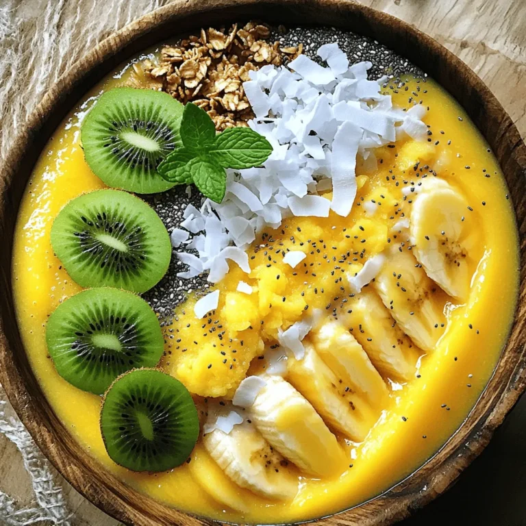 - 2 ripe mangoes, peeled and diced into bite-sized pieces - 1 frozen banana, sliced - 1/2 cup coconut milk (or any milk of your choice, such as almond or oat) - 1/4 cup Greek yogurt (optional, for extra creaminess) - 1 tablespoon honey or maple syrup (optional, to sweeten) - 1/2 teaspoon vanilla extract for flavor When I make a Tropical Mango Smoothie Bowl, I focus on fresh and ripe mangoes. They bring a sweet and bright taste. A frozen banana adds creaminess. I love using coconut milk for a tropical feel, but any milk works well too. If you want a richer bowl, Greek yogurt is a great choice. I sometimes add honey or maple syrup for sweetness, but it’s not a must. A splash of vanilla extract boosts the flavor and makes it even better. - Fresh kiwi, thinly sliced - Shredded coconut - Crunchy granola - Chia seeds - Fresh mint leaves Toppings turn a simple smoothie into a feast. I like to add fresh kiwi for color and some tang. Shredded coconut gives a nice chew. Crunchy granola adds texture and heartiness. Chia seeds are tiny but packed with nutrients. Lastly, fresh mint leaves make the bowl look and smell amazing. Each topping adds a fun twist to the bowl. Start by peeling two ripe mangoes. Dice them into small, bite-sized pieces. Use a sharp knife for safety and ease. Next, slice one frozen banana. The frozen banana gives the smoothie a nice creaminess. Add the diced mangoes, sliced banana, and half a cup of coconut milk into a blender. If you want a creamier texture, you can also add a quarter cup of Greek yogurt. For sweetness, add one tablespoon of honey or maple syrup. Finally, add half a teaspoon of vanilla extract for extra flavor. Blend everything on high speed until smooth. If the mixture is too thick, add more coconut milk a little at a time. Blend again until you reach your desired consistency. Pour the smooth blend into a chilled bowl. Use a spatula to get every bit from the blender. Now comes the fun part! Arrange the sliced kiwi in the center. Sprinkle shredded coconut and crunchy granola around the edge. Finish with chia seeds and mint leaves to make it look bright and fresh. Enjoy your Tropical Mango Smoothie Bowl right away! Mix the toppings as you eat for a burst of flavors and textures. To get the right texture for your smoothie bowl, coconut milk is key. You can add more coconut milk if your mix is too thick. This way, you can control how creamy your bowl becomes. Using frozen fruits, like the banana, also helps. They add a nice creaminess and chill to the mix, making each bite refreshing. To boost the flavor, you can try adding a pinch of cinnamon or a splash of orange juice. These little tweaks can make a big difference. If you want it sweeter, honey or maple syrup works great. You can adjust the sweetness based on your taste, so feel free to experiment. Making your smoothie bowl look good is fun! Start by placing the kiwi in a pretty circle in the center. Then, sprinkle shredded coconut and granola around the edge. For a pop of color, add chia seeds on top and finish with fresh mint leaves. This not only looks great but also adds extra texture and flavor. {{image_4}} You can switch out mango for other tropical fruits. Pineapple and papaya work great too. Each fruit gives a unique taste. You can also add berries. Blueberries or strawberries add a nice pop of color. Adding spinach or kale gives a healthy touch without changing the flavor. If you want a non-dairy option, try almond, oat, or soy milk. They add different flavors and textures. For yogurt, coconut yogurt is a great vegan choice. It keeps the creaminess of the bowl while being plant-based. Boost your smoothie bowl with nut butters or seeds. Almond butter or sunflower seeds add protein. You can also try seasonal fruits like peaches or berries. They add freshness and sweetness. The smoothie bowl ingredients can stay fresh for about one day. The mangoes and banana will lose their bright taste quickly if left out. If you have leftovers, store them in the fridge. Keep the toppings separate until you're ready to eat. This way, they stay crisp and tasty. You can freeze the smoothie mixture for later use. Pour the smoothie into a safe, airtight container. Leave some space at the top for expansion. You can also freeze the toppings, but some may not taste as good when thawed. Shredded coconut and granola are best kept in the pantry. Store them in a cool, dry place to keep them crunchy. To safely thaw frozen smoothie bowls, place them in the fridge overnight. This slow thaw keeps the texture nice. If you need it faster, you can leave it out for about an hour. After thawing, blend the mixture again if it seems too thick. This helps restore the smooth texture. Enjoy your smoothie bowl with fresh toppings for the best experience! You can skip yogurt if you want. Use more coconut milk to keep it creamy. You can also add silken tofu for extra protein. Another option is using nut butter. Nut butter adds creaminess and flavor. Yes, you can prepare the smoothie bowl ahead of time. Blend the smoothie and store it in the fridge. It stays fresh for about one day. Keep your toppings separate until you are ready to serve. This keeps them crunchy and fresh. This smoothie bowl is packed with vitamins. Mangoes are high in vitamin C and A. They boost your immune system and improve skin health. Bananas provide potassium, which helps heart health. Coconut milk adds healthy fats and keeps you full. Toppings like chia seeds give fiber and protein. Enjoy all these benefits in one bowl! In this article, we explored creating a vibrant Tropical Mango Smoothie Bowl. You learned about essential ingredients and how to prepare, blend, and assemble your bowl for the best texture and taste. We also shared tips for visual appeal and storage methods. Enjoy experimenting with different fruits and toppings. This fun dish is not only tasty but also healthy. With these simple steps, you’ll whip up a delicious smoothie bowl in no time. Your journey toward a refreshing treat starts here!