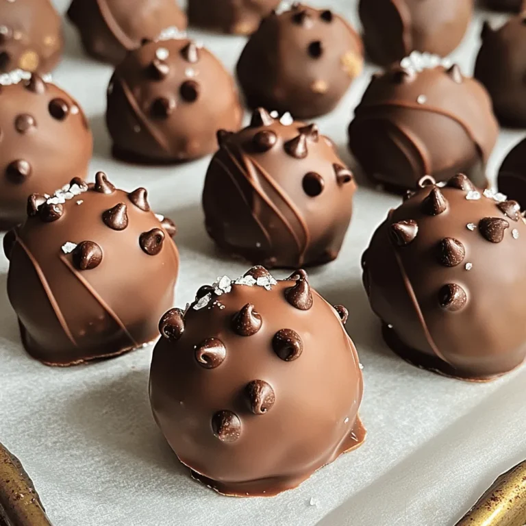To make these delightful Chocolate Chip Cookie Dough Truffles, you'll need: - 1 cup all-purpose flour - 1/2 teaspoon baking soda - 1/4 teaspoon salt - 1/2 cup unsalted butter, softened to room temperature - 1/2 cup packed brown sugar - 1/4 cup granulated sugar - 1 teaspoon pure vanilla extract - 1/4 cup milk - 3/4 cup mini chocolate chips - 1 cup dark chocolate chips (for coating) - 1 tablespoon coconut oil (for coating) The essential ingredients for the truffles are simple but key to the taste. The flour adds structure. Butter gives richness. The sugars add sweetness and creaminess. Chocolate chips create that classic cookie dough flavor. The dark chocolate coating adds a perfect finish. You can also customize your truffles with optional add-ins. Think about using nuts, dried fruit, or even different types of chocolate. This makes each batch unique and fun. To start, gather all your ingredients. You will need flour, baking soda, salt, butter, brown sugar, granulated sugar, vanilla extract, milk, mini chocolate chips, dark chocolate chips, and coconut oil. First, whisk the flour, baking soda, and salt in a bowl. Set this aside. In a large bowl, beat the softened butter with both sugars until it gets creamy. Add in the vanilla and milk, mixing until smooth. After combining the wet and dry ingredients, fold in the mini chocolate chips. It’s important not to overmix. Once combined, wrap the bowl tightly with plastic wrap. Place it in the fridge for about 30 minutes. Chilling makes the dough firm, helping you shape it into truffles later on. This step is key for the perfect texture. Once your dough is chilled, scoop out small portions. Roll each portion into a ball and place them on a parchment-lined baking sheet. Now, melt the dark chocolate chips with coconut oil in the microwave. Stir every 30 seconds until it’s smooth. Carefully dip each cookie dough ball in the melted chocolate. Let any excess chocolate drip off before placing it back on the sheet. Finally, refrigerate the truffles for 15 minutes or until the chocolate hardens. To get the best dough for your truffles, you need the right texture. After you mix your butter and sugars, the dough should feel soft, but not sticky. If it’s too wet, add a bit more flour. If it’s too dry, add a splash of milk. Chilling the dough is a must. This step helps it firm up, making it easier to shape. The dough should hold its shape but still be slightly soft when you roll it into balls. Melting chocolate requires patience. Use a microwave-safe bowl for your dark chocolate chips. Heat in short bursts, about 30 seconds each time. Stir between each burst to check the texture. If you see some lumps, keep stirring. The heat will melt them. Adding coconut oil helps the chocolate coat better. It makes the chocolate smooth and shiny. Be careful not to overheat the chocolate, as it can burn easily. Presentation makes your truffles stand out. Place them in a decorative box or on a nice platter. Drizzle any leftover melted chocolate over the top for a fancy touch. You can also sprinkle a bit of sea salt or mini chocolate chips on top. This adds color and extra flavor. For a festive look, consider using seasonal decorations like colored sprinkles or edible glitter. {{image_4}} You can make your truffles even more fun. Try adding nut butters like peanut or almond. These nut butters add creaminess and a rich taste. You can also switch up the chocolate. Use milk chocolate for a sweeter bite. Dark chocolate gives a rich, bold flavor. You can even mix in white chocolate for a sweet twist. Want vegan truffles? Swap the butter for coconut oil or vegan butter. Use a plant-based milk like almond or soy. You can also use gluten-free flour to keep the recipe safe for those with gluten issues. Change the flavors with the seasons. In fall, add pumpkin spice to the dough for a cozy taste. For winter, try peppermint extract for a festive touch. You can even roll them in crushed nuts or sprinkles for a colorful look. These twists make each batch unique! To keep your chocolate chip cookie dough truffles fresh, store them in an airtight container. Make sure to separate layers with parchment paper. This will prevent them from sticking together. You can keep them at room temperature for a short time, but the fridge is better for longer storage. Avoid direct sunlight and heat, as these can make the chocolate melt or lose its shape. When stored properly, your truffles can last up to one week in the fridge. If you choose to keep them at room temperature, aim to eat them within three days for the best flavor and texture. Always check for signs of spoilage before eating. If they look or smell odd, it’s best to toss them out. Freezing is a great option if you want to keep your truffles for longer. Place them in a single layer on a baking sheet and freeze for about an hour. Once frozen, transfer them to a freezer-safe bag or container. They can last up to three months in the freezer. When you're ready to eat them, let the truffles thaw in the fridge overnight. Enjoy them chilled for a delightful treat! Yes, you can use regular chocolate chips. They will change the taste a bit. Dark chocolate gives a rich flavor. If you prefer sweeter truffles, go for milk chocolate. Your choice will depend on what you like best. You can tell the coating is set when it feels firm to the touch. It should not be sticky or soft. This usually takes about 15 minutes in the fridge. If you’re unsure, gently press the chocolate with your finger. If it stays firm, you’re ready to enjoy! Yes, you can make these truffles ahead of time. They store well in the fridge. You can keep them for up to a week in an airtight container. Just let them sit out for a few minutes before serving. This way, they will taste fresh and delicious! This blog post covered how to make delicious chocolate truffles. We discussed essential ingredients like flour, butter, and chocolate. You learned step-by-step instructions for preparing, chilling, and coating the dough. We also shared tips to perfect your truffles and fun variations to try. Finally, storage practices ensure your treats stay fresh. Now, go ahead and make these truffles! Enjoy the process and the tasty results.