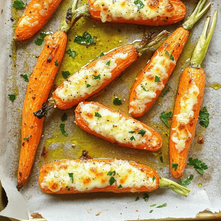 - 1 pound young carrots, peeled and halved or quartered - 3 tablespoons extra-virgin olive oil - 4 cloves fresh garlic, finely minced - 1/2 cup freshly grated Parmesan cheese - 1 teaspoon dried thyme - 1 teaspoon fresh parsley, finely chopped - Salt and freshly ground black pepper, to taste - Zest of 1 lemon for brightness Use young carrots for the best flavor. Look for bright orange carrots that feel firm. Fresh garlic adds a robust taste, so avoid pre-minced options. Choose high-quality extra-virgin olive oil for rich, fruity notes. Use freshly grated Parmesan cheese for a nutty, creamy finish. Fresh herbs like parsley enhance the dish's taste. Always opt for fresh ingredients when possible. If you can't find young carrots, regular carrots work fine. You can replace extra-virgin olive oil with melted butter for a different flavor. Dried thyme can be swapped with fresh thyme, using three times the amount. For a cheese alternative, try pecorino Romano or nutritional yeast for a vegan option. If you dislike lemon zest, use orange zest for a sweeter twist. First, set your oven to 425°F (220°C). This high heat helps the carrots roast well. For easy cleanup, line a baking sheet with parchment paper. Next, take 1 pound of young carrots. Peel them and cut them in half or quarters. Place the carrots in a large bowl. Add 3 tablespoons of extra-virgin olive oil, 4 minced garlic cloves, and 1 teaspoon of dried thyme. Season with salt and freshly ground black pepper. Toss well until every piece is coated. Now, spread the carrots in a single layer on your baking sheet. Make sure they aren’t piled on top of each other. This helps them roast evenly. Place the baking sheet in the oven and roast for about 20 minutes. Check for tenderness and caramelized edges, which means they are ready. After 20 minutes, carefully take out the baking sheet. Sprinkle 1/2 cup of freshly grated Parmesan cheese over the carrots. Return the baking sheet to the oven for another 10 minutes. This allows the cheese to melt and turn golden brown. Once they finish roasting, take the carrots out of the oven. Top them with chopped parsley and lemon zest for a fresh touch. Toss gently so the flavors mix well. Serve these delicious carrots warm for a perfect side dish. To make your carrots just right, cut them evenly. Aim for pieces that are about the same size. This helps them cook evenly. Toss them well in the olive oil and seasonings. Make sure each carrot gets coated. Spread them out on the baking sheet. If they crowd each other, they won't roast well. Keep an eye on them as they cook. You want them tender with nice, caramelized edges. You can boost the flavor by adding fresh herbs. Try rosemary or thyme for a nice touch. Chopped basil also works great. For a spicy kick, add a pinch of red pepper flakes. Mix these herbs in with the garlic and oil before coating the carrots. This small step makes a big difference in taste. If your carrots aren't browning, check your oven. Make sure it is at the right temperature. If they seem soggy, space them out better next time. Also, avoid overcooking. You want them tender but not mushy. If your cheese doesn't melt, try grating it finer. This helps it melt faster and better. {{image_4}} You can swap the Parmesan cheese for other types. Try Gruyère for a nutty taste. Feta adds a tangy twist. Mozzarella gives a gooey texture. Each cheese brings its own flavor to the dish. Want to spice things up? Add a dash of cayenne for heat. Smoked paprika gives a lovely smoky flavor. You can also try a pinch of cumin for warmth. These spices make the carrots even more exciting. Don’t limit yourself to carrots. You can use baby potatoes for a heartier dish. Cauliflower florets roast well and soak up flavors nicely. Bell peppers add color and sweetness. Feel free to mix and match your favorite veggies. After enjoying your garlic Parmesan roasted carrots, store leftovers right. Let them cool for a bit. Place them in an airtight container. This keeps them fresh for about three days. You can also sprinkle a bit of lemon juice on top. This helps keep the flavor bright. When it’s time to reheat, do it in the oven for the best taste. Preheat your oven to 350°F (175°C). Spread the carrots on a baking sheet. Heat them for around 10 minutes. You want them warm, not soggy. If you’re in a hurry, you can use the microwave. Just heat them for 1-2 minutes. Stir halfway through to heat evenly. Freezing these carrots is a great option for longer storage. First, let them cool completely. Spread the carrots in a single layer on a baking sheet. Freeze them for about 1-2 hours. Once frozen, transfer them to a freezer bag. Remove as much air as you can. They can last up to three months in the freezer. When ready to enjoy, roast them directly from frozen. Just add a few extra minutes to the cooking time. Yes, you can use frozen carrots. However, fresh carrots taste better. Frozen carrots may not roast as well. They can turn mushy during cooking. If you use frozen carrots, adjust the cooking time. Start roasting them for 10 minutes longer. Check for tenderness and adjust as needed. To make this dish vegan, swap out the Parmesan cheese. Use a plant-based cheese instead. Nutritional yeast is a great option. It adds a cheesy flavor without dairy. You can also skip the cheese altogether. The garlic and herbs will still give great taste. Garlic Parmesan roasted carrots pair well with many dishes. They complement roasted chicken or baked fish perfectly. You can also serve them with grain salads or pasta. Try them with quinoa or couscous for a wholesome meal. For a vegetarian option, serve them with lentils or chickpeas. This blog post covered all you need for perfect garlic Parmesan roasted carrots. We talked about key ingredients, roasting steps, and smart tips. You can mix flavors by using different cheeses or adding spices. Remember to store leftovers properly for a tasty snack later. If you face any issues, we have quick fixes for you. Enjoy experimenting and share what you made. Happy cooking!