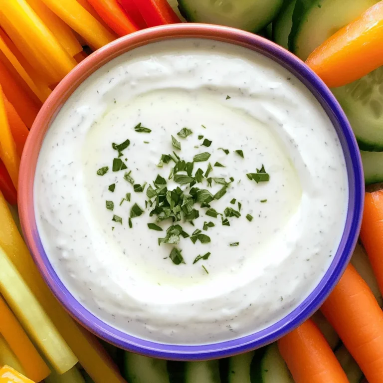 To create your Greek yogurt ranch dip, gather the following fresh ingredients: - 1 cup plain Greek yogurt - 1 tablespoon mayonnaise - 1 teaspoon garlic powder - 1 teaspoon onion powder - 1 teaspoon dried dill - 1 teaspoon dried parsley - 1 teaspoon dried chives - 1 tablespoon fresh lemon juice - Salt and freshly ground black pepper, to taste These simple ingredients come together to make a creamy and tasty dip. The Greek yogurt gives a rich texture while keeping it healthier than sour cream. The fresh herbs and spices add layers of flavor that make each bite a delight. Start with 1 cup of plain Greek yogurt in a medium bowl. Add 1 tablespoon of mayonnaise. Use a whisk or spatula to mix these two until smooth. This step creates a rich and creamy base for your dip. Now, sprinkle in 1 teaspoon of garlic powder and 1 teaspoon of onion powder. Next, add 1 teaspoon each of dried dill, dried parsley, and dried chives. These herbs will bring fresh and vibrant flavors to your dip. Then, squeeze in 1 tablespoon of fresh lemon juice. This brightens the taste and adds a zesty kick. Stir until everything is well combined. Taste your dip. Season with salt and freshly ground black pepper to your liking. If you want more flavor, feel free to add more salt or pepper. Cover the bowl with plastic wrap and chill it in the fridge for at least 30 minutes. This waiting time allows the flavors to blend nicely. Before serving, stir the dip again. Taste it one last time and adjust the seasonings if needed. Fresh herbs make a big impact on flavor. I always use fresh herbs when I can. They add brightness and depth. If you don’t have fresh herbs, dried ones work too. Just remember, dried herbs are stronger. Start with less and add more if needed. Adjusting the seasoning is key. After mixing all the ingredients, taste your dip. If it needs more flavor, add salt or pepper. You can also add a bit more lemon juice for tang. This dip should be bold and tasty, so feel free to experiment. Choosing the right bowl can make a difference. I like to use bright, colorful bowls. This makes the dip more inviting. A clear glass bowl can show off the creamy texture too. Garnishing adds a nice touch. Try sprinkling fresh herbs on top. Chopped chives or parsley look great. You can also drizzle a bit of olive oil for shine. Arrange fresh veggies like carrots and cucumbers around the dip. This makes for a beautiful presentation. Pair your ranch dip with fresh vegetables. Carrots, celery, and bell peppers are perfect. They add crunch and color to your platter. You can also use pita chips or crackers for variety. For parties or gatherings, this dip is a hit. Serve it with a variety of dippers. Set up a fun dip station with small cups. This lets guests enjoy their favorites. This dip is perfect for any occasion, big or small. {{image_4}} You can easily make a dairy-free version of this dip. Simply swap Greek yogurt with coconut yogurt. This change gives you a creamy texture without dairy. Adjust the flavors to match. You might want to add a bit more lemon juice or salt. This helps balance the sweetness of the coconut. Always taste as you go. Want a kick? Add cayenne pepper or hot sauce to your dip. Start small, like 1/4 teaspoon, then taste. You can always add more heat. To keep the flavors balanced, mix in a hint of honey or maple syrup. This sweetness will tone down the spice and create a great mix. Fresh herbs can take your dip to the next level. Use cilantro, basil, or even mint for a fresh twist. You can also experiment with dried herbs like oregano or thyme. Each choice gives the dip a new flavor. Don't be afraid to mix it up and find your favorite! To keep your Greek yogurt ranch dip fresh, store it properly. First, make sure it cools down before putting it in the fridge. Use an airtight container to keep it sealed. This helps to avoid any spills and keeps flavors strong. Glass or plastic containers work well. Remember to label the container with the date so you know when you made it. Your dip will stay good for about 4 to 5 days in the fridge. Check for any signs of spoilage before using it. If you see mold or the dip smells off, it’s best to toss it. If the dip separates, you can stir it back together. But if it looks or smells bad, don't eat it. Always trust your senses when it comes to food safety. Yes, you can make this dip in advance. Making it a few hours earlier enhances the flavor. Just store it in the fridge. Cover it tightly with plastic wrap or a lid. This keeps it fresh and tasty until serving time. You have many tasty options for dippers! Here are some popular choices: - Carrot sticks - Cucumber slices - Bell pepper strips - Celery sticks - Pita chips - Tortilla chips These snacks pair well with the creamy dip and add crunch. Greek yogurt is more nutritious than sour cream. It has more protein and less fat. This makes it a healthier choice. Greek yogurt also has probiotics that support gut health. It is a great option for dipping and snacking. It is not best to freeze this dip. Freezing changes its creamy texture. If you do freeze it, let it thaw in the fridge. Stir well before serving. However, the flavors may not taste as fresh. In this post, we covered how to make a tasty Greek Yogurt Ranch Dip. We looked at the simple ingredients and steps needed to create a smooth and flavorful dip. I shared tips to boost its taste and ideas for serving it at gatherings. You can even try fun variations like a spicy version or a dairy-free option. Remember to store any leftovers properly. This dip is not just easy to make; it's also a healthy treat. Try it at your next get-together and enjoy!