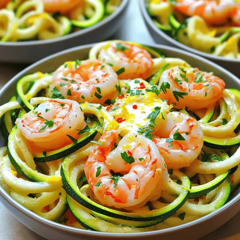 - Zucchini noodles preparation - 2 medium zucchinis, spiralized into noodles - Shrimp details - 1 pound medium shrimp, peeled and deveined - Seasoning and additional ingredients - 4 tablespoons unsalted butter - 4 cloves garlic, minced - 1 teaspoon red pepper flakes (adjust for spice) - 1 lemon, juiced and zested - 1/4 cup fresh parsley, finely chopped - Salt and freshly ground black pepper to taste - Optional: Grated Parmesan cheese for serving Gather these ingredients before you start cooking. The fresh flavors of garlic, lemon, and parsley will really shine in this dish. Spiralizing the zucchini gives a fun twist to the meal, making it a great low-carb option. The shrimp add protein and a touch of luxury. You can adjust the spice by adding more or less red pepper flakes. If you like cheese, don't forget the Parmesan for serving! To start, take two medium zucchinis and spiralize them. A spiralizer makes long, noodle-like strands. This method gives a fun twist to your meal. Once you finish spiralizing, set the noodles aside on a plate. This keeps them ready for cooking. Next, grab a large skillet and melt four tablespoons of unsalted butter over medium heat. Watch the butter closely as it melts. Once it’s melted, add four cloves of minced garlic and a teaspoon of red pepper flakes. Sauté this mix for about one minute. The goal is to make the garlic fragrant, but be careful not to let it burn. Burnt garlic can ruin your dish. Now it’s time to cook the shrimp. Add one pound of peeled and deveined shrimp to the skillet. Season the shrimp with salt and freshly ground black pepper. Let the shrimp cook without moving them for about two to three minutes. They will turn bright pink on one side, which is a sign they are cooking well. After your shrimp are pink on one side, flip them over. Squeeze juice from half a lemon over the shrimp. This adds zing to the flavor. Cook them for another two minutes. They will become opaque and fully cooked when done. Next, toss the spiralized zucchini noodles into the skillet with the shrimp. Gently mix them together. Cook this mix for another two minutes. You want the noodles to be tender but still have a slight bite, known as al dente. To finish, remove the skillet from heat. Stir in the zest of the lemon and finely chopped parsley. This step adds fresh flavor. Taste the mix and adjust the seasoning. You can add more salt, pepper, or lemon juice if needed. Plate the dish right away for the best presentation. Use shallow bowls to serve. Drizzle any remaining sauce from the skillet over the noodles. For a nice touch, garnish with extra chopped parsley and a sprinkle of lemon zest. If you want, add grated Parmesan cheese on top. To make the best shrimp scampi, avoid some common mistakes. - Don't overcook the shrimp: Cook them just until they turn pink. Overcooked shrimp become tough. - Watch the garlic closely: Garlic can burn quickly. If it burns, the dish will taste bitter. Timing is key. Start cooking the garlic before adding the shrimp. This way, the flavors meld perfectly. To make zucchini noodles, you need a spiralizer. You can find many types online or in stores. - Use a spiralizer: This tool creates long, noodle-like strands easily. - Alternative methods: If you don't have one, use a vegetable peeler to cut thin strips. A knife can work too, but it takes more skill. To boost flavors, consider adding herbs and spices. - Fresh herbs: Parsley adds brightness. Basil or oregano can also enhance the dish. - Add heat or creaminess: For spice, use more red pepper flakes. For creaminess, add a splash of heavy cream before serving. These tips will help you create a tasty and satisfying meal. Enjoy experimenting with flavors! {{image_4}} If you want to switch things up, consider using different proteins. Instead of shrimp, you can use chicken or scallops. Both cook well and taste great with the garlic and butter. For a veggie twist, try adding mushrooms or bell peppers. They add a nice texture and flavor. You can also mix in whole wheat pasta if you prefer a heartier dish. For those who need gluten-free options, use gluten-free pasta instead of the zucchini noodles. This keeps the meal light but still satisfying. If you're avoiding dairy, you can skip the Parmesan cheese or use a dairy-free substitute. Nutritional yeast is a great option for adding that cheesy flavor without the dairy. Want to change the flavor? Try an Asian-inspired version. Use soy sauce and ginger instead of lemon. This adds a nice kick. You can also toss in some snap peas for extra crunch. For a Mediterranean touch, add olives and capers. Both options give your dish a unique spin while keeping it delicious. To keep your shrimp scampi zucchini noodles fresh, store them in an airtight container. Place them in the fridge within two hours of cooking. This keeps the dish safe and tasty. You can store the leftovers for up to three days. When it's time to reheat, the best method is to use a skillet. Heat it over medium-low heat. Add a splash of olive oil or a little butter to keep things moist. Stir gently as it warms up. Be careful not to overheat. This helps avoid mushy zucchini noodles. You want them to stay firm and delicious! Yes, you can freeze zucchini noodles! However, they may lose some texture when thawed. If you want to freeze them, store the noodles separate from the shrimp. Use a freezer-safe container or a zip-top bag. Remove as much air as you can. They can last up to three months in the freezer. Remember to label your containers with the date for easy tracking! Zucchini noodles, or zoodles, are long strands made from zucchini. They are a great low-carb option. - Nutritional benefits of zucchini noodles Zucchini is low in calories and high in fiber. It provides vitamins A and C, which are good for your skin and eyes. - Comparison with traditional pasta Zucchini noodles have fewer carbs than regular pasta. They also have more water, making them light and refreshing. You can still enjoy zucchini noodles without a spiralizer. Simple tools work well for this. - Alternative cutting techniques You can use a sharp knife to slice zucchini into thin strips. This method gives you flat noodles. - Using a vegetable peeler or julienne slicer A vegetable peeler makes flat ribbons. A julienne slicer will create thin, noodle-like strands. Yes, frozen shrimp can save time and effort. They are convenient but come with some trade-offs. - Advantages and disadvantages Frozen shrimp are easy to find and store. However, they may lose some flavor and texture when thawed. - Thawing tips for sautéing To thaw, place shrimp in cold water for 15-20 minutes. This method keeps them firm and ready for sautéing. Pairing dishes can enhance your meal. Some options are perfect for a complete experience. - Suggested side dishes A simple green salad or garlic bread complements the dish well. You can also serve with roasted vegetables for added flavor. - Wine pairings and accompaniments A crisp white wine, like Sauvignon Blanc, works well. For a non-alcoholic option, try sparkling water with lemon. In this post, I shared how to make delicious shrimp scampi with zucchini noodles. We covered ingredients, step-by-step instructions, tips for perfect cooking, and fun variations. You now have the tools to cook a tasty meal that’s healthy and versatile. Don’t hesitate to try different flavors or ingredient swaps. Enjoy the process and get creative! Remember, cooking is all about having fun and making something you love. Happy cooking!