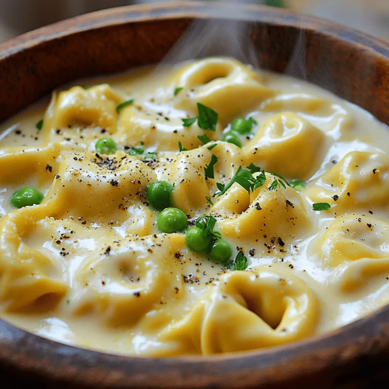 - 12 oz cheese tortellini - 2 tablespoons unsalted butter - 1 cup heavy cream The main stars of this dish are the cheese tortellini, butter, and heavy cream. The tortellini adds a nice bite to the meal. I love using fresh cheese tortellini, but frozen works too. The butter gives a rich flavor, while the heavy cream makes the sauce creamy and smooth. - 1 cup freshly grated Parmesan cheese - ½ teaspoon freshly ground black pepper - ¼ teaspoon ground nutmeg (optional) For seasoning, I always use freshly grated Parmesan cheese. It melts into the sauce perfectly. Black pepper adds a slight kick, while nutmeg gives a warm spice. If you want a richer flavor, nutmeg is a great option. - ½ cup frozen peas (optional) - Fresh parsley, finely chopped (for garnish) For garnishes, I like to add frozen peas. They bring color and sweetness to the dish. Fresh parsley adds a nice touch and a fresh taste. You can add these at the end for the best look and flavor. To start, fill a large pot with water. Bring the water to a rolling boil. This means the water should be bubbling hard. Add a generous pinch of salt. This adds flavor to the tortellini. Cook the cheese tortellini as per the package instructions. Typically, this takes about 3 to 5 minutes. You want the tortellini to be al dente, which means it should be firm but cooked. Once done, drain the tortellini and set it aside. Keep the pot, as we will use it for the sauce. Now, let’s make the Alfredo sauce. In the same pot, reduce the heat to medium. Add the unsalted butter. Let it melt gently. Once melted, add the minced garlic. Sauté the garlic for about 1 minute. You want it fragrant, but don’t let it brown or burn. Next, slowly pour in the heavy cream while stirring. This helps mix the cream well. Increase the heat slightly to bring the sauce to a gentle simmer. Let it simmer for about 2 to 3 minutes. This will help thicken the sauce just a bit. Now, we are ready to combine. Gradually whisk in the freshly grated Parmesan cheese. Keep whisking until it melts completely. The sauce should be silky smooth. Add freshly ground black pepper and fine sea salt to taste. If you like, sprinkle in the ground nutmeg for a warm flavor. Next, gently add the cooked tortellini into the creamy sauce. Use a spatula or tongs to toss it. Ensure all the pasta is well-coated. If you want to use frozen peas, fold them in now. Heat them for about 2 to 3 minutes. Finally, remove the pot from the heat and plate your creamy tortellini right away. To cook tortellini perfectly, aim for al dente. This means the pasta should be firm yet tender. Follow the package directions, but check a minute or two early. The pasta will continue to cook slightly after draining. To avoid overcooking garlic, keep a close eye on it. Sauté it in melted butter on medium heat for just about one minute. You want it fragrant, not brown. If garlic burns, it can taste bitter. For a silky smooth Alfredo sauce, stir the cream in slowly. This helps it blend well with the butter and garlic. Simmer it gently for 2-3 minutes. The sauce thickens just a bit, which is perfect. If your sauce is too thick, add a little more cream. Stir it in until you reach your desired consistency. If it’s too thin, let it simmer a bit longer to thicken. Presentation is key! Serve the tortellini in deep bowls. This adds a cozy touch. A sprinkle of fresh parsley brightens the dish and adds color. You can also use alternative herbs for garnish. Consider basil or chives for a different flavor. These small touches make your dish stand out! {{image_4}} You can easily boost your tortellini with protein. Grilled chicken or shrimp adds a lovely touch. These options make the dish heartier and more filling. If you prefer a vegetarian choice, try adding sautéed mushrooms or spinach. These ingredients not only add flavor but also give you some nutrition. To make your dish sing, think about adding herbs or spices. Fresh basil or oregano can brighten the flavors. You might also enjoy a pinch of red pepper flakes for heat. For cheese lovers, consider using different types of cheese. Fontina or Gouda melts beautifully and gives a unique taste. If you need gluten-free options, look for gluten-free tortellini. Many brands offer great choices that taste just as good. For those who want a vegan twist, use plant-based cheese. You can also substitute the heavy cream with coconut cream or cashew cream for a rich flavor. These swaps keep the dish creamy without dairy. Store your leftover creamy tortellini Alfredo in an airtight container. This helps keep it fresh. It will last up to three days in the fridge. When you heat it up, do so gently. Use low heat on the stove or a microwave. Stir often to make sure it warms evenly. If it seems too thick, add a splash of cream or milk. Yes, you can freeze creamy tortellini Alfredo, but it may change the texture. To freeze, let it cool completely. Then, place it in a freezer-safe container. Leave some space at the top for expansion. It can stay in the freezer for up to three months. When you're ready to eat, move it to the fridge overnight to thaw. You can also reheat it straight from the freezer. Just add some cream to help restore the sauce. In the fridge, creamy tortellini Alfredo lasts about three days. Check for signs of spoilage. If you see mold or notice an off smell, it’s best to toss it. Always trust your senses to keep your meals safe and tasty. To reheat Creamy Tortellini Alfredo, I recommend using the stovetop method. This keeps the sauce creamy and smooth. 1. Stovetop: Place the tortellini in a pan over low heat. Add a splash of cream or milk to help loosen the sauce. Stir often until warm. This keeps the texture nice. 2. Microwave: If you're in a hurry, use the microwave. Put the tortellini in a microwave-safe dish. Add a bit of cream or milk. Cover it loosely and heat for 1-2 minutes. Stir halfway through. This method may dry out the sauce a bit. Yes, you can make Creamy Tortellini Alfredo in advance. Here are some tips: - Cook the tortellini: Prepare the tortellini and sauce separately. This helps keep the pasta from getting mushy. - Store in the fridge: Place the tortellini and sauce in airtight containers. This will keep them fresh for up to 3 days. - Reheat gently: When you're ready to eat, reheat the sauce and then add the tortellini. This keeps everything fresh and tasty. Creamy Tortellini Alfredo pairs well with various sides. Here are some great options: - Garlic bread: A crispy and buttery side that complements the creamy sauce. - Salad: A fresh green salad adds crunch and lightness to the meal. - Steamed vegetables: Broccoli or asparagus adds color and nutrition. - Wine: A light white wine like Pinot Grigio enhances the dish beautifully. Enjoy your delicious meal! Creamy Tortellini Alfredo is simple and tasty. We covered the key ingredients, cooking steps, and helpful tips. You can customize this dish with proteins, herbs, and dietary changes. Proper storage methods keep leftovers fresh. Enjoy reheating tips and know how to pair it with sides. This dish is fun to make and easy to share. I hope you feel ready to create your creamy masterpiece. Dive into deliciousness with tortellini today!