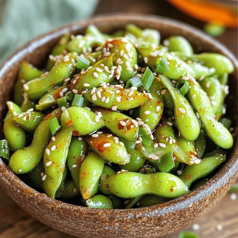 When making Air Fryer Sweet & Spicy Garlic Edamame, you'll need these simple ingredients: - 2 cups frozen edamame in their pods - 2 tablespoons soy sauce - 1 tablespoon honey - 1 tablespoon sriracha (adjust for spice preference) - 2 cloves garlic, finely minced - 1 teaspoon sesame oil - 1 teaspoon sesame seeds (for garnishing) - Freshly chopped green onions (for garnishing) - Salt, to taste These ingredients come together to create a bold and tasty snack. Each one plays a key role in building flavor. The edamame offers a tender bite, while soy sauce and sriracha provide saltiness and heat. Honey balances this heat with sweetness. Garlic adds depth, and sesame oil gives a rich finish. Garnishing with green onions and sesame seeds makes the dish look great too. Start with frozen edamame pods. You can use them straight from the freezer. No thawing is needed. This helps keep the cooking simple and quick. In a bowl, mix together these ingredients: - 2 tablespoons soy sauce - 1 tablespoon honey - 1 tablespoon sriracha (adjust this for spice) - 2 cloves garlic, finely minced - 1 teaspoon sesame oil - A pinch of salt Whisk these together until smooth. This marinade gives the edamame a sweet and spicy flavor. Next, pour the marinade over the frozen edamame in your mixing bowl. Toss them gently but well. Each pod should be coated in that tasty sauce. Let them sit for about 10 minutes. This helps the flavors soak in. While the edamame marinates, preheat your air fryer to 380°F (190°C). This takes about 5 minutes. Once ready, place the edamame in the air fryer basket in a single layer. Cook them for 10 to 12 minutes. Remember to shake the basket halfway through. This ensures even cooking. After the timer goes off, check how crispy they are. They should be tender with a hint of crunch. If you want them crunchier, add 2 more minutes. Enjoy the aroma as they cook! To change the spice in your edamame, you can adjust the sriracha. Start with one tablespoon. If you want more heat, add more sriracha, one teaspoon at a time. This way, you can find the right balance for your taste buds. If you prefer less heat, use half a tablespoon instead. You can also mix in some honey to balance the spice with sweetness. To get that perfect crunchy texture, follow a few key steps. First, air fry the edamame in a single layer. This ensures that hot air circulates around each pod. Shake the basket halfway through cooking. This helps them cook evenly. If you want extra crispness, cook them for two more minutes. Just keep an eye on them so they don’t burn. When serving your edamame, use a bright bowl to make it pop. After cooking, sprinkle sesame seeds and chopped green onions on top. This adds color and flavor. For a fun touch, serve the edamame with chopsticks. It makes for an authentic experience. You can also pair it with a small dish of soy sauce for dipping. {{image_4}} You can change up the flavor of your sweet and spicy garlic edamame. Here are some ideas: - Teriyaki Sauce: Swap soy sauce for teriyaki. It adds a nice sweetness. - Chili Garlic Sauce: Use this for a more intense heat and garlic flavor. - Curry Powder: A pinch of curry powder gives a unique twist. - Lime Juice: Add fresh lime juice for a zesty kick. - Peanut Butter: Mix in some peanut butter for a creamy texture. Experiment with these options to find what you love best! These edamame pods make a great snack or side dish. Here are some fun ways to enjoy them: - As an Appetizer: Serve them in a bowl at your next party. - With Sushi: Pair with sushi rolls for a perfect match. - In a Salad: Toss them into a salad for a crunchy texture. - With Rice: Serve alongside rice for a filling meal. - Garnish: Top with extra sesame seeds and green onions for flair. These ideas can help you enjoy your edamame in new ways. If you're out of edamame, try these options: - Green Peas: Fresh or frozen peas work well. They cook quickly. - Chickpeas: They add protein and a fun texture. Use cooked ones. - Lentils: Cooked lentils can add a hearty touch. - Green Beans: Cut green beans also work. They crisp up nicely. - Cauliflower: Try cauliflower florets for a low-carb option. Each choice offers unique flavors and textures to explore! To keep your sweet and spicy garlic edamame fresh, store them properly. Place any leftovers in an airtight container. Refrigerate them right away. They stay good for about three days. If you want to keep them longer, freeze the edamame. Spread them on a baking sheet first. Freeze them for about an hour, then transfer to a freezer bag. This way, they won’t stick together. Reheating leftover edamame is easy. You can use the air fryer again for the best results. Preheat the air fryer to 350°F (175°C). Place the edamame in the basket and heat for about 5-7 minutes. Shake the basket halfway through to heat evenly. You can also warm them in a microwave. Just cover them with a damp paper towel. Heat in 30-second intervals until hot. Enjoy your tasty snack again! Cooking edamame in an air fryer takes about 10 to 12 minutes. If you want them softer, check them at 10 minutes. For a crispier bite, add 2 more minutes. The key is to shake the basket halfway through. This helps cook the edamame evenly. Yes, you can use fresh edamame. Just make sure to cook them for a shorter time. Fresh edamame pods may take about 8 to 10 minutes in the air fryer. Always check for doneness. The goal is a tender yet slightly crispy texture. These edamame make a great snack or side dish. You can serve them with sushi for a fun meal. They also pair well with rice dishes or salads. Try them next to grilled meats or as part of a veggie platter. Enjoy with a light dip or soy sauce to enhance the flavors. This blog post covered how to make a tasty sweet and spicy garlic edamame dish. You learned about the key ingredients, preparation steps, and tips for perfect results. I shared ways to adjust spice levels and gave ideas for serving and storing. Experimenting with different flavors can enhance your dish even more. Enjoy your cooking and savor the great taste of your creation!