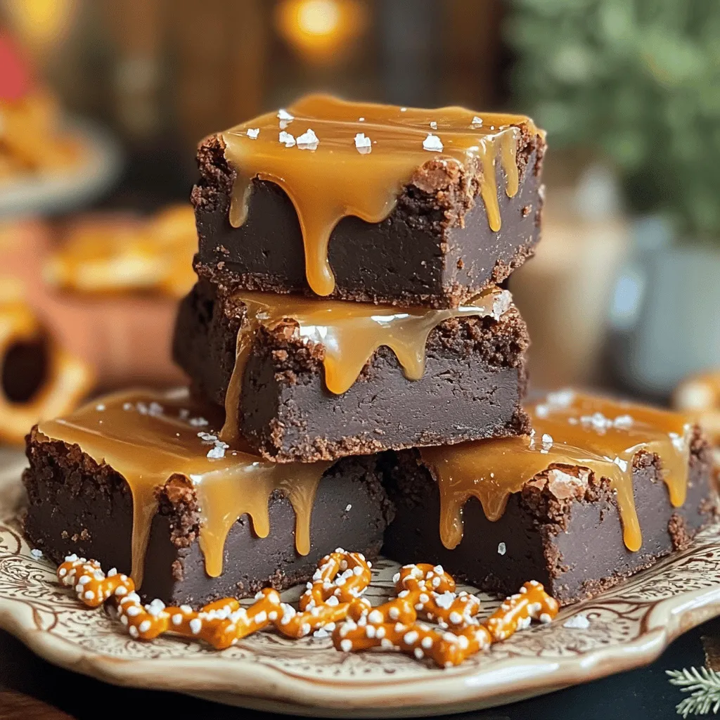 To make these Salted Caramel Pretzel Brownies, you need simple and tasty ingredients. Here’s the full list: - 1 cup unsalted butter - 2 cups granulated sugar - 1 teaspoon pure vanilla extract - 4 large eggs - 1 cup all-purpose flour - 1 cup unsweetened cocoa powder - 1 teaspoon baking powder - ½ teaspoon salt - 1 cup semi-sweet chocolate chips - 1 cup crushed pretzels - 1 cup store-bought salted caramel sauce Each ingredient plays an important role. The butter gives richness and moisture. Sugar adds sweetness and helps with texture. Vanilla brings a warm flavor that complements the brownie. Eggs provide structure and help the brownies rise. Flour and cocoa powder make the base. Baking powder helps the brownies puff up just right. Salt balances the sweetness. Chocolate chips add gooey pockets of chocolate. Pretzels give a fun crunch and salty kick. Finally, the salted caramel sauce ties it all together with a luscious, sweet note. Using high-quality ingredients yields the best results. Always check the dates on your baking items. Fresh ingredients make a big difference in taste. This recipe is easy and fun, perfect for a family treat! - Preheat oven to 350°F (175°C). - Grease and line a 9x13-inch baking pan. First, we start by preheating our oven. This step is key for even baking. While the oven warms up, grab your baking pan. Grease it well to prevent sticking. Next, line it with parchment paper. This will help you lift the brownies out later. - Combine melted butter and granulated sugar. - Incorporate vanilla and eggs. Now, let’s mix the wet ingredients. In a bowl, add your melted butter and granulated sugar. Whisk them together until smooth. This mixture should feel creamy. Next, add the vanilla extract. Then, crack in the eggs, one at a time. Make sure to mix well after each egg. This helps create a rich texture. - Sift together dry ingredients. - Gradually mix dry ingredients into wet mixture. For the dry ingredients, grab another bowl. Sift together the flour, cocoa powder, baking powder, and salt. Sifting removes lumps and makes the brownies light. Once sifted, slowly mix this into the wet mixture. Stir gently until just combined. Be careful not to overmix, as this can make the brownies tough. - Fold in chocolate chips and crushed pretzels. Now comes the fun part! Gently fold in the semi-sweet chocolate chips. Then add the crushed pretzels for that salty crunch. Use a spatula to mix them in. This adds a great texture and flavor to your brownies. - Prepare the first brownie layer and caramel drizzle. - Add the second layer and swirl. - Bake for 30-35 minutes. Time to layer! Pour half of the brownie batter into your prepared pan. Spread it out evenly. Now, drizzle half of the salted caramel sauce on top. Next, add the remaining brownie batter and smooth it out. Use a knife to swirl the caramel into the batter. This creates a gorgeous marbled effect. Bake the brownies for 30-35 minutes until they are set. - Cool brownies and slice. - Presentation tips for serving. When the brownies are done, remove them from the oven. Let them cool in the pan for about 15 minutes. Then lift them out using the parchment paper. Allow them to cool fully on a wire rack. Once cool, slice into squares. For a lovely presentation, serve them warm, drizzled with extra caramel and a sprinkle of flaky sea salt. This will impress everyone! How do I check for doneness? To check if your brownies are done, use a toothpick. Insert it into the center of the brownies. If it comes out with a few moist crumbs, they are ready. If it comes out wet, bake them a bit longer. How can I avoid overmixing? Mix the batter until just combined. When you add the dry ingredients, use a spatula. Fold them in gently. Overmixing can make brownies tough. Why should I use high-quality chocolate? High-quality chocolate makes a big difference. It adds richer flavor and better texture to your brownies. Look for bars with at least 60% cocoa content. What types of pretzels are best? I recommend using thin pretzel sticks or small pretzel twists. These add a nice crunch. They also provide a great salty contrast to the sweet caramel. What are some garnishing ideas? For a pretty presentation, drizzle more caramel sauce on top. You can also sprinkle flaky sea salt for extra flavor. Serve the brownies warm for the best taste. What should I pair these brownies with? These brownies pair well with vanilla ice cream. You can also serve them with a hot cup of coffee or milk. Enjoy them with friends for a special treat! {{image_4}} You can make these brownies even more fun. Try adding nuts like walnuts or pecans. They add a nice crunch. You can also mix in chocolate chunks. This gives you more chocolate in every bite. Another way to boost flavor is with extracts. Instead of vanilla, try almond or hazelnut. A little goes a long way. These small changes can create a whole new taste experience. If you need gluten-free brownies, swap the all-purpose flour for a gluten-free blend. This keeps the texture right while making them safe for those with gluten issues. For a vegan option, replace the eggs with flax eggs. Mix one tablespoon of ground flaxseed with three tablespoons of water. Let it sit for a few minutes. Use vegan butter instead of regular butter and a plant-based caramel sauce. Make your brownies look fancy with creative plating. Try stacking two squares on top of each other. Drizzle extra caramel sauce on top and add a sprinkle of sea salt. For seasonal themes, use festive plates. In fall, add some pumpkin spice. For summer, top with fresh berries. These small touches make your treats even more special. To keep your salted caramel pretzel brownies fresh, follow these tips: - Cool Completely: First, let your brownies cool fully on a wire rack. This step prevents moisture buildup. - Use Airtight Containers: Store the brownies in an airtight container. This keeps them from drying out and maintains their chewy texture. - Layer with Parchment: If stacking brownies, place parchment paper between layers. This helps avoid sticking and damage. If you want to save some brownies for later, freezing works well. Here’s how: - Wrap Tightly: Cut the brownies into squares. Wrap each square tightly in plastic wrap, then place them in a freezer bag. Squeeze out as much air as possible. - Label and Date: Don’t forget to label the bag with the date. Brownies can last up to three months in the freezer. When you're ready to enjoy: - Thawing: Take out the brownies and let them thaw in the fridge overnight. If you want them warm, microwave them for 15-20 seconds. - Reheating Tips: For a gooey texture, heat them in the microwave. Check every few seconds to avoid overheating. Enjoy your treat! Can I use homemade caramel sauce? Yes, you can use homemade caramel sauce. Just make sure it has a good flavor. Homemade sauce can add a special touch to your brownies. How do I know when the brownies are done? To check doneness, insert a toothpick in the center. If it comes out with a few moist crumbs, the brownies are ready. Don’t wait for it to be completely clean. What can I substitute for eggs in this recipe? You can use applesauce, mashed bananas, or flaxseed meal as egg substitutes. Each option will change the texture a bit, so choose based on your taste. How long do these brownies last? These brownies can last up to five days at room temperature. Keep them in an airtight container to keep them fresh. Can I add other toppings or mix-ins? Absolutely! You can add nuts, chocolate chunks, or even a sprinkle of sea salt. Get creative with your mix-ins to make them your own. We covered all the key steps to make salted caramel pretzel brownies. You learned the right ingredients, baking methods, and storage tips. These brownies offer a sweet mix of chocolate and salty crunch. Consider variations like nuts or seasonal themes to make them your own. With these tips, you can bake with confidence and create a treat everyone will love. Enjoy sweet success with your brownies!