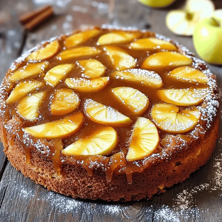 To create this delightful cake, you need a few key ingredients. These will bring out the rich flavors and make the cake moist and delicious. The essential ingredients include: - Apples - Brown sugar - Unsalted butter - Ground cinnamon - All-purpose flour - Baking powder - Baking soda - Salt - Granulated sugar - Eggs - Vanilla extract - Buttermilk Here’s a full list of what you need to make the caramel apple upside down cake. Measure everything out so you’ll be ready to bake! - 3-4 medium apples, peeled, cored, and sliced into thin wedges - 1 cup packed brown sugar - 1/4 cup unsalted butter (for caramel) - 1 teaspoon ground cinnamon - 1 1/2 cups all-purpose flour - 1 teaspoon baking powder - 1/2 teaspoon baking soda - 1/4 teaspoon salt - 1/2 cup granulated sugar (for the batter) - 1/2 cup unsalted butter, softened (for the batter) - 2 large eggs - 1 teaspoon vanilla extract - 1/2 cup buttermilk If you need to change some ingredients, no problem! Here are some easy swaps: - Use coconut oil instead of unsalted butter for a dairy-free option. - Swap brown sugar with white sugar for a lighter flavor. - Yogurt can replace buttermilk if you don’t have any. - Try almond extract instead of vanilla for a different taste. - You can mix in nuts like walnuts for added crunch. These substitutions keep the cake tasty while catering to your needs! To start, grab a medium skillet. Melt 1/4 cup of unsalted butter over medium heat. Once the butter melts, stir in 1 cup of packed brown sugar. Add 1 teaspoon of ground cinnamon to the mix. Cook this mixture, stirring often, for about 2-3 minutes. Look for a smooth, bubbling texture. When it looks right, remove it from the heat and set it aside. This caramel topping adds a sweet, rich flavor. Next, we need to assemble the apples. Take a well-greased 9-inch round cake pan. Carefully pour your caramel mixture into the bottom. Make sure it covers the pan evenly. Now, take your apples, which should be peeled, cored, and sliced into thin wedges. Artistically arrange the apple slices over the caramel. Overlap them a bit for a pretty look. Set the pan aside while we make the cake batter. This step is key for a stunning presentation. Now, let's make the cake batter. In a mixing bowl, whisk together 1 1/2 cups of all-purpose flour, 1 teaspoon of baking powder, 1/2 teaspoon of baking soda, and 1/4 teaspoon of salt. In another large bowl, cream together 1/2 cup of softened unsalted butter and 1/2 cup of granulated sugar. Mix until it looks light and fluffy. Add 2 large eggs, one at a time. Make sure each egg mixes in well before adding the next. Finally, stir in 1 teaspoon of vanilla extract. Gradually mix the dry ingredients into the butter and sugar mixture. Alternate this with 1/2 cup of buttermilk. Start and end with the dry mix. Stir just until combined and smooth. This helps keep the cake light and fluffy. Now, your batter is ready to pour over those beautiful apples! To make great caramel, start with a clean skillet. This helps the sugar melt evenly. Use medium heat to melt 1/4 cup of unsalted butter. When the butter is melted, add 1 cup of packed brown sugar. Stir in 1 teaspoon of ground cinnamon. Keep stirring until the mixture is smooth and bubbling. This usually takes about 2-3 minutes. Remove the skillet from heat right after. If it cooks too long, the caramel can become hard. For a perfectly baked cake, preheat your oven to 350°F (175°C). Use a well-greased 9-inch round cake pan. After mixing the batter, pour it gently over the arranged apples. Smooth the top with a spatula. Bake for 35-40 minutes. Check if it's done by inserting a toothpick in the center. If it comes out clean, the cake is ready. Be sure not to overbeat the batter. This keeps the cake light and fluffy. To make your cake look stunning, dust the top with powdered sugar. This adds a sweet touch. You can also garnish with fresh apple slices. A dollop of whipped cream on the side looks nice too. When serving, carefully flip the cake onto a platter. This not only reveals the apples but also shows off the caramel glaze. Enjoy the beauty and taste of your caramel apple upside down cake! {{image_4}} You can add nuts to your caramel apple upside down cake for a fun crunch. Chopped walnuts or pecans work great. Stir them into the batter or sprinkle them on top of the apple layer before pouring on the batter. This adds texture and a nutty flavor that pairs well with the sweet apples and caramel. Each apple type brings its own flavor. For a tart kick, use Granny Smith apples. If you prefer sweetness, Honeycrisp or Fuji apples are great choices. Mixing different apples can also add depth. Try a blend for a more complex taste in your cake. Make your cake even more special by adding seasonal spices. A hint of nutmeg or pumpkin spice gives a cozy fall vibe. Stir in about half a teaspoon of either spice into the batter. This small change can transform your cake and impress your guests during the holidays or any gathering. To keep your caramel apple upside down cake fresh, store it in an airtight container. This will help maintain moisture and flavor. You can leave it at room temperature for up to two days. If you want to keep it longer, place the cake in the fridge. It can last for about one week in the fridge. When you want to enjoy a slice, gently reheat the cake. I recommend using the microwave for quick warming. Heat each slice for about 15-20 seconds. If you prefer oven reheating, preheat your oven to 350°F (175°C). Wrap the cake in foil and heat it for about 10 minutes. This keeps the cake moist and the caramel gooey. If you want to save the cake for later, you can freeze it. First, let the cake cool completely. Then, slice it into portions. Wrap each slice tightly in plastic wrap, then place them in a freezer bag. Label the bag with the date. The cake will stay fresh for up to three months in the freezer. To enjoy, thaw the slices overnight in the fridge and reheat as needed. Yes, you can make the cake ahead of time. Bake the cake, let it cool, and store it in an airtight container at room temperature. It will stay fresh for about two days. You can also refrigerate it for up to a week. Just make sure to bring it back to room temperature before serving for the best taste. If your caramel hardens, don’t worry! You can gently reheat it. Place the hardened caramel in a small saucepan. Add a splash of water to help it melt. Heat it over low heat, stirring often, until it becomes smooth again. This will bring back that lovely, gooey texture. You can use a different pan, but be cautious. A 9-inch round cake pan works best for even baking. If you use a square or a different size, adjust the baking time. Keep an eye on the cake while it bakes. Always check with a toothpick to see if it’s done. This blog post covered how to make a Caramel Apple Upside Down Cake. We talked about the key ingredients and detailed how to prepare them. I shared step-by-step instructions from the caramel topping to assembling the cake. You learned tips for baking and serving. We explored fun variations and how to store leftovers. Making this cake is a tasty adventure. I hope you enjoy it as much as I do!