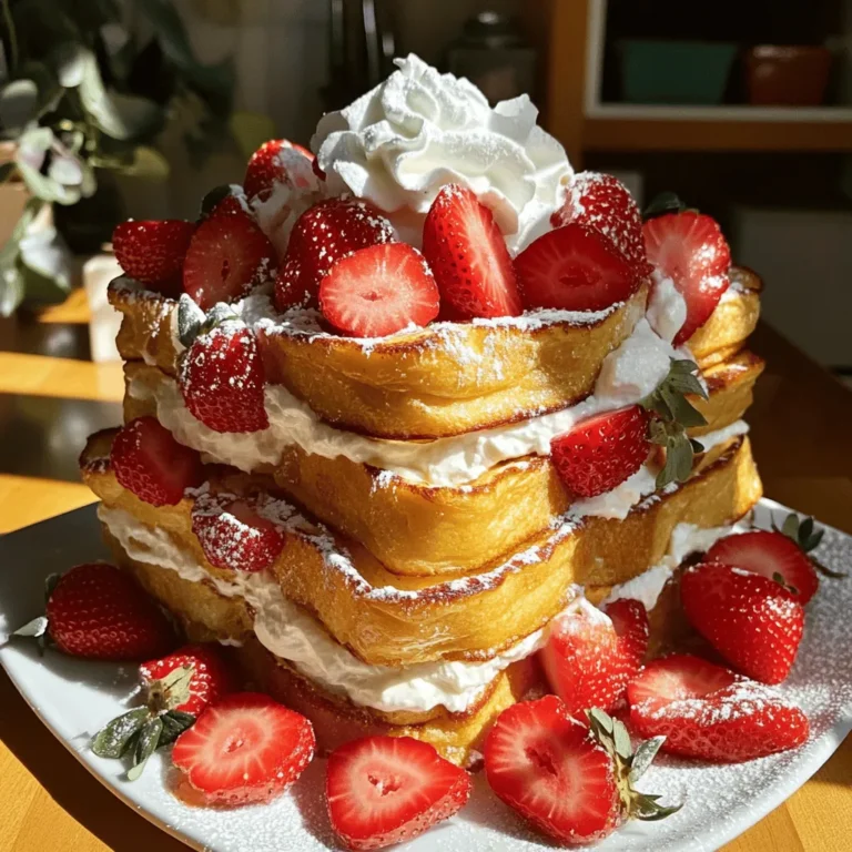- 1 loaf of brioche bread, sliced (about 12-14 slices) - 8 oz cream cheese, softened at room temperature - 1 cup mascarpone cheese - 1/2 cup powdered sugar - 2 cups fresh strawberries, hulled and sliced - 4 large eggs - 1 cup whole milk - 1 teaspoon vanilla extract - 1 teaspoon ground cinnamon - 1 tablespoon lemon zest (freshly grated) - 1/2 teaspoon salt - Butter for greasing the baking dish - Optional: Whipped cream and additional strawberries for serving The key to making Strawberry Cheesecake Overnight French Toast is using the right ingredients. Brioche bread gives a soft and sweet base. Cream cheese and mascarpone create a rich and creamy filling. Fresh strawberries add a burst of flavor and color. The powdered sugar sweetens the cream cheese mixture. Eggs and whole milk form the custard that soaks into the bread. Vanilla extract and ground cinnamon enhance the taste. Lastly, lemon zest adds a fresh zing. Make sure to have all these items ready before you start. This will help you work smoothly and enjoy the process. - Prepare the cream cheese mixture: In a medium bowl, mix 8 oz of softened cream cheese, 1 cup of mascarpone cheese, and 1/2 cup of powdered sugar. Use a whisk or electric mixer to blend until smooth. This mixture gives the French toast its cheesecake flavor. - Assemble the base layer: Take your 9x13 inch baking dish and grease it well with butter. Lay half of the sliced brioche bread snugly in the dish. Make sure the slices fit tightly but do not overlap. - Spread cream cheese mixture: Take half of your cream cheese mixture and spread it evenly across the brioche slices. This adds a creamy layer of flavor. - Distribute strawberries: Next, sprinkle half of the sliced strawberries over the cream cheese layer. Press them gently to make sure they stick and spread out nicely. - Complete the layering with remaining ingredients: Now, add the rest of the brioche slices on top of the strawberries. Repeat the process: spread the remaining cream cheese mixture and top with the remaining strawberries. Make sure everything is even for the best taste. - Prepare the custard mixture and soak the bread: In another bowl, crack 4 large eggs and whisk them with 1 cup of whole milk, 1 teaspoon of vanilla extract, 1 teaspoon of ground cinnamon, 1 tablespoon of lemon zest, and 1/2 teaspoon of salt. Mix until smooth. Pour this custard mixture evenly over the layered bread and strawberries. Gently press down with a fork or spatula to help the bread soak up the mixture. This step-by-step guide will help you create a delicious Strawberry Cheesecake Overnight French Toast that you can enjoy for breakfast or brunch! Choosing the right bread is key. Use a loaf of brioche bread. Brioche is soft and sweet, making it perfect for French toast. You can also try challah for a similar taste. Letting the bread soak overnight is crucial. This helps the bread absorb the creamy mixture. It also makes the final dish soft and flavorful. If you’re short on time, soak for at least 4 hours. Top your French toast with whipped cream for a light touch. Fresh strawberries add color and flavor. Drizzle with maple syrup for sweetness. You can even sprinkle a little lemon zest on top for brightness. Garnish with fresh mint leaves for a pop of color. This adds a lovely touch to your dish. Place everything on a nice plate to make it stand out. Be careful not to rush the soaking process. If the bread doesn't soak enough, it may turn out dry. Pressing the bread down gently helps it absorb the liquid better. When baking, ensure your oven is preheated. This helps the French toast cook evenly. Avoid opening the oven door too often, as this can cause uneven baking. {{image_4}} You can easily change this recipe to fit your tastes. Here are some fun ideas: - Adding chocolate chips or nuts: Fold in some chocolate chips or chopped nuts. They add a nice crunch and extra flavor. - Alternative fruit options: Try using blueberries, raspberries, or even bananas instead of strawberries. Each fruit gives a unique twist. Making this dish fit your diet is simple. Here are a couple of ideas: - Gluten-free bread alternatives: Use gluten-free bread to make this dish safe for those with gluten allergies. Look for brands that hold up well when soaked. - Vegan adaptations: Swap out the eggs and dairy with plant-based options. Use almond milk, vegan cream cheese, and a flaxseed mixture for the eggs. You can cook this recipe in different ways. Here are two options: - Slow cooker method: This method is easy. Just layer the ingredients in your slow cooker. Cook on low for about 4 to 5 hours. You will get a soft, creamy dish. - Air fryer option: If you want a crispy texture, use the air fryer. Cook in batches at 350°F for about 15-20 minutes. Check for doneness, and enjoy a crunchy outside with a soft inside. To store leftovers, first let the dish cool completely. Cover it tightly with plastic wrap or aluminum foil. This keeps the moisture in and prevents the dish from drying out. Place it in the refrigerator. Enjoy within three days for the best taste. To freeze, cut the French toast into squares. Wrap each piece in plastic wrap. Then, place wrapped pieces in a freezer bag or container. Make sure to remove as much air as possible. To reheat, thaw overnight in the fridge. Then, bake at 350°F (175°C) for about 15-20 minutes or until hot. In the fridge, your Strawberry Cheesecake Overnight French Toast stays fresh for about three days. If you freeze it, it will last for up to three months. Just remember to label your bags with the date. Strawberry Cheesecake Overnight French Toast needs to chill for at least 4 hours. However, I prefer to let it sit overnight. This gives the bread time to soak up all the yummy flavors. The longer it chills, the better it tastes! Yes, you can use frozen strawberries in this recipe. Just make sure to thaw them first. Pat them dry to remove excess moisture before adding them to the layers. This helps keep your French toast from getting soggy. Frozen strawberries can still give you great flavor! If you can't find mascarpone cheese, use cream cheese as a substitute. You can mix the cream cheese with a bit of heavy cream to mimic the texture. This swap will change the flavor slightly. It will still be creamy and delicious! This blog post covered how to make Strawberry Cheesecake Overnight French Toast. We explored the tasty ingredients, and I shared tips for perfecting your dish. You learned about serving options, mistakes to avoid, and variations to try. In conclusion, enjoy your unique twist on breakfast, and be creative with flavors. Each bite of this dish is worth the effort. Happy cooking!