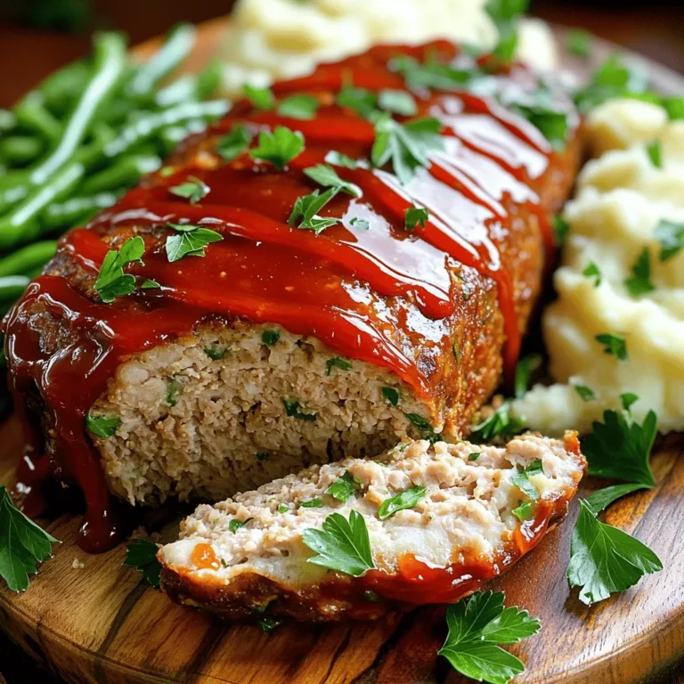 To make a tasty garlic herb turkey meatloaf, you need: - 1 pound ground turkey - 1 cup breadcrumbs (preferably whole wheat) - 1/2 cup freshly grated Parmesan cheese - 1/4 cup fresh parsley, finely chopped - 2 teaspoons garlic powder - 1 teaspoon onion powder - 1 teaspoon dried oregano - 1 teaspoon dried thyme - 1 large egg, lightly beaten - 1/4 cup milk (dairy or non-dairy) - 1 tablespoon Worcestershire sauce - Salt and freshly ground pepper to taste - 1/2 cup ketchup (for topping) These ingredients work together to create a moist and flavorful meatloaf. Ground turkey is a lean meat, making it a healthy choice. Whole wheat breadcrumbs add texture. Fresh herbs and spices boost the flavor. You can add extra zest with these optional items: - 1/2 cup diced bell peppers - 1/2 cup finely chopped onion - 1 teaspoon smoked paprika - 1 tablespoon fresh thyme or rosemary Adding these can give your meatloaf a unique twist. Feel free to mix and match to suit your taste. Pair your meatloaf with these side dishes for a complete meal: - Creamy mashed potatoes - Lightly sautéed green beans - Roasted carrots or Brussels sprouts - A fresh garden salad These sides complement the meatloaf's flavors, creating a well-rounded plate. Enjoy your meal with family or friends, and watch them smile! 1. First, preheat your oven to 350°F (175°C). This helps cook the meatloaf evenly. 2. Next, grab a loaf pan and lightly grease it with cooking spray or olive oil. This step prevents sticking. 3. In a big bowl, mix together the ground turkey, breadcrumbs, grated Parmesan, parsley, garlic powder, onion powder, oregano, thyme, salt, and pepper. Stir well to combine all the dry ingredients. 4. In another bowl, whisk the beaten egg, milk, and Worcestershire sauce. This mixture adds moisture and flavor. 5. Pour the wet mixture into the turkey mixture. Stir gently with your hands or a spatula until just combined. Avoid overmixing to keep the meatloaf light. 6. Shape the mixture into a loaf and place it in the greased loaf pan. Make sure it's even in thickness. 7. Spread ketchup on top of the meatloaf. This will create a tasty glaze as it bakes. 8. Put the meatloaf in the preheated oven. Bake for 45-55 minutes. The cooking time may vary based on your oven. 9. To check if it’s done, use a meat thermometer. The internal temperature should reach 165°F (74°C) for safety. 10. Once baked, take the meatloaf out of the oven. Let it rest for 10 minutes before slicing. This helps keep the juices inside, making it more flavorful and moist. To get the best texture in your meatloaf, do not overmix. When combining the turkey and other ingredients, mix just until blended. This helps keep it light. Use fresh breadcrumbs, as they add air and moisture. For added texture, you can use whole wheat breadcrumbs. They give a nice bite! Use fresh herbs like parsley for a bright taste. Dried herbs like oregano and thyme work well too. Adjust the garlic powder if you love garlic. Worcestershire sauce adds depth and a savory kick. A sprinkle of salt and pepper is key to bring out all the flavors. If your meatloaf is too dry, check the moisture level. Adding a bit more milk or Worcestershire sauce can help. If it’s too dense, remember not to overmix. Use a meat thermometer to ensure it cooks well but stays juicy. If the top burns, cover it with foil halfway through baking. {{image_4}} You can switch up the herbs to make this meatloaf your own. Instead of dried oregano, try dried basil or rosemary. Fresh herbs like thyme or dill can add a bright flavor. You can also add red pepper flakes for a bit of heat. Mix and match to find your favorite blend. If you want a change from turkey, you can use ground chicken or lean beef. Each meat gives a different taste. If you use beef, consider adding more seasoning to balance the flavors. Ground lamb can also make a rich and tasty meatloaf. For gluten-free, swap breadcrumbs with crushed gluten-free crackers or oats. This keeps the texture nice. If you need a dairy-free option, use a non-dairy milk and skip the cheese. You can also add a bit more seasoning to boost flavor without the cheese. To keep your garlic herb turkey meatloaf fresh, store it in an airtight container. Let it cool completely first. You can also wrap it tightly with plastic wrap or aluminum foil. This helps keep moisture in and flavors intact. Store it in the fridge, where it lasts for about 3 to 4 days. When you're ready to enjoy leftovers, preheat your oven to 350°F (175°C). Place the meatloaf in a baking dish. Cover it with foil to keep it moist. Heat for about 20 to 25 minutes, or until it's warm throughout. You can also microwave slices for about 1 to 2 minutes. Make sure they are hot all the way through. If you want to save some for later, freezing is a great option. Slice the meatloaf first for easier portions. Wrap each slice in plastic wrap and then foil. Place them in a freezer-safe bag. This keeps them fresh for up to 3 months. To thaw, move the slices to the fridge overnight. You can also reheat them from frozen. Just add a few extra minutes to the cooking time. Enjoy your flavorful turkey meatloaf anytime! You should bake turkey meatloaf for about 45 to 55 minutes. To ensure it's safe to eat, check that the inside reaches 165°F (74°C). Use a meat thermometer for accuracy. The time may vary based on your oven, so keep an eye on it! Yes, you can use ground chicken instead of turkey. Both meats are lean and work well in meatloaf. The flavor will be slightly different, but it will still taste great. Just follow the same recipe steps for a tasty dish. You can use crushed crackers or oats as a substitute for breadcrumbs. Both options add texture and help bind the meatloaf. Try using whole wheat options for a healthier choice. You can also use ground nuts for a gluten-free version. Absolutely! You can prepare the meatloaf mixture a day before. Store it in the fridge until you’re ready to bake. This method also helps the flavors meld together. If you want, you can even bake it in advance and reheat later. To keep your meatloaf moist, add milk and an egg to the mixture. The ketchup on top also helps. Avoid overmixing the ingredients, as that can make it dense. Let it rest after baking to keep the juices inside. This blog post covered how to make a great garlic herb turkey meatloaf. We explored key ingredients, preparation steps, and tips for the perfect texture. You learned about variations like gluten-free options and served ideas, too. Remember, cooking is about trying new things and having fun. Use your favorite herbs and seasonings. Don't forget to save leftovers properly for tasty meals later. Enjoy your cooking journey!