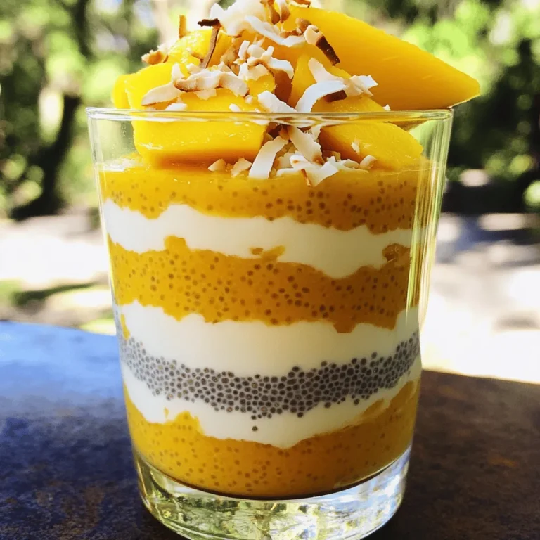 - 1 cup coconut milk - 1/2 cup almond milk - 1/4 cup chia seeds - 2 tablespoons maple syrup - 1 ripe mango - 1/2 teaspoon vanilla extract - A pinch of salt - Fresh mango slices - Toasted coconut flakes Choosing the right coconut milk is key. You can use canned coconut milk for creaminess. If you want a lighter pudding, use unsweetened carton coconut milk. Almond milk works well, but feel free to swap it for your favorite plant-based milk. Maple syrup adds sweetness, but honey is a nice substitute too. A ripe mango is best for smooth puree; it should be soft when gently pressed. Coconut milk is rich in healthy fats that give energy. It also contains vitamins C and E. Almond milk is low in calories and high in vitamin E. Chia seeds are tiny powerhouses. They are high in fiber, protein, and omega-3 fatty acids. Mango adds vitamins A and C, boosting your immune system. This pudding is not just tasty; it’s good for you! To make Mango Coconut Chia Pudding, start by mixing your milks. In a bowl, whisk together 1 cup of coconut milk and 1/2 cup of almond milk. This mix gives the pudding a rich flavor. Next, add 1/4 cup of chia seeds, 2 tablespoons of maple syrup, 1/2 teaspoon of vanilla extract, and a pinch of salt. Stir this mixture well to break up the chia seeds. Let it sit for 5 minutes, then stir again. This helps prevent clumps. Cover the bowl and put it in the fridge for at least 2 hours. If you wait overnight, it will set even better. When you're ready to serve, grab some clear glasses or bowls. Start with a layer of chia pudding at the bottom. This first layer should be thick and creamy. Then, add a layer of smooth mango puree made from a ripe mango. Repeat these layers until your glass is full. Finish with chia pudding on top. For a fun touch, garnish with fresh mango slices and toasted coconut flakes. This makes your dessert look pretty and taste great. One common mistake is not mixing the chia seeds well. If they clump together, you will not enjoy the pudding’s texture. Another mistake is skipping the chilling time. If you do not let it set, the chia seeds won’t absorb enough liquid. Lastly, don’t forget to adjust the sweetness. Taste your mix before chilling. If it needs more sweetness, add a bit more maple syrup or honey. This simple step makes a big difference in flavor. To get the best chia pudding, mix your coconut and almond milk well. When you add chia seeds, stir them in quickly. This helps avoid clumps. Let the mix sit for five minutes, then stir again. This second stir helps the seeds spread out evenly. If you want it thinner, add a splash of almond milk before serving. Maple syrup gives a nice taste, but honey works too. If you want a sugar-free option, use stevia or agave syrup. Just remember to adjust the amount. These sweeteners can change the pudding's flavor a bit, so taste it as you go along. You can make this pudding even more fun! Add a pinch of cinnamon or nutmeg for warmth. A dash of cardamom gives a unique twist. If you like a tropical vibe, add lime zest or a bit of fresh ginger. These flavors blend well with mango and coconut, making each bite a delight! {{image_4}} You can switch the mango for other fruits. Consider ripe bananas, juicy strawberries, or tangy pineapples. Each fruit adds its own flavor. Puree your fruit choice and layer it with the chia pudding. This way, you create fun and colorful layers. You can even mix fruits for more flavors. For example, try mango and pineapple together. It tastes like a tropical vacation! You can use different milks if you want. Almond milk works well, but so does oat milk or soy milk. Each milk gives a unique taste and texture. Coconut milk adds creaminess, while almond milk keeps it light. Experiment with your favorite plant-based milk. You can even mix them for a fun twist. Just remember to keep the ratios similar to the original recipe. If you love chocolate, add cocoa powder to your pudding. Mix in 2 tablespoons of unsweetened cocoa powder with the chia seeds and milk. This adds a rich flavor. You can also make a chocolate layer by mixing cocoa into the mango puree. Layer it between your chia pudding. This creates a delicious chocolate treat that pairs well with the mango. Enjoy the sweet and tangy mix! To keep your mango coconut chia pudding fresh, store it in the fridge. Use an airtight container to prevent odors. If you layer the pudding in glass jars, seal them tightly. This way, you keep the flavors intact and the pudding nice and creamy. Your chia pudding can last for about 4 to 5 days in the fridge. As time goes on, the texture may change slightly. The chia seeds will continue to absorb more liquid, making it thicker. If you find it too thick, just stir in a little almond milk before serving. Chia pudding tastes best cold. Reheating is not necessary and can change the texture. If you prefer it warm, try warming it gently on the stove. Just remember, it might lose some of its creamy charm! Enjoy your pudding straight from the fridge for the best experience. Yes, this recipe is already vegan! You can use coconut and almond milk, both plant-based. If you want a different taste, try oat milk or soy milk. Just avoid honey if you want it fully vegan. Maple syrup works great as a sweetener. You can get creative with toppings! Here are some ideas: - Fresh berries like strawberries or blueberries - Sliced bananas for a sweet touch - Nuts like almonds or walnuts for crunch - Seeds such as pumpkin or sunflower for extra nutrition - A drizzle of nut butter for richness Feel free to mix and match your favorites to make it your own! To avoid clumping, stir the chia seeds well into the milk mixture. Let it sit for about 5 minutes, then stir again. This helps break up any clumps. Remember to whisk vigorously while adding the seeds. If you see clumps later, just mix it again before serving. This way, you’ll have a smooth pudding! In this blog post, we explored the essential ingredients, step-by-step instructions, and helpful tips for your recipe. You learned how to layer, avoid common mistakes, and enhance flavors. We also discussed tasty variations, smart storage practices, and answered your FAQs. Remember, every step counts in making your dish a success. Enjoy experimenting and making it your own. With these insights, you can create something delicious and satisfying every time. Happy cooking!