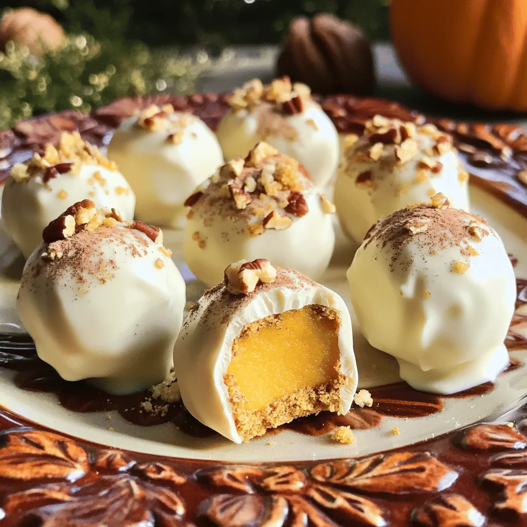 - 1 cup pumpkin puree - 1 cup graham cracker crumbs - 1/2 teaspoon ground cinnamon - 1/4 teaspoon ground nutmeg - 1/4 teaspoon ground ginger - 1/2 cup powdered sugar - 8 ounces white chocolate, finely chopped - 1 tablespoon coconut oil - 1/4 cup crushed pecans or walnuts (for rolling) These ingredients create a rich and flavorful base for your truffles. The pumpkin puree gives a nice creaminess. The graham cracker crumbs add texture and sweetness. The spices like cinnamon, nutmeg, and ginger bring warmth and depth. Together, they make a perfect fall treat. - A pinch of sea salt - Sprinkles or colored sugar for decoration - 1 teaspoon vanilla extract Adding a pinch of sea salt can enhance the sweet flavors. Sprinkles or colored sugar can make your truffles look festive. A dash of vanilla extract adds another layer of flavor. These options let you customize your truffles to your liking. - Large mixing bowl - Spatula or wooden spoon - Parchment-lined baking sheet - Small cookie scoop or your hands - Microwave-safe bowl - Fork for dipping Having the right tools makes this recipe easy. A large bowl helps mix everything smoothly. The parchment-lined baking sheet prevents sticking. A small cookie scoop helps shape uniform truffles. These tools ensure you create perfect treats every time. To start, gather your large mixing bowl. Add 1 cup of pumpkin puree. Next, pour in 1 cup of graham cracker crumbs. Now, sprinkle in 1/2 teaspoon of ground cinnamon and 1/4 teaspoon each of ground nutmeg and ground ginger. Finally, add 1/2 cup of powdered sugar. Mix well using a spatula or wooden spoon. Keep stirring until a smooth dough forms. This base will be the heart of your truffles. Once your mixture is smooth, it’s time to chill. Cover the bowl with plastic wrap or a lid. Place it in the refrigerator for 20 to 30 minutes. This step firms up the mixture, making it easier to shape later. Chilling helps the flavors blend, too. After chilling, take out the mixture. Use a small cookie scoop or your hands to grab some dough. Roll each portion into balls about 1 inch wide. Place the formed truffles on a parchment-lined baking sheet. This will keep them from sticking and make cleanup easier. Now, let’s melt the white chocolate. In a microwave-safe bowl, combine 8 ounces of finely chopped white chocolate with 1 tablespoon of coconut oil. Microwave the bowl in 30-second intervals. Stir after each interval. Keep going until the chocolate is fully melted and smooth. Be careful not to overheat, as this can ruin the texture. Take each truffle and dip it into the melted white chocolate. Use a fork to coat it evenly. Let the excess chocolate drip back into the bowl. Repeat this for each truffle. The shiny layer of chocolate makes them look great and adds sweetness. Once dipped, roll each truffle in crushed pecans or walnuts. This adds flavor and crunch. Place the coated truffles back onto the parchment-lined baking sheet. Return them to the fridge to set for at least 1 hour. This step hardens the chocolate and gives a nice bite. Start by mixing the pumpkin puree and graham cracker crumbs well. Use a spatula or wooden spoon to blend them together. The key is to ensure no dry spots remain. After mixing, cover the bowl tightly. Chill the mixture in the fridge for 20 to 30 minutes. This step helps the dough firm up, making it easier to roll into balls. When melting the white chocolate, chop it finely for even melting. Combine it with coconut oil in a microwave-safe bowl. Heat in 30-second bursts, stirring each time. This method helps prevent overheating, which can lead to clumping. Once melted, dip each truffle carefully. Use a fork for an even coat, and let the excess chocolate drip off. To impress your guests, arrange the truffles on a fancy plate. Drizzle extra melted white chocolate over them for flair. You can also toss in a few crushed nuts on top for added texture. For a fresh look, add a sprig of mint as a garnish. These small touches will make your truffles look as good as they taste! {{image_4}} You can change the taste of your truffles by adding more flavors. Try adding a splash of vanilla extract for sweetness. You can also mix in a bit of maple syrup for a richer taste. Another option is to add a pinch of sea salt for a fun contrast with the sweetness. While pecans and walnuts are great, other nuts work well too. You can use crushed almonds for a nice crunch. Hazelnuts add a unique flavor that pairs well with pumpkin. If you want a sweeter taste, try using chopped macadamia nuts. Each nut brings its own twist to the truffles. If you like less sweet treats, cut back on the powdered sugar. Start with half the amount and taste the mixture. You can always add more if needed. For those who want it sweeter, add a bit more sugar or even a drizzle of honey. This way, you can make the truffles just right for your taste buds. To store leftover truffles, place them in an airtight container. You can layer them with parchment paper to prevent sticking. Keep the container in the fridge. This method keeps them fresh and tasty for days. If you follow this step, your truffles will maintain their great flavor and texture. If you want to store truffles for a longer time, freezing is best. First, place the truffles on a baking sheet. Freeze them until firm, about 1 hour. Once solid, transfer them to a freezer-safe bag or container. You can freeze them for up to three months. When you’re ready to eat, let them thaw in the fridge overnight. No-bake truffles can last for about one week in the fridge. They may lose some texture over time, but the taste remains great. If stored well, the flavor stays rich and enjoyable. Always check for any signs of spoilage before eating, especially if they have been in the fridge for longer than a week. Yes, you can use dark or milk chocolate instead of white chocolate. Each type gives a unique taste. Dark chocolate offers a rich flavor, while milk chocolate adds sweetness. Just remember to adjust the melting process. Dark chocolate may need more time to melt, so check it closely. The truffles need at least 1 hour to set in the fridge. This time allows the chocolate to harden. If you want a firmer truffle, you can chill them longer. Just be sure to cover them well to avoid drying out. Yes, these truffles can be gluten-free! Just use gluten-free graham cracker crumbs. Check the labels to ensure no gluten is present. This way, everyone can enjoy this tasty treat without worry. If you don’t have pumpkin puree, try using sweet potato puree or mashed banana. Both options will give a nice flavor and texture. Just keep in mind that the taste will change slightly, but they will still be delicious. Absolutely! You can make these truffles a few days in advance. Store them in an airtight container in the fridge. This way, you can enjoy them fresh without any last-minute work. White chocolate pumpkin truffles combine rich flavors with simple steps. We covered essential and optional ingredients, along with necessary tools. The step-by-step guide helps you mix, chill, shape, and coat your truffles flawlessly. Tips ensure smooth coatings, and serving ideas make them shine. Feel free to experiment with variations and easily store any extras. These truffles are fun and tasty, perfect for sharing. Enjoy making your own batch that impresses every time!