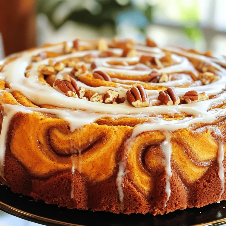 To make this tasty pumpkin cinnamon roll cake, you need some key ingredients. Here’s the list: - 2 cups all-purpose flour - 1 cup granulated sugar - 1 tablespoon baking powder - 1 teaspoon baking soda - 1 teaspoon ground cinnamon - ½ teaspoon ground nutmeg - ½ teaspoon salt - 1 cup pumpkin puree - ½ cup vegetable oil - 2 large eggs - 1 teaspoon vanilla extract - ½ cup brown sugar, packed - 1 tablespoon ground cinnamon (for filling) - 1 cup powdered sugar (for icing) - 2-3 tablespoons milk (for icing) These ingredients create a moist cake with rich flavors. The pumpkin puree gives it a lovely texture and taste, while the spices add warmth. You can enhance the flavor and texture of your cake with a few optional ingredients. Consider adding: - Chopped pecans - Chopped walnuts These nuts add a crunchy contrast to the soft cake. You can sprinkle them on top after icing for a delightful bite. Accurate measuring is key for great baking. Here are some tips: - Use dry measuring cups for flour and sugar. Fill them, then level off with a knife. - For sticky ingredients like pumpkin puree, use a liquid measuring cup. - When using brown sugar, pack it firmly into the cup. This ensures you get the right amount. Taking a moment to measure correctly helps your cake rise and taste just right. First, preheat your oven to 350°F (175°C). This ensures the cake bakes evenly. Grease a 9x13 inch baking dish with non-stick spray or butter. This helps the cake come out easily. In a large bowl, sift together the flour, sugar, baking powder, baking soda, cinnamon, nutmeg, and salt. Mix all the dry ingredients well. In another bowl, whisk the pumpkin puree, vegetable oil, eggs, and vanilla extract. Make sure this mixture is smooth. Next, slowly add the wet mix to the dry mix. Use a spatula to fold them together. Be careful not to over-mix, or the cake will be dense. In a small bowl, mix the packed brown sugar with 1 tablespoon of ground cinnamon. This will be your sweet filling. Pour half of the cake batter into your greased dish. Spread it evenly across the bottom. Now, sprinkle the cinnamon-sugar mixture evenly over this layer. Make sure it covers the batter well. Carefully spoon the remaining batter over the cinnamon-sugar layer. Spread it gently so you don’t disturb the filling. Use a knife or skewer to swirl through the batter. This creates a nice marbled effect. Be gentle to keep the filling intact. Bake the cake for 30-35 minutes. Check with a toothpick in the center. It should come out clean. Watch closely to avoid over-baking. While the cake bakes, mix the powdered sugar with 2-3 tablespoons of milk in a bowl. Stir until it’s pourable. After baking, let the cake cool in the dish for about 10 minutes. Drizzle the icing over the warm cake. This lets it soak in nicely. If you like, add chopped pecans or walnuts for extra crunch. When making Pumpkin Cinnamon Roll Cake, pay attention to a few key points. First, do not over-mix your batter. Over-mixing can lead to a dense cake. Mix just until you see no dry flour. Second, ensure your oven is preheated to the right temperature. An oven that is too hot can burn the cake, while a cool oven will bake it unevenly. Lastly, watch your baking time. If you leave it in too long, the cake can dry out. Always use the toothpick test to check for doneness. Creating a perfect swirl is easy if you follow some simple steps. After pouring in your layers, use a knife or skewer. Start at one edge and move gently through the batter. Make figure-eight motions for even mixing. Remember, don’t overdo it! You want a marbled look, not a fully mixed batter. Lightly lift the knife to create that beautiful swirl. The filling should stay intact for a lovely surprise when you slice the cake. Toppings can really boost the flavor of your Pumpkin Cinnamon Roll Cake. A light drizzle of icing adds sweetness and creaminess. Mix just enough milk into the powdered sugar to make a smooth icing. For crunch, sprinkle chopped pecans or walnuts on top. They add a nice texture and nutty taste. You can also try adding a pinch of sea salt on the icing for a sweet-salty twist. Get creative and make it your own! {{image_4}} To make a gluten-free version, swap the all-purpose flour. Use a gluten-free flour blend instead. Ensure the blend contains xanthan gum for the best texture. The other ingredients remain the same. This swap keeps the cake soft and fluffy. Enjoy a slice without worries about gluten! For a vegan pumpkin cinnamon roll cake, replace the eggs. Use flax eggs instead. Mix one tablespoon of ground flaxseed with three tablespoons of water. Let it sit until it thickens. Also, substitute vegetable oil with coconut oil or applesauce. Use a plant-based milk for the icing. These changes make a tasty vegan dessert. You can add fun flavors to your cake. Consider mixing in chocolate chips or dried fruits. They add sweetness and texture. Try nuts like pecans or walnuts for a crunchy touch. You can also add a dash of vanilla to the batter. This brings a warm flavor to the cake. Feel free to get creative with your additions! To keep your pumpkin cinnamon roll cake fresh, store it in an airtight container. You can place the cake at room temperature for up to three days. If you want it to last longer, refrigerate it. Make sure to wrap it in plastic wrap before placing it in the fridge. This helps keep the cake moist and soft. Reheating leftover cake is easy! You can use the microwave or the oven. For the microwave, place a slice on a microwave-safe plate. Heat it for about 15-20 seconds. Check to see if it's warm enough. If you prefer the oven, preheat it to 350°F (175°C). Place the cake slice on a baking sheet and warm it for about 5-10 minutes. This will help restore the cake's soft texture. You can freeze this cake for later! First, let it cool completely. Then, slice the cake and wrap each piece in plastic wrap. Place the wrapped slices in a freezer-safe bag. Make sure to remove as much air as possible. You can freeze the cake for up to three months. When you're ready to eat it, thaw the cake in the fridge overnight. Then, reheat as needed for the best taste! Yes, you can use fresh pumpkin. Cook and puree it first. This gives a fresh taste. Make sure to measure the same amount as canned pumpkin. Fresh pumpkin may have more water, so drain any excess liquid. To make the cake more moist, add an extra egg. You can also use applesauce or yogurt. These ingredients keep the cake soft. Another tip is to avoid over-baking. Check your cake a few minutes early. You can use melted butter instead of vegetable oil. This adds a rich flavor. You can also use coconut oil or applesauce. Each option changes the taste a bit, so choose what you like best. This blog post covered how to make a delicious pumpkin cinnamon roll cake. We talked about the key ingredients and offered measuring tips for success. The step-by-step guide walked you through preparation, making the filling, and baking. We shared tips to avoid common mistakes, perfect your swirl, and enhance flavor. I also showed you gluten-free and vegan options. Finally, we discussed the best ways to store and reheat your cake. Enjoy experimenting with this recipe and make it your own!