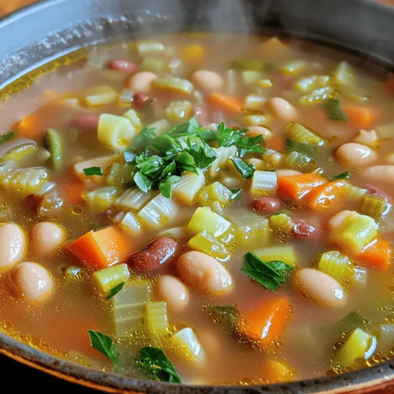 To make this hearty soup, gather these essential ingredients: - 1 tablespoon olive oil - 1 medium onion, diced - 3 garlic cloves, minced - 2 medium carrots, diced - 2 celery stalks, diced - 1 zucchini, chopped - 1 cup green beans, trimmed and cut into 1-inch pieces - 1 cup diced tomatoes (canned or fresh) - 4 cups vegetable broth - 1 cup cannellini beans, drained and rinsed - 1 cup small pasta (such as ditalini or elbow) - 1 teaspoon dried oregano - 1 teaspoon dried basil - Salt and pepper, to taste - 2 cups fresh spinach or kale, roughly chopped - Fresh parsley, chopped for garnish These ingredients create a vibrant and filling dish. Each one adds flavor and nutrients. You can elevate the soup with optional add-ins. Try: - Chopped bell peppers for sweetness - Fresh herbs like thyme or rosemary for depth - A splash of lemon juice for brightness - Grated Parmesan cheese for creaminess These options allow you to customize the soup to your taste. Each ingredient in this minestrone soup brings unique health benefits: - Olive oil: Heart-healthy fats that support good cholesterol. - Onion and garlic: Great for immune support and flavor. - Carrots: Packed with beta-carotene for eye health. - Zucchini and green beans: Low in calories and high in fiber. - Spinach or kale: Loaded with vitamins A, C, and K. - Cannellini beans: A good source of protein and fiber. The blend of these ingredients creates a nutrient-rich delight for your body. First, grab a large pot. Heat 1 tablespoon of olive oil over medium heat. When the oil shimmers, add 1 medium diced onion. Cook it until it turns soft and clear. This takes about 5 minutes. Next, add 3 minced garlic cloves, 2 diced carrots, and 2 diced celery stalks. Stir them well for another 5 minutes. The smell will be amazing! Now, it's time to add more vegetables. Toss in 1 chopped zucchini and 1 cup of green beans that you cut into 1-inch pieces. Cook these for about 3 minutes. They should be tender but still crisp. Then, pour in 1 cup of diced tomatoes and 4 cups of vegetable broth. Stir everything together. Add 1 cup of rinsed cannellini beans, 1 teaspoon of dried oregano, and 1 teaspoon of dried basil. Season with salt and pepper to your taste. Let the soup simmer gently. Once the soup is simmering, it’s time for the pasta! Fold in 1 cup of small pasta, like ditalini or elbow. Cook according to the package instructions, usually around 8-10 minutes. You want the pasta to be al dente, not mushy. This gives the soup a nice bite. Before you serve, add 2 cups of fresh spinach or chopped kale. Stir it in and let it wilt for a minute or two. It adds color and nutrition. Taste the soup and adjust the seasoning with more salt or pepper if needed. Now, ladle the hot soup into bowls. Garnish with fresh chopped parsley for a lovely touch. Serve with some crusty whole-grain bread on the side for dipping. Enjoy your veggie-packed delight! To boost flavor, always use fresh herbs. Try basil and oregano for a bright taste. Sauté garlic and onion in olive oil for depth. Add a splash of balsamic vinegar for tang. A sprinkle of red pepper flakes gives a nice kick. Simmer the soup longer for richer flavors. Let it rest overnight for a deeper taste. Don’t rush the cooking of your vegetables. If you skip the sautéing step, flavors won’t fully develop. Avoid overcooking pasta; it should be al dente. Don’t forget to taste as you go. Adjust salt and pepper to suit your preference. Using low-quality broth can dull the soup’s flavor. Always choose a good vegetable broth for best results. Serve your minestrone hot in deep bowls. Garnish with fresh parsley to add color. Whole-grain bread makes a perfect side for dipping. You can pair it with a simple green salad. For a fun twist, add a sprinkle of cheese on top. This soup works well with a light red wine. Enjoy this warm, hearty meal with loved ones! {{image_4}} You can easily make minestrone soup vegetarian or vegan. To keep it vegetarian, use vegetable broth and add cheese for extra flavor. If you want a vegan option, skip the cheese and check the broth ingredients. Many store-bought broths may contain animal products, so be sure to read labels. You can still enjoy a rich and hearty soup without animal products. Feel free to mix and match veggies in your minestrone. If you have leftover vegetables, toss them in! Try using bell peppers, peas, or even sweet potatoes. Each veggie adds its own flavor and texture. Don't hesitate to use frozen vegetables if fresh ones aren't available. They can be just as nutritious and tasty. The type of pasta can change your soup's vibe! While ditalini and elbow macaroni are classic choices, try using whole grain or gluten-free pasta. You can also use small shapes like orzo or fusilli. Each pasta brings a unique twist to the dish. Just remember to cook the pasta separately if you want to store leftovers. This keeps it from getting mushy in the soup. After making your veggie-packed minestrone soup, let it cool. Once cool, transfer it to an airtight container. This helps keep the soup fresh and tasty. Store it in the fridge for up to three days. Make sure to label your container with the date. If you want to save some soup for later, freezing is a great option. Use freezer-safe containers or bags. Leave some space at the top, as the soup will expand when frozen. Your minestrone can last in the freezer for up to three months. When ready to eat, thaw it overnight in the fridge. Reheat the soup on the stove over medium heat. Stir often to prevent it from sticking. For the best taste, eat your soup within three days if stored in the fridge. When frozen, try to use it within three months for the best flavor. Always check for any off smells or changes in texture before eating. If you see any signs of spoilage, it's best to throw it away. Following these storage tips will keep your veggie-packed minestrone soup fresh and delicious! Yes, you can make this soup ahead. It tastes even better the next day. Store it in the fridge for up to three days. Reheat it on the stove or in a microwave before serving. To thicken your minestrone soup, you have several options. You can add more beans and mash some against the pot. Another way is to add a bit of cornstarch mixed in water. You can also let the soup simmer longer to reduce it. The best vegetables for minestrone include: - Carrots - Celery - Zucchini - Green beans - Spinach or kale Feel free to add seasonal veggies like peas or bell peppers for more flavor. Yes, you can make this soup in a slow cooker. Sauté the onion and garlic first for better flavor. Then add all the other ingredients, except for the pasta. Cook on low for 6-8 hours. Add pasta in the last 30 minutes of cooking. Minestrone soup is very healthy. It is packed with vegetables, fiber, and protein from beans. The broth is low in calories, and you can control the salt. It makes a great meal for anyone looking to eat well. Minestrone soup is a tasty and healthy choice. You learned about key ingredients and how to prep them. We looked at ways to enhance flavor and avoid common mistakes. Remember, you can switch up vegetables or pasta types for fun variations. Store leftovers safely and reheat them with care for the best taste. Enjoy making this soup often, as it is perfect for any meal. Eating well can be simple and delicious!