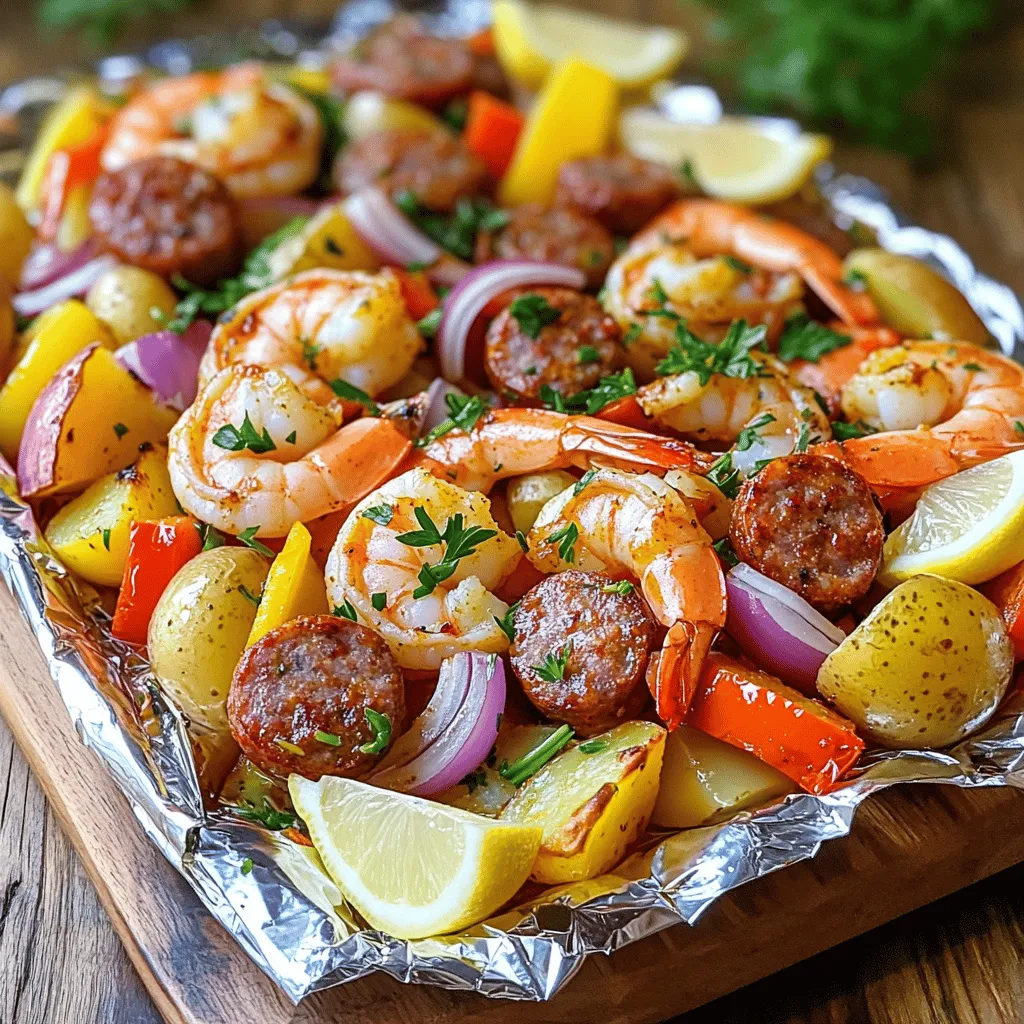 - 1 pound large shrimp, peeled and deveined - 12 ounces smoked sausage, sliced into coins - 1 bell pepper (any color), diced - 1 medium red onion, finely diced - 2 cups baby potatoes, halved - 4 cloves garlic, minced - 3 tablespoons olive oil - 2 tablespoons Cajun seasoning - 1 teaspoon smoked paprika - Salt and black pepper, to taste - Fresh parsley, chopped (for garnish) - Lemon wedges, for serving The beauty of Cajun shrimp and sausage foil packs lies in their simplicity and flavor. You can find everything you need at your local grocery store. Start with a pound of large shrimp. It’s best to use shrimp that is peeled and deveined for ease. Next, grab some smoked sausage. The sausage adds a delicious, smoky flavor. Slice it into coins for even cooking. You’ll also need a bell pepper. Any color works, so pick your favorite! A medium red onion adds sweetness and depth. Don’t forget about the baby potatoes; they make this meal hearty. Halve them to ensure they cook well. Now, let’s talk seasoning. Garlic is a must for that aromatic kick. You’ll need minced garlic for this dish. Olive oil helps to bind the flavors together. For a kick, use Cajun seasoning and smoked paprika. These spices will bring that signature Cajun flavor to life. Add salt and black pepper to taste. Finally, fresh parsley will brighten the dish. Serve with lemon wedges for a zesty finish. These ingredients come together to create a meal that is both easy to make and packed with flavor. First, you need to preheat your grill to medium-high heat. If you prefer to bake, set your oven to 400°F (200°C). Next, prepare four pieces of heavy-duty aluminum foil, each about 12x12 inches. Lay them flat on a clean surface. This will help you easily handle the ingredients later. In a large mixing bowl, combine the following ingredients: - 1 pound large shrimp, peeled and deveined - 12 ounces smoked sausage, sliced into coins - 1 bell pepper (any color), diced - 1 medium red onion, finely diced - 2 cups baby potatoes, halved Gently toss the mixture until everything is well combined. This helps the flavors mix before cooking. In another small bowl, whisk together: - 3 tablespoons olive oil - 2 tablespoons Cajun seasoning - 1 teaspoon smoked paprika - Salt and black pepper, to taste Pour this tasty mixture over your shrimp and sausage blend. Make sure every piece is coated well. This step adds a lot of flavor to your dish. Now, take the shrimp and sausage mixture and evenly distribute it onto the center of each foil piece. This creates a mound, which makes folding easier. Carefully fold up the sides of the foil to seal your packs tightly. Ensure there are no holes so that the juices stay inside while cooking. Place your prepared foil packs on the grill or in the oven. Cook for about 15-20 minutes. It's important to check for doneness. The shrimp should be opaque, the sausage hot, and the potatoes soft when pierced with a fork. After cooking, remove the foil packs from the heat. Let them rest for a couple of minutes. Be careful when opening, as steam will escape. Serve the foil packs directly on plates or in bowls. Top with freshly chopped parsley and add lemon wedges for a zesty garnish. Enjoy your flavorful meal! To ensure your shrimp cook perfectly, look for them to turn pink and opaque. This change shows they are done. Avoid overcooking. Overcooked shrimp can become rubbery. For sealing foil packs, fold the edges tightly. This keeps flavors and juices inside. Make sure there are no holes in the foil. A good seal ensures a flavorful meal. To amp up the flavor, consider adding more spices. A pinch of cayenne pepper gives heat. You can also add dried thyme or oregano for an earthy touch. Fresh herbs like basil or cilantro also pair well. These enhancements bring out the Cajun spirit in your dish. Serve your Cajun shrimp and sausage foil packs with sides like rice or crusty bread. These sides soak up the tasty juices. A fresh green salad adds a nice crunch. You can also include corn on the cob for a classic touch. Lemon wedges add brightness to each bite, enhancing the flavors perfectly. {{image_4}} You can easily swap shrimp for chicken or another seafood. Chicken thighs work well here. Cut them into bite-sized pieces for even cooking. If you prefer fish, salmon or cod is a tasty choice. Just adjust the cooking time, as fish cooks faster than shrimp or sausage. Feel free to mix in different veggies. Zucchini, corn, and asparagus add great texture. You can also try cherry tomatoes or green beans for color. Just remember to cut all veggies to a similar size. This helps them cook evenly with the shrimp and sausage. You can cook these foil packs in the oven or on the grill. For the oven, set it to 400°F (200°C). Bake for 15-20 minutes. If you use the grill, preheat to medium-high heat. Grill for the same time. Both methods create a smoky flavor and keep the meal juicy and tender. Store any leftover Cajun shrimp and sausage foil packs in the fridge. Use an airtight container to keep them fresh. Make sure they cool down first. They will stay tasty for about three days. Reheating them later is easy and quick. To freeze, let the foil packs cool completely. Wrap each pack tightly in plastic wrap, then place them in a freezer bag. Make sure to label the bags with the date. They can stay in the freezer for up to three months. When you want to eat them, thaw them overnight in the fridge. To reheat, you have a few options. You can use the oven or a microwave. For the oven, preheat it to 350°F (175°C). Place the foil packs on a baking sheet and warm for about 15 minutes. If you use a microwave, remove the foil first and place the mix in a microwave-safe dish. Heat for 2-3 minutes, stirring halfway through. Check that the shrimp is hot all the way through before serving. Cook Cajun Shrimp & Sausage Foil Packs for 15 to 20 minutes. You can use a grill or an oven preheated to 400°F (200°C). Check the shrimp; they should turn opaque. The sausage needs to be hot, and the potatoes must be soft when poked with a fork. Yes, you can prepare the foil packs ahead of time. Assemble your packs and store them in the fridge. Just cook them when you are ready. This makes meal prep easy for busy days or gatherings. Use a good quality Cajun seasoning blend. You can find many options in stores. Look for blends with spices like paprika, garlic, and cayenne pepper. You could also make your own by mixing these spices together. Yes, these foil packs are gluten-free. The main ingredients, shrimp, sausage, and vegetables, do not contain gluten. Always check the sausage package to be sure it does not have gluten in the ingredients. Serve the foil packs directly on plates or a wooden board. This makes it fun for everyone to dig in. Add fresh parsley on top and lemon wedges for a zesty touch. Enjoying them straight from the pack adds to the experience! Cajun Shrimp and Sausage Foil Packs are a simple yet tasty meal choice. We discussed the main ingredients, easy prep steps, and cooking tips to enhance flavor. With various protein and vegetable options, these packs fit any taste. Store leftovers safely, and they can be reheated without losing flavor. Experiment with seasoning and enjoy a fun cooking experience. You can make a delicious meal in no time!