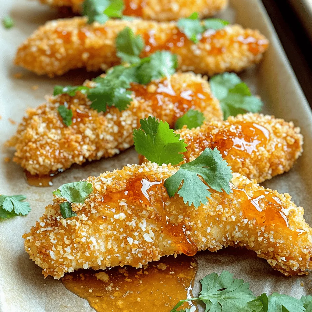 - 1 lb chicken tenders - 1/2 cup all-purpose flour - 1/2 cup panko breadcrumbs - 1 teaspoon garlic powder - 1 teaspoon onion powder - 1/2 teaspoon smoked paprika - Salt and black pepper to taste - 1/4 cup honey - 1/4 cup Sriracha sauce - 1 tablespoon soy sauce - Fresh cilantro, finely chopped (for garnish, optional) When making Sriracha honey chicken tenders, the ingredients matter a lot. First, I use chicken tenders because they cook quickly and stay juicy. Next, all-purpose flour gives a nice base for the egg. The panko breadcrumbs add great crunch. For seasonings, garlic powder and onion powder boost the taste. Smoked paprika gives a warm flavor, while salt and black pepper are basic needs. The sauce is where the magic happens. Honey brings sweetness, while Sriracha adds heat and flavor. Soy sauce rounds it out with a savory touch. I like to garnish with fresh cilantro for a pop of color and flavor. These ingredients come together to create a dish that is both simple and full of flavor. 1. Start by preheating your oven to 400°F (200°C). 2. Line a baking sheet with parchment paper. This helps with cleanup and keeps the tenders from sticking. 3. In a shallow mixing bowl, mix together: - 1/2 cup all-purpose flour - 1 teaspoon garlic powder - 1 teaspoon onion powder - 1/2 teaspoon smoked paprika - Salt and black pepper to taste This mix adds great flavor to the chicken. 1. In another bowl, crack one large egg and beat it well. 2. In a third bowl, add 1/2 cup panko breadcrumbs. 3. Take one chicken tender. First, dip it in the flour mix. Shake off any extra flour. 4. Next, dip the floured tender into the beaten egg. Let extra egg drip back into the bowl. 5. Roll the chicken tender in the panko breadcrumbs. Press gently so they stick well. 6. Place the coated tenders on the lined baking sheet in a single layer. 1. In a small bowl, mix together: - 1/4 cup honey - 1/4 cup Sriracha sauce - 1 tablespoon soy sauce Whisk until smooth. This sauce gives the tenders a tasty glaze. 2. Brush half of the sauce over the chicken tenders before baking. 3. Bake the tenders for 15-20 minutes. They should be golden brown and cooked through (165°F or 74°C). 4. In the last 2-3 minutes, brush the rest of the sauce over the tenders. This makes them extra sticky and flavorful. 5. Once done, let the chicken rest for a few minutes. This keeps them juicy. 6. Optionally, sprinkle chopped cilantro on top before serving for added color and taste. To make your chicken tenders extra crunchy, use panko breadcrumbs. They add a light and crisp texture. Regular breadcrumbs won't give you the same result. Also, the oven temperature is key. Preheat your oven to 400°F (200°C) for the best crunch. This high heat cooks the chicken fast and crisps the coating nicely. Adjust the Sriracha levels to match your heat preference. If you like it spicy, add more Sriracha. For a milder taste, use less. You can also customize the sauce. Try adding lime juice for a zesty kick or sesame oil for depth. These small changes can make a big difference in flavor. Pair your chicken tenders with sides like coleslaw or sweet potato fries. They add color and flavor. For dips, ranch or blue cheese work well. Presentation matters too! Serve the tenders on a rustic wooden platter. Add lime wedges on the side for a fresh touch. This makes your dish more appealing and fun to eat. {{image_4}} You can use boneless chicken breasts instead of tenders. They work just as well. Cut them into strips for easy cooking. If you want variety, try tofu or shrimp. Both options soak up flavors well and make great alternatives. Add spices to change up the taste. Consider cayenne for heat or cumin for warmth. You can also mix in herbs like thyme or oregano. Serve the tenders with different sauces too. A sweet chili sauce or ranch dressing can add a fun twist. Baking is healthier and easy. It needs less oil and is less messy. Frying, however, gives a crispier texture. If you decide to fry, heat the oil to 350°F. Cook them in small batches to keep the oil hot. This will help them cook evenly and stay crispy. To store chicken tenders, place them in a shallow, airtight container. Make sure to let them cool down first. This helps keep them fresh. In the refrigerator, they last about 3 to 4 days. If you want, you can also wrap them tightly in foil or plastic wrap. This method works well too. When you want to reheat chicken tenders, the best method is the oven. Preheat it to 350°F (175°C). Place the tenders on a baking sheet and heat for about 10 to 15 minutes. This keeps the outside crispy. You can also use an air fryer for a quick option. Just set it to 350°F and check after 5 minutes. Avoid using the microwave, as it can make them soggy. To freeze chicken tenders, first, let them cool completely. Then, place them in a freezer-safe bag or container. Be sure to remove as much air as possible. They can stay frozen for about 2 to 3 months. When you’re ready to eat, thaw them in the fridge overnight. Reheat using the oven or air fryer as mentioned above for the best results. Yes, you can. Here are some common substitutes: - Chicken tenders: Use boneless chicken breasts. - All-purpose flour: Almond or coconut flour works well. - Panko breadcrumbs: Try crushed rice cereal or gluten-free breadcrumbs. - Honey: Maple syrup or agave nectar are good swaps. - Sriracha sauce: Use chili paste or hot sauce for a different flavor. These options help if you have allergies or dietary needs. To make this dish gluten-free, use these alternatives: - Replace all-purpose flour with a gluten-free flour blend. - Use gluten-free panko breadcrumbs or crushed rice cereal for crunch. - Ensure the soy sauce is gluten-free or use tamari instead. These swaps keep the taste while making it safe for gluten-free diets. You can check if the chicken is fully cooked in two ways: - Use a meat thermometer. The internal temperature should reach 165°F (74°C). - Look for clear juices. If the juices run clear when cut, it's done. Both methods ensure your chicken is safe and tasty. This recipe for chicken tenders covers all the basics. We explored key ingredients, like chicken, flour, and seasonings. You learned how to coat and bake for a perfect crunch. Tips on storage and variations helped you get creative. In the end, you can enjoy these tenders any way you like. Whether you spice them up or serve them with a new sauce, the sky's the limit. Happy cooking!