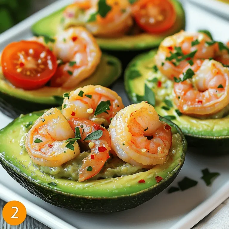 To make shrimp scampi stuffed avocados, you need: - 2 ripe avocados - 1 pound large shrimp, peeled and deveined - 4 cloves garlic, minced - 2 tablespoons olive oil - 1 tablespoon fresh lemon juice - 1 teaspoon lemon zest - 1/4 teaspoon red pepper flakes (or to taste) - Salt and freshly ground black pepper, to taste - 2 tablespoons fresh parsley, finely chopped - 1/4 cup cherry tomatoes, halved (for garnish) If you need changes, here are some ideas: - Use tail-on shrimp for a fancy look. - Swap olive oil with avocado oil for a richer taste. - For a spicy kick, try adding diced jalapeños instead of red pepper flakes. - Use lime juice and zest if you prefer a different citrus flavor. - Replace fresh parsley with cilantro for a fresh twist. When picking shrimp, look for: - A firm texture and a sweet smell. - Shells that are shiny and clean. - No black spots or signs of freezer burn. For avocados, choose: - Ones that feel slightly soft when you press them. - Dark green skin, if you want Hass avocados. - Avoid any that have large dark spots or dents. These tips help ensure your dish tastes great. Enjoy making your shrimp scampi stuffed avocados! Start by cutting the avocados in half. Use a sharp knife to slice lengthwise. Gently remove the pit from each half. Be careful not to harm the flesh. Next, take a spoon and scoop out a bit of the avocado. Place the removed flesh in a bowl. We will use this later for the filling. Heat olive oil in a large skillet over medium heat. Wait until the oil shimmers and glistens. Add minced garlic and red pepper flakes to the skillet. Sauté for one to two minutes. Watch closely so the garlic does not brown. It should smell great but stay light in color. Now, add the shrimp to the skillet. Season them with salt and freshly ground black pepper. Cook the shrimp for about three to four minutes. Stir occasionally until they turn pink and opaque. Once cooked, remove the skillet from heat. Stir in fresh lemon juice, lemon zest, and chopped parsley. This adds a bright flavor. Gently fold in the reserved avocado flesh to create a creamy stuffing. Carefully spoon the shrimp scampi mixture into each avocado half. Pack the filling gently but firmly. Ensure each half is full and inviting. To finish, garnish with halved cherry tomatoes. This adds color and a fresh taste. Your stuffed avocados are now ready to serve! To cook shrimp perfectly, heat your pan well. Start with medium heat and add olive oil. When the oil shimmers, add minced garlic and red pepper flakes. This step adds flavor. Then, add the shrimp. Cook them for 3-4 minutes. Look for a pink color, which shows they are done. Remove them from heat to avoid overcooking. Seasoning shrimp right is key. Use salt and black pepper to bring out the taste. Fresh lemon juice and zest add brightness. Red pepper flakes give a kick, but adjust based on your taste. Fresh parsley adds a nice herb flavor. Mixing these ingredients makes your shrimp scampi shine. Serve stuffed avocados on a sleek white platter. This contrast highlights their colors. Drizzle extra olive oil for a glossy finish. Add a sprinkle of fresh parsley for a pop of green. Placing halved cherry tomatoes on top adds color. This makes your dish look fresh and inviting. {{image_4}} You can play with the filling in stuffed avocados. Try different proteins like chicken or crab. For a vegetarian option, use black beans or quinoa. You can also mix in roasted veggies. This adds color and flavor. For a creamy touch, consider adding some feta cheese or Greek yogurt. Each option gives a new twist to the dish. Pair your shrimp scampi stuffed avocados with fresh sides. A light salad with mixed greens works well. You can add a simple vinaigrette for extra zing. Grilled vegetables also complement the flavors. For a heartier meal, serve with crusty bread. It’s perfect for dipping into any leftover filling. This dish is naturally gluten-free. If you're dairy-free, skip any cheese or creamy sauces. Use olive oil and lemon juice as your main flavors. You can also swap shrimp for tofu or chickpeas for a plant-based dish. These changes keep the meal tasty and inclusive for everyone. To store leftovers, first let the stuffed avocados cool. Place them in an airtight container. If you can, separate the shrimp filling from the avocado halves. This keeps the avocado from browning too fast. Use the reserved avocado flesh within a day for best taste. When you want to reheat, take the filling out of the avocado. Place it in a microwave-safe dish. Heat it for about 30 seconds or until warm. Avoid reheating the avocado itself. It can become mushy and lose its great taste. Freezing stuffed avocados is not ideal. The texture of the avocado changes after freezing. However, you can freeze the shrimp filling. Place it in a freezer bag. Squeeze out the air and seal it well. It can last up to three months in the freezer. When you're ready, thaw it in the fridge overnight before reheating. Yes, you can use frozen shrimp. Just make sure to thaw them first. Place the shrimp in a bowl of cold water for about 15-20 minutes. This method helps them thaw evenly and stay firm. After thawing, pat them dry with a paper towel before cooking. This will help the shrimp cook well and avoid excess moisture in the dish. If you need a substitute for avocado, you can try using cooked quinoa or a creamy yogurt. Both options add a nice texture and flavor. Quinoa will give your dish a hearty feel, while yogurt can add creaminess. You can also use a small baked potato. Just make sure to scoop out some flesh to create space for the filling. You can tell shrimp are fully cooked when they turn pink and opaque. Look for a firm texture that curls slightly. This usually takes about 3-4 minutes when cooking over medium heat. If you have a thermometer, the internal temperature should reach 120°F (49°C). Make sure not to overcook the shrimp. They can become tough and chewy if cooked too long. This blog post shared how to make stuffed avocados with shrimp scampi. We covered key ingredients, tips for fresh selections, and step-by-step cooking. I shared techniques for better flavor and presentation ideas to impress. You can also try variations with fillings and sides, and I provided guidelines for storing and reheating. Now, you have all the tools to create this tasty dish. Enjoy making it your own!