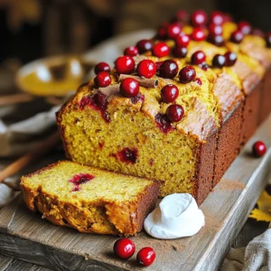 - 1 ½ cups all-purpose flour - 1 teaspoon baking powder - 1 teaspoon baking soda - ½ teaspoon salt - 1 teaspoon ground cinnamon - ½ teaspoon ground nutmeg - ½ cup granulated sugar - ½ cup packed brown sugar - ½ cup vegetable oil - 2 large eggs - 1 cup canned pumpkin puree - 1 teaspoon vanilla extract - 1 cup fresh or dried cranberries - ½ cup chopped walnuts or pecans (optional) You can add chopped apples or pears for a fruity twist. A touch of maple syrup can enhance the sweetness. You might also consider adding a pinch of ginger for a warm spice kick. When selecting cranberries, look for bright, firm berries. Avoid any that are soft or shriveled. For pumpkin puree, choose a brand without added sugars or spices. If using fresh nuts, make sure they are unsalted and not stale for the best taste. First, preheat your oven to 350°F (175°C). This step warms the oven and prepares it for baking. Next, grease a 9x5 inch loaf pan. Use butter or non-stick spray to prevent sticking. This will help keep our bread intact after baking. Now, gather your dry ingredients. In a medium bowl, whisk together the flour, baking powder, baking soda, salt, cinnamon, and nutmeg. Mix until everything is well combined. Set this bowl aside for later. In a large mixing bowl, combine the granulated sugar, brown sugar, and vegetable oil. Use a whisk or electric mixer to blend these until smooth. This creates a rich base for our bread. Next, add the eggs, one at a time. Make sure to mix well after each egg. This helps create a light texture. Once the eggs are mixed in, add the pumpkin puree and vanilla extract. Stir gently to combine these wet ingredients. Now, it’s time to combine our mixtures. Gradually fold the dry ingredients into the wet mixture. Stir gently until just combined. Avoid overmixing, as this can lead to dense bread. Finally, fold in the cranberries and nuts if you choose to use them. Make sure they are evenly spread throughout the batter without overworking it. Pour the batter into your prepared loaf pan. Smooth the top with a spatula for an even surface. Place the pan in the preheated oven. Bake for 60 to 70 minutes. The bread is ready when a toothpick inserted in the center comes out clean. If the top browns too fast, cover it loosely with aluminum foil. Once baked, let the bread cool in the pan for about 10 minutes. After that, carefully remove it from the pan. Place it on a wire rack to cool completely. This step helps the bread maintain its texture and flavor. Enjoy your baking adventure! When making pumpkin cranberry bread, avoid these common pitfalls: - Overmixing the batter: This can lead to tough bread. Mix until just combined. - Skipping the greasing step: Always grease your pan. This prevents sticking. - Not measuring ingredients correctly: Use measuring cups for accuracy. This affects texture and taste. To achieve a light and fluffy texture, follow these tips: - Use room temperature eggs: This helps them mix better with your wet ingredients. - Fold gently: When adding dry ingredients, fold carefully. This keeps air in the batter. - Check your oven temperature: Use an oven thermometer. An accurate temp ensures even baking. If you have extra ingredients, try these ideas: - Pumpkin puree: Add it to smoothies or oatmeal for a tasty boost. - Cranberries: Use them in salads or mix them into yogurt for a sweet treat. - Nuts: Chop leftover walnuts or pecans for topping on salads or adding to granola. These tips will help you create a delicious pumpkin cranberry bread that everyone will love! {{image_4}} If you have dietary needs, you can modify this recipe. Here are some easy swaps: - Flour: Use gluten-free flour if you need it gluten-free. - Sugar: Substitute coconut sugar or a sugar alternative for a lower-calorie option. - Eggs: Replace eggs with flaxseed meal mixed with water for a vegan choice. - Oil: Use applesauce instead of oil for a lighter bread. These changes keep the delicious flavor while meeting your needs. Want to make this bread unique? Try these flavor ideas: - Chocolate Chips: Add ½ cup of dark chocolate chips for a sweet twist. - Zest: Mix in orange or lemon zest for a bright flavor kick. - Spices: Experiment with ginger or allspice for more warmth. - Nuts: Use pecans or hazelnuts instead of walnuts for different textures. These options can turn your pumpkin cranberry bread into a new favorite. You can adapt this bread for any holiday. Here are some festive ideas: - Thanksgiving: Add a pinch of clove or cardamom for a warm, spiced touch. - Christmas: Mix in chopped dried fruits like apricots or figs for a holiday feel. - Easter: Include lemon or lime zest to brighten up the flavor for spring. These variations keep your pumpkin cranberry bread fresh and exciting all year round. Store your pumpkin cranberry bread in a cool, dry place. Wrap it tightly in plastic wrap or foil. This keeps it fresh and moist. You can also place it in an airtight container. Avoid storing it in the fridge, as this can make it dry out faster. To freeze pumpkin cranberry bread, let it cool completely. Wrap the loaf in plastic wrap tightly. Then, wrap it again in aluminum foil. This two-layer method prevents freezer burn. You can freeze it for up to three months. When ready to eat, thaw it in the fridge overnight. Then, enjoy it at room temperature or toast slices. Pumpkin cranberry bread lasts about 4 to 5 days at room temperature. If you see mold or it smells off, it is time to toss it. If the crust feels hard or the bread seems dry, it may not taste good. Always check for these signs before enjoying another slice. Yes, you can use fresh cranberries! Fresh cranberries give a tart flavor to the bread. They also add a nice pop of color. Just wash them and chop them in half before adding to the batter. If you use fresh cranberries, your bread will taste a bit more tangy. You might want to add a bit more sugar to balance the flavors. To make this recipe gluten-free, swap the all-purpose flour for a gluten-free flour blend. Use a blend that includes xanthan gum, which helps the bread rise and stay together. You may need to adjust the liquid slightly, as gluten-free flour can absorb more moisture. Be sure to check the baking powder, as some brands are not gluten-free. Pumpkin cranberry bread pairs well with many things! You can enjoy it with cream cheese or butter. A drizzle of honey or maple syrup adds sweetness. For a special touch, serve it with a hot cup of tea or coffee. You could also add some fruit or yogurt for a lovely breakfast. This blog post covered essential tips for making delicious pumpkin cranberry bread. You learned about the main ingredients and how to choose fresh produce. I laid out detailed steps for mixing and baking, plus tips to avoid common mistakes. We also explored variations for dietary needs and seasonal flavors. Finally, I shared best practices for storage and answers to common questions. With these insights, you're ready to create a tasty treat. Enjoy your baking and feel free to experiment!